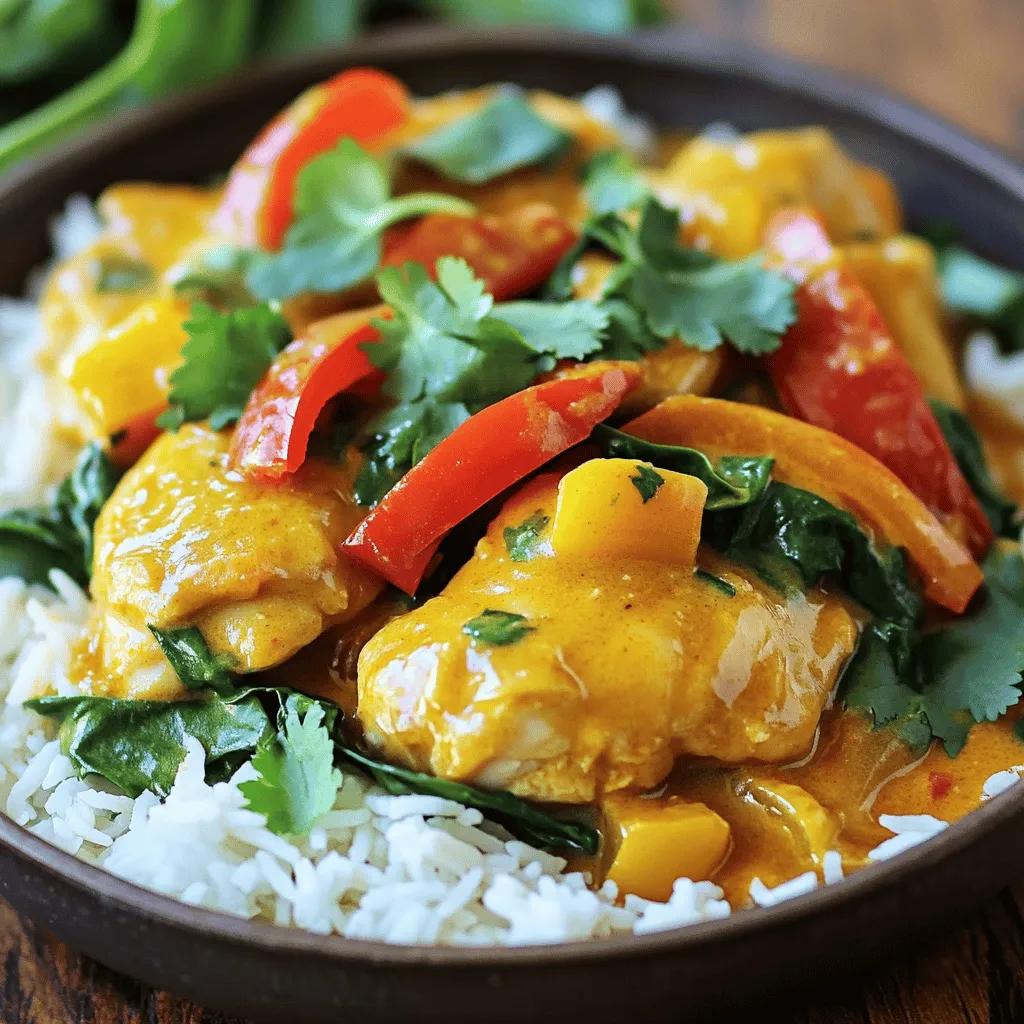 For this easy coconut curry chicken, gather these items: - 1.5 lbs boneless, skinless chicken thighs, cut into bite-sized pieces - 1 can (13.5 oz) coconut milk - 2 tablespoons red curry paste - 1 tablespoon fish sauce - 1 tablespoon brown sugar - 2 cups chicken broth - 1 large onion, diced - 3 cloves garlic, minced - 1-inch piece ginger, grated - 1 bell pepper (red or yellow), sliced - 2 cups baby spinach - 2 tablespoons vegetable oil - Salt and pepper to taste - Fresh cilantro for garnish - Cooked jasmine rice for serving You can add these for a richer taste: - 1 tablespoon lime juice for brightness - 1 tablespoon soy sauce for depth - Chopped jalapeños for heat - Peas or carrots for added texture Have some dietary needs? Here are some swaps: - Use tofu or chickpeas instead of chicken for a plant-based option. - Swap coconut milk with almond or soy milk if you prefer. - Use low-sodium broth and soy sauce for a healthier choice. - Replace fish sauce with a vegan alternative or omit it entirely. Feel free to explore the Full Recipe for complete cooking guidance. To make Easy Coconut Curry Chicken, you need to prepare your ingredients first. Gather everything on your counter. Prepare the chicken by cutting it into small pieces. Dice the onion, mince the garlic, and grate ginger. Slice your bell pepper. This will help the cooking go smoothly and quickly. 1. Heat vegetable oil in a large skillet over medium heat. 2. Add the diced onion. Sauté it for 3-4 minutes. The onion should turn translucent. 3. Next, add minced garlic and grated ginger. Cook for 1-2 minutes. Stir often to avoid burning. 4. Stir in red curry paste. Cook it for another minute to release its flavor. 5. Add the chicken pieces into the skillet. Stir well to coat them in the curry mix. Cook for 5-6 minutes until they brown. 6. Pour in coconut milk, chicken broth, fish sauce, and brown sugar. Mix well, then bring it to a gentle simmer. 7. Lower the heat. Let it simmer for 15 minutes. Stir occasionally until the chicken is fully cooked and the sauce thickens. 8. Add sliced bell pepper and baby spinach. Cook for an extra 5 minutes. The bell pepper should soften, and the spinach will wilt. 9. Season with salt and pepper to taste. Adjust flavors to your liking. 10. Serve the coconut curry hot over jasmine rice. Garnish with fresh cilantro for a bright finish. - Sautéing: This method helps to build flavor. Start with onions, then add garlic and ginger. - Simmering: This technique allows the chicken to cook slowly. It helps the flavors blend together. - Seasoning: Always taste your dish. Adjust the salt and pepper to enhance the flavor. For the full recipe, check out the details provided earlier. Happy cooking! When cooking chicken for coconut curry, use boneless, skinless thighs. They stay juicy and tender. Cut them into small pieces for even cooking. Always make sure your pan is hot before adding the chicken. This helps to sear the meat nicely. Avoid overcrowding the pan; it can steam the chicken instead of browning it. To boost flavors, use fresh garlic and ginger. They add a bright taste. Adding lime juice at the end can bring a nice zing. You can also toss in extra spices like cumin or coriander for depth. Fresh cilantro makes a great garnish, too. It adds color and a fresh taste to each bite. One common mistake is not letting the chicken brown enough. This can lead to a bland dish. Another issue is rushing the simmering step. Letting it simmer allows flavors to meld. Avoid adding too much salt at first; you can always adjust later. Lastly, don’t skip the coconut milk; it’s key to achieving that creamy texture. For the full recipe, check the detailed instructions above. {{image_2}} If you want a vegetarian dish, swap the chicken for firm tofu. Cut the tofu into small cubes. Use the same cooking steps. This will keep the flavor strong and rich. You can also add more veggies like carrots, broccoli, or chickpeas. These will boost the protein and fiber in your meal. You can make this dish spicy or mild. To keep it mild, use less red curry paste. Start with one tablespoon and taste it. If you want more heat, you can add extra curry paste. You can also include sliced jalapeños while cooking. This gives a nice kick without being too hot. Herbs and spices can make your curry even better. Try adding fresh basil or cilantro at the end. These herbs add a burst of freshness. You can also sprinkle in some cumin or coriander. These spices give depth to the flavor. For a zesty touch, add a squeeze of lime juice just before serving. Each variation helps you tailor the curry to your taste. Explore these ideas to make your meal unique and delicious. For the full recipe, check out the Tropical Coconut Curry Chicken. To keep your coconut curry chicken fresh, let it cool first. Once cooled, put it in an airtight container. You can store it in the fridge for up to three days. If you want to keep it longer, consider freezing it. When you're ready to enjoy your leftovers, reheat them on the stove. Pour the curry into a pot and heat on low. Stir it often to prevent sticking. You can also use the microwave. Place the curry in a bowl and cover it. Heat for about 2-3 minutes, stirring halfway through. If you freeze the coconut curry, it can last for up to three months. Use a freezer-safe container, and leave some space at the top. This helps the curry expand as it freezes. When you're ready to eat it, thaw it overnight in the fridge before reheating. This keeps the flavors fresh and tasty. You can find the full recipe [here]. Yes, you can use different meats. Chicken works well, but you can try shrimp, beef, or pork. Each meat will bring its own flavor. Just adjust the cooking time. For shrimp, cook for a few minutes until they turn pink. For beef or pork, make sure they are cooked through. You can serve coconut curry chicken with jasmine rice for a classic pairing. The rice soaks up the sauce and adds a nice touch. Other good sides include naan bread or quinoa. For some crunch, add a fresh salad on the side. A simple cucumber salad works great. To make this dish in a slower cooker, start by sautéing onions, garlic, and ginger. Then, place all ingredients into the slow cooker. Cook on low for 6-8 hours or on high for 3-4 hours. This method helps blend the flavors well. Finish by adding the spinach and bell pepper just 20 minutes before serving. For a detailed guide, check the Full Recipe above. It has all the steps and ingredients you need. This blog post shared all you need to know about coconut curry. You learned the key ingredients, cooking steps, and helpful tips. We also covered how to make tasty variations and store leftovers safely. Coconut curry is a great dish that can fit many tastes. With some simple tweaks, anyone can create their perfect meal. Try out these ideas and make the dish your own! Enjoy cooking!