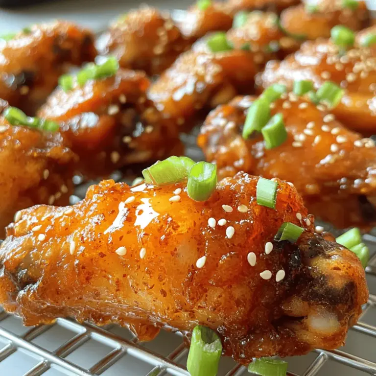 - 2 pounds chicken wings - 1 cup honey - 1/2 cup sriracha sauce - 2 tablespoons soy sauce - 1 tablespoon apple cider vinegar - 4 cloves garlic, minced - 1 teaspoon ginger, grated - Salt and pepper to taste - Green onion and sesame seeds for garnish To make sweet and spicy chicken wings, gather all the ingredients first. You'll need fresh chicken wings, which are the main star of this dish. Honey gives the wings their sweetness. Sriracha adds a kick of heat. Soy sauce brings depth and umami. Apple cider vinegar balances the flavor with a little tang. Minced garlic and grated ginger add aromatic notes that round out the taste. When selecting your ingredients, always choose high-quality items. Fresh wings will yield the best results. Look for local honey for a natural sweetness. If sriracha is too hot for you, consider using a milder sauce. Adjust the amount of honey and sriracha to fit your taste. You can be creative! I recommend garnishing your wings with sliced green onions and sesame seeds. This not only adds flavor but also makes the dish look appealing. For the full recipe, check out the complete cooking steps to achieve those perfect wings. First, preheat your oven to 400°F (200°C). This gets it hot for crispy wings. Next, prepare a baking sheet. Line it with aluminum foil. Place a wire rack on top. This helps air flow and cooks the wings evenly. Rinse the chicken wings under cold water. Dry them well with paper towels. This step is key for crispiness. In a bowl, whisk together the following ingredients: - 1 cup honey - 1/2 cup sriracha sauce - 2 tablespoons soy sauce - 1 tablespoon apple cider vinegar - 4 cloves garlic, minced - 1 teaspoon ginger, grated Mix these until smooth. The sauce should be sweet and spicy. It will coat the wings perfectly. Season the wings with salt and pepper to taste. This adds flavor. Pour the sauce over the wings. Toss them well to coat every wing. This ensures your wings soak up all that delicious sauce. Arrange the wings in a single layer on your wire rack. Bake them in the preheated oven for about 40 to 45 minutes. Flip the wings halfway through. This helps them brown and get crispy on both sides. In the last five minutes, brush the wings with the reserved sauce. This adds an extra layer of flavor. Once done, let them rest for a few minutes before serving. Garnish with sliced green onions and sesame seeds for a nice touch. For the complete recipe, check out [Full Recipe]. To make your wings just right, adjust the sweetness and spiciness to fit your taste. If you love heat, add more sriracha. For a sweeter touch, increase the honey. Marinating your wings helps boost flavor. Aim for at least 30 minutes in the fridge for the best result. You can even marinate overnight for deeper taste. You can cook wings by baking or frying. Baking is healthier and easier, but frying gives a crunchier texture. To avoid soggy wings, make sure to use a wire rack when baking. This allows hot air to circulate around the wings. Always flip them halfway through cooking for an even crisp. Wings taste great with dips like ranch or blue cheese. You can also serve them with fresh veggies, like celery or carrots, for a nice crunch. For drinks, cold beers or sweet iced tea pair well. They both balance the heat and sweetness of the wings. Enjoy your meal with friends and family for a fun gathering! {{image_2}} You can change up the sauce for your wings. Try different flavors to keep it fun. Instead of honey and sriracha, use BBQ sauce or a spicy garlic mix. For a tangy twist, add some lime juice or a splash of orange juice. You can also play with spices. Add smoked paprika or chili powder to the sauce for a deeper flavor. Fresh herbs like cilantro or parsley can brighten your dish. The key is to mix and match until you find your favorite flavor. Grilling wings gives them a smoky taste. Just marinate them as you would for baking. Preheat your grill and cook them on medium heat. Turn them often for even cooking. You can also use a slow cooker. This method makes the wings super tender. Add the wings and sauce to the slow cooker and cook on low for about 4 hours. You can finish them on the grill to get that crispy skin. Both methods are great for different flavors and fun experiences. To store leftover wings, let them cool down first. Place the wings in an airtight container. This keeps them fresh. Make sure to eat them within three days. You can also wrap them tightly in plastic wrap. This works well too. For the best taste, use glass or plastic containers. These containers seal well, and you can see the wings inside. You can also use a resealable bag. Just squeeze out the air before sealing. Freezing your wings helps for future meals. First, let the wings cool completely. Then, place them in a freezer-safe bag. Remove as much air as you can. You can also use a container, but make sure it's airtight. Label the bag with the date. Wings can last up to three months in the freezer. To thaw, place the wings in the fridge overnight. This keeps them safe. If you need them fast, you can use the microwave. Just be careful not to cook them. When reheating, the oven is best. Preheat it to 350°F (175°C). Place the wings on a baking sheet and heat for about 15 minutes. This way, they stay crispy and tasty. For more details, check the Full Recipe for Sweet and Spicy Chicken Wings. Bake chicken wings at 400°F for 40 to 45 minutes. This time gives you crispy wings. Make sure to flip them halfway through for even cooking. Look for golden brown color to know they are done. Yes, you can make these wings in advance. Cook the wings and let them cool. Store them in an airtight container in the fridge for up to three days. When ready to eat, reheat them in the oven. This keeps them crispy. If you want a milder flavor, try using BBQ sauce or sweet chili sauce. You can also mix ketchup with a bit of hot sauce to create a simple substitute. This way, you still get a tasty wing without too much heat. To add more heat, increase the sriracha in the sauce. You can also add cayenne pepper or crushed red pepper flakes. Another option is to marinate the wings with jalapeño or habanero sauce. Adjust the spice level to your taste. In this guide, I broke down the steps for making delicious chicken wings. We covered key ingredients, from chicken to sauces, and detailed every step of the cooking process. I shared tips for crispiness and storage methods to keep your wings tasty. You can adjust flavors or try new sauces for fun twists. Don't hesitate to explore your options. With these easy steps, your wings will impress at any gathering. Enjoy your cooking, and remember, the best wings start with great ingredients and a little creativity!