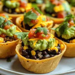 - Ground turkey or beef - Taco seasoning - Black beans - Corn kernels - Red onion - Shredded cheddar cheese - Tortilla cups - Guacamole - Salsa - Fresh cilantro - Sour cream The ingredients for mini taco cups are simple and easy to find. I love using ground turkey or beef for the filling. The taco seasoning adds great flavor to the meat. Black beans and corn kernels bring texture and nutrition. A small red onion gives the cups a tasty crunch, while shredded cheddar cheese adds a rich creaminess. You can find tortilla cups at stores or make them at home. Guacamole and salsa are perfect toppings to enhance the flavor. Fresh cilantro adds a pop of color and freshness. If you like, you can add sour cream for extra creaminess. - Alternative proteins (chicken, plant-based) - Vegan cheese options - Homemade tortilla cups If you want to switch up the protein, chicken works well too. For plant-based options, try lentils or crumbled tofu. You can also use vegan cheese, which melts nicely. Making your own tortilla cups is easy. Just bake small tortillas in muffin tins until crispy. This way, you can customize your mini taco cups even more! For the [Full Recipe], check the instructions and get cooking! Preheating the oven Start by preheating your oven to 375°F (190°C). This step is key so your taco cups bake evenly. Cooking the meat Next, heat a large skillet over medium heat. Add 1 pound of ground turkey or beef. Cook it for about 5-7 minutes until it is browned. If there is extra fat, drain it. Then, sprinkle a packet of taco seasoning over the meat. Pour in 1/4 cup of water and stir. Let it simmer for 3-4 minutes until it thickens. Mixing the filling ingredients In a big mixing bowl, combine the cooked meat, 1 cup of black beans, 1 cup of corn, and 1 small finely chopped red onion. Mix everything well until it is evenly combined. Filling the tortilla cups Take 12 small tortilla cups. You can buy them or make them at home. Place the cups in a muffin tin. Spoon the taco mixture into each cup, filling them generously. Top each cup with a sprinkle of 1 cup of shredded cheddar cheese. Baking time and temperature Now, place the muffin tin in your oven. Bake the cups for 12-15 minutes. Keep an eye on them until the cheese melts and the tortilla cups turn golden. Ensuring perfect melt on cheese To get that perfect melt, make sure your oven is preheated well. You can also watch closely as they bake. Remove them from the oven when the cheese is bubbly and golden. Now you have your mini taco cups ready! Don’t forget to check the Full Recipe for more details. To boost the flavor of your mini taco cups, use fresh herbs like cilantro. They add a bright taste. You can also try adding lime juice to the meat for a zesty kick. Avoid soggy tortilla cups by pre-baking them for a few minutes. This makes them crisp and sturdy. If you use homemade tortilla cups, cook them until golden before filling. Mini taco cups shine when served with guacamole and salsa. Both add creaminess and tang. You can also offer sour cream for a nice touch. For parties, set up a taco bar. Let guests fill their own cups. Use colorful toppings like diced tomatoes, jalapeños, and olives. This makes the meal fun and interactive. Garnish your mini taco cups with fresh cilantro leaves. They look great and taste fresh. You can also add a slice of lime on top for color. For plating, use a large platter. Arrange the taco cups in a circle or in rows. This makes them easy to grab and very appealing. Serve them warm for the best taste. You can find the Full Recipe to make these tasty treats. Enjoy your cooking! {{image_2}} To spice things up, try spicy mini taco cups. Add diced jalapeños or hot sauce to the meat mix. This adds heat and a fun kick to each bite. You can also use spicy taco seasoning for extra flavor. For a lighter choice, go for vegetarian options. Use black beans, corn, and bell peppers as your base. Add diced avocado or mushrooms for a hearty touch. These options are filling and delicious, perfect for all eaters. Taco-themed parties are a hit! Set up a taco bar with mini taco cups as the star. Let guests choose their toppings. This makes your party fun and interactive. For game day snacks, these mini taco cups shine. Serve them with salsa and guacamole. They are easy to grab and munch on while watching the game. Everyone loves a tasty, hand-held snack! Get creative with custom toppings! Try adding diced tomatoes, sliced olives, or jalapeños. These add color and flavor. You can also use different cheeses like pepper jack for a twist. Consider seasonal fruit additions. In summer, add mango or pineapple salsa for a sweet touch. In fall, diced apples or pears can add a nice crunch. These fun ingredients make your mini taco cups unique and exciting. For the Full Recipe, check the previous section! To keep your mini taco cups fresh, use these simple steps: - Refrigeration guidelines: Place any leftover taco cups in an airtight container. They can last up to 3 days in the fridge. Make sure to cool them down before sealing. This helps keep them crispy. - Freezing tips: For longer storage, freeze the taco cups. Wrap each cup tightly in plastic wrap and then place them in a freezer bag. They will stay good for up to 3 months. When you're ready to eat, let them thaw in the fridge overnight. To enjoy your mini taco cups again, follow these reheating tips: - Best methods to retain crispiness: The oven is the best choice. Preheat it to 350°F (175°C). Place the cups on a baking sheet for even heating. This will keep the tortilla crispy. - Time and temperature for reheating: Heat for about 10-12 minutes. Check them to make sure they are warm all the way through. If you want to reheat them in a microwave, do so for 30 seconds. But, be aware that they might get a bit soft. These steps ensure your mini taco cups remain tasty and enjoyable! How to make mini taco cups ahead of time? You can prepare the filling a day before. Store it in the fridge. When ready, fill the tortilla cups and bake them fresh. Can I use larger tortilla sizes? Yes, you can use larger tortillas. Just cut them into smaller pieces to fit your muffin tin. What to serve with mini taco cups? Serve with guacamole, salsa, and sour cream. Fresh veggies or a simple salad also pair well. How long do they take to cook? They take about 12-15 minutes to bake. Keep an eye on them for a golden color. Can I cook them in an air fryer? Yes, air fryers work great! Cook them at 375°F for around 8-10 minutes. What are some other filling options? You can try chicken, shrimp, or even vegetables. Beans and rice add great texture too. Can I make them gluten-free? Absolutely! Use corn tortillas instead of wheat. They hold flavors well and are delicious. In this blog post, we covered how to make delicious mini taco cups. We discussed key ingredients like ground turkey, black beans, and cheese. I also shared tips for cooking and assembling them perfectly. You learned about variations, storage, and serving ideas to enhance your meals. As you experiment with these recipes, have fun mixing flavors and toppings. Our mini taco cups are great for parties, snacks, or quick meals. Enjoy creating and sharing them with others!