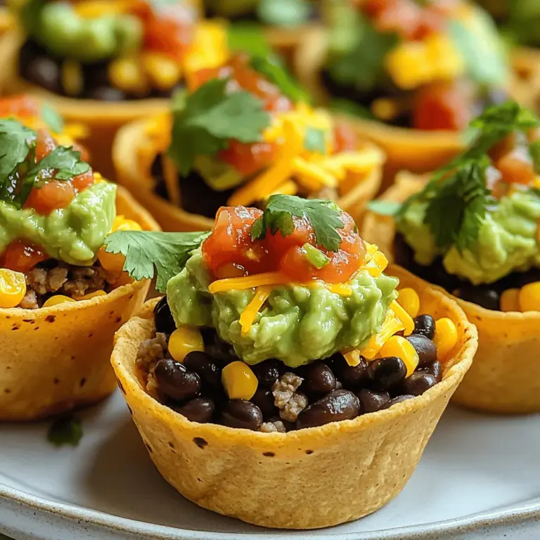 - Ground turkey or beef - Taco seasoning - Black beans - Corn kernels - Red onion - Shredded cheddar cheese - Tortilla cups - Guacamole - Salsa - Fresh cilantro - Sour cream The ingredients for mini taco cups are simple and easy to find. I love using ground turkey or beef for the filling. The taco seasoning adds great flavor to the meat. Black beans and corn kernels bring texture and nutrition. A small red onion gives the cups a tasty crunch, while shredded cheddar cheese adds a rich creaminess. You can find tortilla cups at stores or make them at home. Guacamole and salsa are perfect toppings to enhance the flavor. Fresh cilantro adds a pop of color and freshness. If you like, you can add sour cream for extra creaminess. - Alternative proteins (chicken, plant-based) - Vegan cheese options - Homemade tortilla cups If you want to switch up the protein, chicken works well too. For plant-based options, try lentils or crumbled tofu. You can also use vegan cheese, which melts nicely. Making your own tortilla cups is easy. Just bake small tortillas in muffin tins until crispy. This way, you can customize your mini taco cups even more! For the [Full Recipe], check the instructions and get cooking! Preheating the oven Start by preheating your oven to 375°F (190°C). This step is key so your taco cups bake evenly. Cooking the meat Next, heat a large skillet over medium heat. Add 1 pound of ground turkey or beef. Cook it for about 5-7 minutes until it is browned. If there is extra fat, drain it. Then, sprinkle a packet of taco seasoning over the meat. Pour in 1/4 cup of water and stir. Let it simmer for 3-4 minutes until it thickens. Mixing the filling ingredients In a big mixing bowl, combine the cooked meat, 1 cup of black beans, 1 cup of corn, and 1 small finely chopped red onion. Mix everything well until it is evenly combined. Filling the tortilla cups Take 12 small tortilla cups. You can buy them or make them at home. Place the cups in a muffin tin. Spoon the taco mixture into each cup, filling them generously. Top each cup with a sprinkle of 1 cup of shredded cheddar cheese. Baking time and temperature Now, place the muffin tin in your oven. Bake the cups for 12-15 minutes. Keep an eye on them until the cheese melts and the tortilla cups turn golden. Ensuring perfect melt on cheese To get that perfect melt, make sure your oven is preheated well. You can also watch closely as they bake. Remove them from the oven when the cheese is bubbly and golden. Now you have your mini taco cups ready! Don’t forget to check the Full Recipe for more details. To boost the flavor of your mini taco cups, use fresh herbs like cilantro. They add a bright taste. You can also try adding lime juice to the meat for a zesty kick. Avoid soggy tortilla cups by pre-baking them for a few minutes. This makes them crisp and sturdy. If you use homemade tortilla cups, cook them until golden before filling. Mini taco cups shine when served with guacamole and salsa. Both add creaminess and tang. You can also offer sour cream for a nice touch. For parties, set up a taco bar. Let guests fill their own cups. Use colorful toppings like diced tomatoes, jalapeños, and olives. This makes the meal fun and interactive. Garnish your mini taco cups with fresh cilantro leaves. They look great and taste fresh. You can also add a slice of lime on top for color. For plating, use a large platter. Arrange the taco cups in a circle or in rows. This makes them easy to grab and very appealing. Serve them warm for the best taste. You can find the Full Recipe to make these tasty treats. Enjoy your cooking! {{image_2}} To spice things up, try spicy mini taco cups. Add diced jalapeños or hot sauce to the meat mix. This adds heat and a fun kick to each bite. You can also use spicy taco seasoning for extra flavor. For a lighter choice, go for vegetarian options. Use black beans, corn, and bell peppers as your base. Add diced avocado or mushrooms for a hearty touch. These options are filling and delicious, perfect for all eaters. Taco-themed parties are a hit! Set up a taco bar with mini taco cups as the star. Let guests choose their toppings. This makes your party fun and interactive. For game day snacks, these mini taco cups shine. Serve them with salsa and guacamole. They are easy to grab and munch on while watching the game. Everyone loves a tasty, hand-held snack! Get creative with custom toppings! Try adding diced tomatoes, sliced olives, or jalapeños. These add color and flavor. You can also use different cheeses like pepper jack for a twist. Consider seasonal fruit additions. In summer, add mango or pineapple salsa for a sweet touch. In fall, diced apples or pears can add a nice crunch. These fun ingredients make your mini taco cups unique and exciting. For the Full Recipe, check the previous section! To keep your mini taco cups fresh, use these simple steps: - Refrigeration guidelines: Place any leftover taco cups in an airtight container. They can last up to 3 days in the fridge. Make sure to cool them down before sealing. This helps keep them crispy. - Freezing tips: For longer storage, freeze the taco cups. Wrap each cup tightly in plastic wrap and then place them in a freezer bag. They will stay good for up to 3 months. When you're ready to eat, let them thaw in the fridge overnight. To enjoy your mini taco cups again, follow these reheating tips: - Best methods to retain crispiness: The oven is the best choice. Preheat it to 350°F (175°C). Place the cups on a baking sheet for even heating. This will keep the tortilla crispy. - Time and temperature for reheating: Heat for about 10-12 minutes. Check them to make sure they are warm all the way through. If you want to reheat them in a microwave, do so for 30 seconds. But, be aware that they might get a bit soft. These steps ensure your mini taco cups remain tasty and enjoyable! How to make mini taco cups ahead of time? You can prepare the filling a day before. Store it in the fridge. When ready, fill the tortilla cups and bake them fresh. Can I use larger tortilla sizes? Yes, you can use larger tortillas. Just cut them into smaller pieces to fit your muffin tin. What to serve with mini taco cups? Serve with guacamole, salsa, and sour cream. Fresh veggies or a simple salad also pair well. How long do they take to cook? They take about 12-15 minutes to bake. Keep an eye on them for a golden color. Can I cook them in an air fryer? Yes, air fryers work great! Cook them at 375°F for around 8-10 minutes. What are some other filling options? You can try chicken, shrimp, or even vegetables. Beans and rice add great texture too. Can I make them gluten-free? Absolutely! Use corn tortillas instead of wheat. They hold flavors well and are delicious. In this blog post, we covered how to make delicious mini taco cups. We discussed key ingredients like ground turkey, black beans, and cheese. I also shared tips for cooking and assembling them perfectly. You learned about variations, storage, and serving ideas to enhance your meals. As you experiment with these recipes, have fun mixing flavors and toppings. Our mini taco cups are great for parties, snacks, or quick meals. Enjoy creating and sharing them with others!