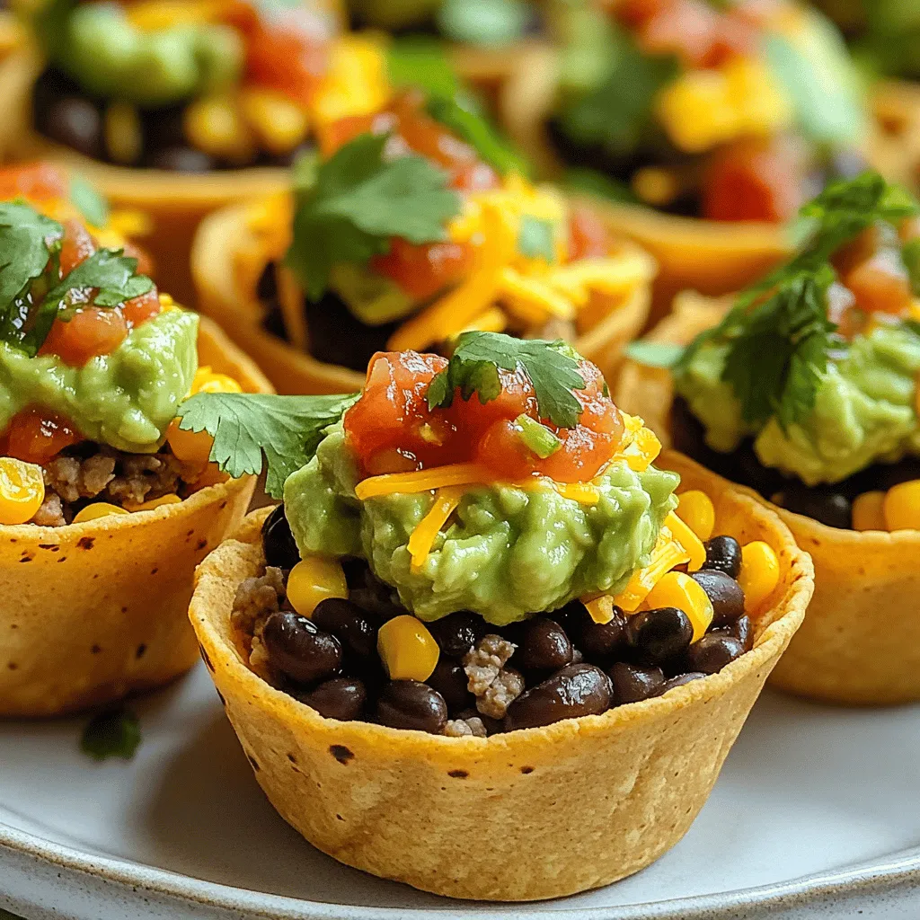- Ground turkey or beef - Taco seasoning - Black beans - Corn kernels - Red onion - Shredded cheddar cheese - Tortilla cups - Guacamole - Salsa - Fresh cilantro - Sour cream The ingredients for mini taco cups are simple and easy to find. I love using ground turkey or beef for the filling. The taco seasoning adds great flavor to the meat. Black beans and corn kernels bring texture and nutrition. A small red onion gives the cups a tasty crunch, while shredded cheddar cheese adds a rich creaminess. You can find tortilla cups at stores or make them at home. Guacamole and salsa are perfect toppings to enhance the flavor. Fresh cilantro adds a pop of color and freshness. If you like, you can add sour cream for extra creaminess. - Alternative proteins (chicken, plant-based) - Vegan cheese options - Homemade tortilla cups If you want to switch up the protein, chicken works well too. For plant-based options, try lentils or crumbled tofu. You can also use vegan cheese, which melts nicely. Making your own tortilla cups is easy. Just bake small tortillas in muffin tins until crispy. This way, you can customize your mini taco cups even more! For the [Full Recipe], check the instructions and get cooking! Preheating the oven Start by preheating your oven to 375°F (190°C). This step is key so your taco cups bake evenly. Cooking the meat Next, heat a large skillet over medium heat. Add 1 pound of ground turkey or beef. Cook it for about 5-7 minutes until it is browned. If there is extra fat, drain it. Then, sprinkle a packet of taco seasoning over the meat. Pour in 1/4 cup of water and stir. Let it simmer for 3-4 minutes until it thickens. Mixing the filling ingredients In a big mixing bowl, combine the cooked meat, 1 cup of black beans, 1 cup of corn, and 1 small finely chopped red onion. Mix everything well until it is evenly combined. Filling the tortilla cups Take 12 small tortilla cups. You can buy them or make them at home. Place the cups in a muffin tin. Spoon the taco mixture into each cup, filling them generously. Top each cup with a sprinkle of 1 cup of shredded cheddar cheese. Baking time and temperature Now, place the muffin tin in your oven. Bake the cups for 12-15 minutes. Keep an eye on them until the cheese melts and the tortilla cups turn golden. Ensuring perfect melt on cheese To get that perfect melt, make sure your oven is preheated well. You can also watch closely as they bake. Remove them from the oven when the cheese is bubbly and golden. Now you have your mini taco cups ready! Don’t forget to check the Full Recipe for more details. To boost the flavor of your mini taco cups, use fresh herbs like cilantro. They add a bright taste. You can also try adding lime juice to the meat for a zesty kick. Avoid soggy tortilla cups by pre-baking them for a few minutes. This makes them crisp and sturdy. If you use homemade tortilla cups, cook them until golden before filling. Mini taco cups shine when served with guacamole and salsa. Both add creaminess and tang. You can also offer sour cream for a nice touch. For parties, set up a taco bar. Let guests fill their own cups. Use colorful toppings like diced tomatoes, jalapeños, and olives. This makes the meal fun and interactive. Garnish your mini taco cups with fresh cilantro leaves. They look great and taste fresh. You can also add a slice of lime on top for color. For plating, use a large platter. Arrange the taco cups in a circle or in rows. This makes them easy to grab and very appealing. Serve them warm for the best taste. You can find the Full Recipe to make these tasty treats. Enjoy your cooking! {{image_2}} To spice things up, try spicy mini taco cups. Add diced jalapeños or hot sauce to the meat mix. This adds heat and a fun kick to each bite. You can also use spicy taco seasoning for extra flavor. For a lighter choice, go for vegetarian options. Use black beans, corn, and bell peppers as your base. Add diced avocado or mushrooms for a hearty touch. These options are filling and delicious, perfect for all eaters. Taco-themed parties are a hit! Set up a taco bar with mini taco cups as the star. Let guests choose their toppings. This makes your party fun and interactive. For game day snacks, these mini taco cups shine. Serve them with salsa and guacamole. They are easy to grab and munch on while watching the game. Everyone loves a tasty, hand-held snack! Get creative with custom toppings! Try adding diced tomatoes, sliced olives, or jalapeños. These add color and flavor. You can also use different cheeses like pepper jack for a twist. Consider seasonal fruit additions. In summer, add mango or pineapple salsa for a sweet touch. In fall, diced apples or pears can add a nice crunch. These fun ingredients make your mini taco cups unique and exciting. For the Full Recipe, check the previous section! To keep your mini taco cups fresh, use these simple steps: - Refrigeration guidelines: Place any leftover taco cups in an airtight container. They can last up to 3 days in the fridge. Make sure to cool them down before sealing. This helps keep them crispy. - Freezing tips: For longer storage, freeze the taco cups. Wrap each cup tightly in plastic wrap and then place them in a freezer bag. They will stay good for up to 3 months. When you're ready to eat, let them thaw in the fridge overnight. To enjoy your mini taco cups again, follow these reheating tips: - Best methods to retain crispiness: The oven is the best choice. Preheat it to 350°F (175°C). Place the cups on a baking sheet for even heating. This will keep the tortilla crispy. - Time and temperature for reheating: Heat for about 10-12 minutes. Check them to make sure they are warm all the way through. If you want to reheat them in a microwave, do so for 30 seconds. But, be aware that they might get a bit soft. These steps ensure your mini taco cups remain tasty and enjoyable! How to make mini taco cups ahead of time? You can prepare the filling a day before. Store it in the fridge. When ready, fill the tortilla cups and bake them fresh. Can I use larger tortilla sizes? Yes, you can use larger tortillas. Just cut them into smaller pieces to fit your muffin tin. What to serve with mini taco cups? Serve with guacamole, salsa, and sour cream. Fresh veggies or a simple salad also pair well. How long do they take to cook? They take about 12-15 minutes to bake. Keep an eye on them for a golden color. Can I cook them in an air fryer? Yes, air fryers work great! Cook them at 375°F for around 8-10 minutes. What are some other filling options? You can try chicken, shrimp, or even vegetables. Beans and rice add great texture too. Can I make them gluten-free? Absolutely! Use corn tortillas instead of wheat. They hold flavors well and are delicious. In this blog post, we covered how to make delicious mini taco cups. We discussed key ingredients like ground turkey, black beans, and cheese. I also shared tips for cooking and assembling them perfectly. You learned about variations, storage, and serving ideas to enhance your meals. As you experiment with these recipes, have fun mixing flavors and toppings. Our mini taco cups are great for parties, snacks, or quick meals. Enjoy creating and sharing them with others!