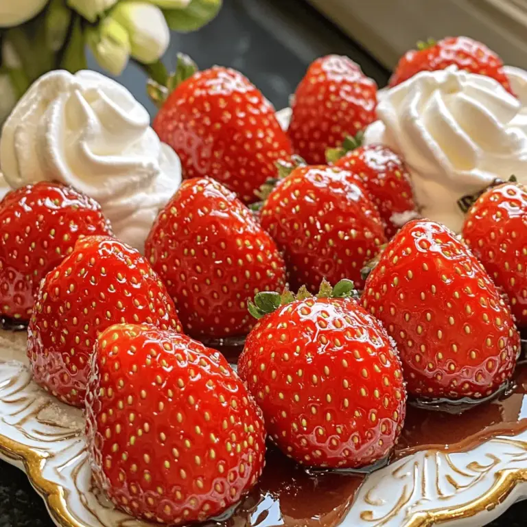 You will need fresh strawberries for this treat. I recommend using ripe, juicy berries. Look for bright red strawberries with no dark spots or bruises. A pound of strawberries makes a perfect batch. Ensure you hull and wash them well before use. This helps remove any dirt or pesticides, making them safe to eat. The main sweetener in this recipe is granulated sugar. You will need one cup of sugar to create the candy coating. Combine it with half a cup of water. This mixture will turn into a syrup. Adding a little lemon juice enhances the flavor. It balances the sweetness and adds a nice zing. If you want an extra touch, try adding half a teaspoon of vanilla extract for a warm flavor. While the basic recipe is delicious, you can add some optional ingredients. Cornstarch helps create a light dusting on the strawberries. It keeps each strawberry from sticking together. This is a fun way to make them look extra special. Feel free to experiment with flavors by adding a pinch of cinnamon or a splash of almond extract. These small changes can make your candied strawberries even more exciting. For the complete recipe and instructions, check out the Full Recipe section. To make the sugar syrup, grab a medium saucepan. Add 1 cup of granulated sugar, 1/2 cup of water, and 1/4 teaspoon of lemon juice. Heat this mixture over medium heat. Stir until the sugar dissolves completely. Then, increase the heat to bring it to a boil. Watch it closely! You want it to reach a soft ball stage, which is about 240°F or 115°C. This takes roughly 5 to 7 minutes. Once it’s ready, remove the saucepan from the heat. If you like, stir in 1/2 teaspoon of vanilla extract for extra flavor. Now, it's time for the fun part! Take your fresh strawberries and hold them by the stem. Quickly dip each one into the warm sugar syrup. Make sure they get fully coated. Allow any extra syrup to drip off. This step is key for that perfect candy shell. Then, place the coated strawberries on a baking sheet lined with parchment paper. If you want a light, powdery finish, dust them with cornstarch before they cool. Let the candied strawberries sit at room temperature for about 30 minutes. This allows the syrup to harden and set. You’ll notice a shiny glaze form on them. They will look beautiful and inviting. After they cool, you can serve them right away or store them for later. Enjoy the sweet crunch and burst of flavor! For the full recipe, check out the earlier section. To get a great candy coating, you need a smooth syrup. Start with the right heat. Stir the sugar and water until the sugar dissolves. Then, bring it to a boil. Use a candy thermometer to watch for the soft ball stage at 240°F. This is key for a firm coat. Dip the strawberries quickly to avoid cooling the syrup. Let the extra syrup drip off before placing them on parchment. This helps the candy set without running. Select fresh, ripe strawberries for the best results. Look for bright red berries with no blemishes. Smaller strawberries can also work well. They can hold the coating better. Wash them gently and remove the green tops. Dry them fully before dipping. Any water will make the syrup not stick well. When serving, think about how to impress your guests. Arrange the candied strawberries on a pretty plate. You can add a touch of whipped cream or drizzle chocolate on top. For a fun twist, try sprinkling crushed nuts or coconut flakes. This adds crunch and makes the treat even more special. For the full recipe, check the detailed instructions above! {{image_2}} You can add fun flavors to your syrup. Try using fruit juices like orange or pineapple. These juices give a sweet and zesty twist. You can also mix in different extracts. Almond or coconut extracts can change the taste. Just remember to use small amounts. A little goes a long way. Herbs and spices can give your candied strawberries a unique touch. Mint adds a cool flavor that pairs well with the berries. Basil can also work, adding a fresh taste. If you like a warm flavor, try adding a pinch of cinnamon. Mix these herbs or spices into the syrup as it heats up. You can use many fruits besides strawberries. Ripe peaches, tart apples, or juicy cherries work great. The process stays the same. Just follow the steps in the Full Recipe. Each fruit brings its own flavor and texture. Experiment with your favorites to find new tastes. To store candied strawberries, keep them in a cool, dry place. Use an airtight container to protect them. A paper towel can help absorb moisture. Avoid stacking them to prevent sticking. Candied strawberries last about 3 to 5 days at room temperature. They can last longer in the fridge, up to a week. However, the coating may soften in the fridge. For the best taste, enjoy them fresh. You can freeze candied strawberries, but it can change their texture. To freeze, place them on a baking sheet and freeze until firm. Then transfer them to a freezer bag. They will last about 2 to 3 months in the freezer. To enjoy, let them thaw slowly in the fridge or at room temperature. For a full recipe to make these tasty treats, check the Full Recipe section. No, I don’t recommend using frozen strawberries for candied strawberries. Frozen berries lose their texture and moisture when thawed. This makes them mushy and hard to coat. Fresh strawberries work best for a nice crunch and shape. If you can only find frozen ones, consider using them in smoothies or sauces instead. To keep your candied strawberries from getting sticky, make sure the syrup cools slightly before dipping. After coating, place them on parchment paper to set. Dusting them with cornstarch before serving can also help keep them dry. Store them in a cool place, away from moisture, to maintain that perfect crispness. Candied strawberries are great for many treats! You can use them as a topping for cakes or cupcakes. They add flair to ice cream sundaes or yogurt bowls. Try them in fruit salads for a sweet twist. You can even use them as a garnish for drinks. They make every dish look fancy and fun! For the full recipe, check out the Sweetly Glazed Candied Strawberries section. You learned how to make delicious candied strawberries. I covered ingredients, steps, and tips. Remember to choose fresh strawberries for the best flavor. Coating them just right gets you the perfect crunch. Try different syrups or even other fruits for fun twists. Store them properly to keep them fresh longer. With these ideas, impress your friends and family. Enjoy the sweet journey of candy-making!
