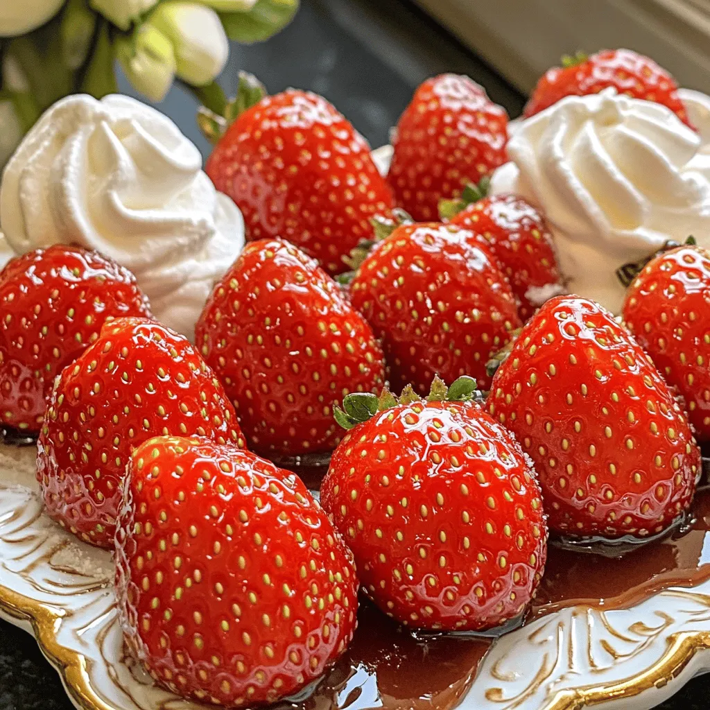 You will need fresh strawberries for this treat. I recommend using ripe, juicy berries. Look for bright red strawberries with no dark spots or bruises. A pound of strawberries makes a perfect batch. Ensure you hull and wash them well before use. This helps remove any dirt or pesticides, making them safe to eat. The main sweetener in this recipe is granulated sugar. You will need one cup of sugar to create the candy coating. Combine it with half a cup of water. This mixture will turn into a syrup. Adding a little lemon juice enhances the flavor. It balances the sweetness and adds a nice zing. If you want an extra touch, try adding half a teaspoon of vanilla extract for a warm flavor. While the basic recipe is delicious, you can add some optional ingredients. Cornstarch helps create a light dusting on the strawberries. It keeps each strawberry from sticking together. This is a fun way to make them look extra special. Feel free to experiment with flavors by adding a pinch of cinnamon or a splash of almond extract. These small changes can make your candied strawberries even more exciting. For the complete recipe and instructions, check out the Full Recipe section. To make the sugar syrup, grab a medium saucepan. Add 1 cup of granulated sugar, 1/2 cup of water, and 1/4 teaspoon of lemon juice. Heat this mixture over medium heat. Stir until the sugar dissolves completely. Then, increase the heat to bring it to a boil. Watch it closely! You want it to reach a soft ball stage, which is about 240°F or 115°C. This takes roughly 5 to 7 minutes. Once it’s ready, remove the saucepan from the heat. If you like, stir in 1/2 teaspoon of vanilla extract for extra flavor. Now, it's time for the fun part! Take your fresh strawberries and hold them by the stem. Quickly dip each one into the warm sugar syrup. Make sure they get fully coated. Allow any extra syrup to drip off. This step is key for that perfect candy shell. Then, place the coated strawberries on a baking sheet lined with parchment paper. If you want a light, powdery finish, dust them with cornstarch before they cool. Let the candied strawberries sit at room temperature for about 30 minutes. This allows the syrup to harden and set. You’ll notice a shiny glaze form on them. They will look beautiful and inviting. After they cool, you can serve them right away or store them for later. Enjoy the sweet crunch and burst of flavor! For the full recipe, check out the earlier section. To get a great candy coating, you need a smooth syrup. Start with the right heat. Stir the sugar and water until the sugar dissolves. Then, bring it to a boil. Use a candy thermometer to watch for the soft ball stage at 240°F. This is key for a firm coat. Dip the strawberries quickly to avoid cooling the syrup. Let the extra syrup drip off before placing them on parchment. This helps the candy set without running. Select fresh, ripe strawberries for the best results. Look for bright red berries with no blemishes. Smaller strawberries can also work well. They can hold the coating better. Wash them gently and remove the green tops. Dry them fully before dipping. Any water will make the syrup not stick well. When serving, think about how to impress your guests. Arrange the candied strawberries on a pretty plate. You can add a touch of whipped cream or drizzle chocolate on top. For a fun twist, try sprinkling crushed nuts or coconut flakes. This adds crunch and makes the treat even more special. For the full recipe, check the detailed instructions above! {{image_2}} You can add fun flavors to your syrup. Try using fruit juices like orange or pineapple. These juices give a sweet and zesty twist. You can also mix in different extracts. Almond or coconut extracts can change the taste. Just remember to use small amounts. A little goes a long way. Herbs and spices can give your candied strawberries a unique touch. Mint adds a cool flavor that pairs well with the berries. Basil can also work, adding a fresh taste. If you like a warm flavor, try adding a pinch of cinnamon. Mix these herbs or spices into the syrup as it heats up. You can use many fruits besides strawberries. Ripe peaches, tart apples, or juicy cherries work great. The process stays the same. Just follow the steps in the Full Recipe. Each fruit brings its own flavor and texture. Experiment with your favorites to find new tastes. To store candied strawberries, keep them in a cool, dry place. Use an airtight container to protect them. A paper towel can help absorb moisture. Avoid stacking them to prevent sticking. Candied strawberries last about 3 to 5 days at room temperature. They can last longer in the fridge, up to a week. However, the coating may soften in the fridge. For the best taste, enjoy them fresh. You can freeze candied strawberries, but it can change their texture. To freeze, place them on a baking sheet and freeze until firm. Then transfer them to a freezer bag. They will last about 2 to 3 months in the freezer. To enjoy, let them thaw slowly in the fridge or at room temperature. For a full recipe to make these tasty treats, check the Full Recipe section. No, I don’t recommend using frozen strawberries for candied strawberries. Frozen berries lose their texture and moisture when thawed. This makes them mushy and hard to coat. Fresh strawberries work best for a nice crunch and shape. If you can only find frozen ones, consider using them in smoothies or sauces instead. To keep your candied strawberries from getting sticky, make sure the syrup cools slightly before dipping. After coating, place them on parchment paper to set. Dusting them with cornstarch before serving can also help keep them dry. Store them in a cool place, away from moisture, to maintain that perfect crispness. Candied strawberries are great for many treats! You can use them as a topping for cakes or cupcakes. They add flair to ice cream sundaes or yogurt bowls. Try them in fruit salads for a sweet twist. You can even use them as a garnish for drinks. They make every dish look fancy and fun! For the full recipe, check out the Sweetly Glazed Candied Strawberries section. You learned how to make delicious candied strawberries. I covered ingredients, steps, and tips. Remember to choose fresh strawberries for the best flavor. Coating them just right gets you the perfect crunch. Try different syrups or even other fruits for fun twists. Store them properly to keep them fresh longer. With these ideas, impress your friends and family. Enjoy the sweet journey of candy-making!