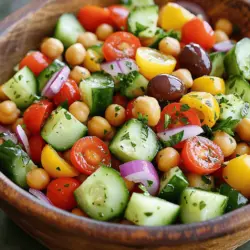 The Mediterranean Chickpea Salad is fresh, tasty, and easy to make. This salad is great for lunch or a side dish. You can whip it up in just 15 minutes. Here’s what you need for this salad: - 1 can (15 oz) chickpeas, rinsed and drained - 1 medium cucumber, diced - 1 cup cherry tomatoes, halved - 1/4 red onion, finely chopped - 1/2 bell pepper (red or yellow), diced - 1 small handful of fresh parsley, chopped - 1/4 cup kalamata olives, pitted and sliced - 3 tablespoons olive oil - 2 tablespoons lemon juice - 1 teaspoon dried oregano - Salt and pepper to taste You can change this salad to fit your taste. Try adding: - Feta cheese for creaminess - Avocado for a rich flavor - Spinach for extra greens - Cucumber or radish for crunch - Different herbs like mint or dill First, gather your ingredients. You will need chickpeas, cucumber, cherry tomatoes, red onion, bell pepper, parsley, olives, olive oil, lemon juice, oregano, salt, and pepper. Rinse and drain the chickpeas. Dice the cucumber and bell pepper into small pieces. Halve the cherry tomatoes. Chop the red onion and parsley finely. This prep makes the salad fresh and tasty. Now, take a large mixing bowl. Add the chickpeas, diced cucumber, halved cherry tomatoes, chopped red onion, and diced bell pepper. Next, sprinkle in the chopped parsley and sliced olives. In a separate small bowl, mix the olive oil, lemon juice, dried oregano, salt, and pepper. Pour this dressing over your salad mix. Gently toss everything together until well coated. Let it sit for about 15 minutes. This helps the flavors blend nicely. You can serve this salad chilled or at room temperature. It works great as a side dish or a light main meal. Pair it with grilled chicken or fish for a fuller meal. You can also add feta cheese for extra flavor. Enjoy this Mediterranean chickpea salad fresh, and feel free to explore the [Full Recipe] for more details! To make your Mediterranean chickpea salad shine, use fresh ingredients. Fresh herbs like parsley add great flavor. Make sure to chop your veggies into small, even pieces. This helps with both taste and texture. Toss the salad gently to keep the chickpeas intact. A light hand prevents any mushiness. Let the salad sit for 15 minutes before serving. This allows the flavors to mix well. One common mistake is using old chickpeas. Always check the can's date. Another mistake is not rinsing the chickpeas. Rinsing removes excess salt and improves taste. Don't skip the dressing! It adds life to your salad. Lastly, avoid over-mixing. This can break down the ingredients and ruin the look. You can prepare the salad a few hours in advance. Just keep it in the fridge. The flavors will deepen and improve. If you plan to store it longer, keep the dressing separate. Mix it in right before serving. This keeps everything fresh and crunchy. For a quick meal, pair it with pita bread or grilled meat. You will enjoy every bite! For the complete recipe, check out the Full Recipe. {{image_2}} You can easily swap ingredients to suit your taste. If you don’t like chickpeas, try black beans or lentils instead. Use diced zucchini or radishes if you want a crunchy bite. Instead of red onion, you can use green onions for a milder flavor. You can also add feta cheese for a creamy touch. Get creative, and make it your own! This salad is already vegan and gluten-free, which is great! You can keep it that way by sticking to the basic recipe. Make sure your olives and other ingredients are also gluten-free. If you want more protein, add some quinoa or nuts. This keeps it healthy and filling! Change up the salad with the seasons! In summer, add fresh corn or avocado for creaminess. In fall, try roasted butternut squash or apples. In winter, include shredded carrots or beets for color. Each season brings new flavors and textures to this salad. It keeps things fresh and fun! For the full recipe, check out the Mediterranean Chickpea Delight. To keep your Mediterranean Chickpea Salad fresh, store it in an airtight container. This keeps moisture out and flavors in. Place the salad in the fridge right away if you have leftovers. It will stay good for up to three days. You can still enjoy it cold or at room temperature. I do not recommend freezing this salad. The texture of fresh vegetables, like cucumbers and tomatoes, changes when frozen. If you freeze it, the salad may become mushy when thawed. Instead, make the salad fresh when you want to enjoy it. You don’t need to reheat this salad. It tastes best cold or at room temperature. If you prefer a warm dish, consider adding the chickpeas to a pan. Heat them on low until warm, then mix in the other ingredients. This adds a nice touch without losing the salad’s charm. For the best taste, eat it fresh! Check out the Full Recipe for more details. Chickpeas are a great source of protein and fiber. They help you feel full longer, which can aid in weight control. They also have vitamins and minerals like iron and magnesium. These nutrients support your heart and bones. The veggies in the salad offer more vitamins and antioxidants. This means they help your body fight off illness. Overall, this salad is a tasty way to eat healthy. Yes, you can make this salad ahead of time! Making it a few hours early lets the flavors mix well. You can even prepare it a day before serving. Just store it in the fridge in an airtight container. This way, you save time when you need to eat. Leftover Mediterranean Chickpea Salad can last up to 3 days in the fridge. Store it in a tight container to keep it fresh. If you notice any changes in smell or color, it’s best to toss it. Enjoy the salad within this time for the best taste and safety. For the full recipe, check out the earlier section. This article covered how to make a tasty Mediterranean chickpea salad. You learned about the key ingredients and optional add-ins to fit your taste. We walked through simple steps for preparation and mixing, plus serving ideas to impress. I shared tips to avoid mistakes and explored variations to keep it fresh. Lastly, we talked about storage and answered common questions. Enjoy making this salad. It's healthy and easy to customize!