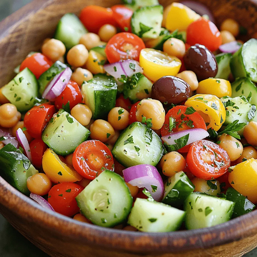 The Mediterranean Chickpea Salad is fresh, tasty, and easy to make. This salad is great for lunch or a side dish. You can whip it up in just 15 minutes. Here’s what you need for this salad: - 1 can (15 oz) chickpeas, rinsed and drained - 1 medium cucumber, diced - 1 cup cherry tomatoes, halved - 1/4 red onion, finely chopped - 1/2 bell pepper (red or yellow), diced - 1 small handful of fresh parsley, chopped - 1/4 cup kalamata olives, pitted and sliced - 3 tablespoons olive oil - 2 tablespoons lemon juice - 1 teaspoon dried oregano - Salt and pepper to taste You can change this salad to fit your taste. Try adding: - Feta cheese for creaminess - Avocado for a rich flavor - Spinach for extra greens - Cucumber or radish for crunch - Different herbs like mint or dill First, gather your ingredients. You will need chickpeas, cucumber, cherry tomatoes, red onion, bell pepper, parsley, olives, olive oil, lemon juice, oregano, salt, and pepper. Rinse and drain the chickpeas. Dice the cucumber and bell pepper into small pieces. Halve the cherry tomatoes. Chop the red onion and parsley finely. This prep makes the salad fresh and tasty. Now, take a large mixing bowl. Add the chickpeas, diced cucumber, halved cherry tomatoes, chopped red onion, and diced bell pepper. Next, sprinkle in the chopped parsley and sliced olives. In a separate small bowl, mix the olive oil, lemon juice, dried oregano, salt, and pepper. Pour this dressing over your salad mix. Gently toss everything together until well coated. Let it sit for about 15 minutes. This helps the flavors blend nicely. You can serve this salad chilled or at room temperature. It works great as a side dish or a light main meal. Pair it with grilled chicken or fish for a fuller meal. You can also add feta cheese for extra flavor. Enjoy this Mediterranean chickpea salad fresh, and feel free to explore the [Full Recipe] for more details! To make your Mediterranean chickpea salad shine, use fresh ingredients. Fresh herbs like parsley add great flavor. Make sure to chop your veggies into small, even pieces. This helps with both taste and texture. Toss the salad gently to keep the chickpeas intact. A light hand prevents any mushiness. Let the salad sit for 15 minutes before serving. This allows the flavors to mix well. One common mistake is using old chickpeas. Always check the can's date. Another mistake is not rinsing the chickpeas. Rinsing removes excess salt and improves taste. Don't skip the dressing! It adds life to your salad. Lastly, avoid over-mixing. This can break down the ingredients and ruin the look. You can prepare the salad a few hours in advance. Just keep it in the fridge. The flavors will deepen and improve. If you plan to store it longer, keep the dressing separate. Mix it in right before serving. This keeps everything fresh and crunchy. For a quick meal, pair it with pita bread or grilled meat. You will enjoy every bite! For the complete recipe, check out the Full Recipe. {{image_2}} You can easily swap ingredients to suit your taste. If you don’t like chickpeas, try black beans or lentils instead. Use diced zucchini or radishes if you want a crunchy bite. Instead of red onion, you can use green onions for a milder flavor. You can also add feta cheese for a creamy touch. Get creative, and make it your own! This salad is already vegan and gluten-free, which is great! You can keep it that way by sticking to the basic recipe. Make sure your olives and other ingredients are also gluten-free. If you want more protein, add some quinoa or nuts. This keeps it healthy and filling! Change up the salad with the seasons! In summer, add fresh corn or avocado for creaminess. In fall, try roasted butternut squash or apples. In winter, include shredded carrots or beets for color. Each season brings new flavors and textures to this salad. It keeps things fresh and fun! For the full recipe, check out the Mediterranean Chickpea Delight. To keep your Mediterranean Chickpea Salad fresh, store it in an airtight container. This keeps moisture out and flavors in. Place the salad in the fridge right away if you have leftovers. It will stay good for up to three days. You can still enjoy it cold or at room temperature. I do not recommend freezing this salad. The texture of fresh vegetables, like cucumbers and tomatoes, changes when frozen. If you freeze it, the salad may become mushy when thawed. Instead, make the salad fresh when you want to enjoy it. You don’t need to reheat this salad. It tastes best cold or at room temperature. If you prefer a warm dish, consider adding the chickpeas to a pan. Heat them on low until warm, then mix in the other ingredients. This adds a nice touch without losing the salad’s charm. For the best taste, eat it fresh! Check out the Full Recipe for more details. Chickpeas are a great source of protein and fiber. They help you feel full longer, which can aid in weight control. They also have vitamins and minerals like iron and magnesium. These nutrients support your heart and bones. The veggies in the salad offer more vitamins and antioxidants. This means they help your body fight off illness. Overall, this salad is a tasty way to eat healthy. Yes, you can make this salad ahead of time! Making it a few hours early lets the flavors mix well. You can even prepare it a day before serving. Just store it in the fridge in an airtight container. This way, you save time when you need to eat. Leftover Mediterranean Chickpea Salad can last up to 3 days in the fridge. Store it in a tight container to keep it fresh. If you notice any changes in smell or color, it’s best to toss it. Enjoy the salad within this time for the best taste and safety. For the full recipe, check out the earlier section. This article covered how to make a tasty Mediterranean chickpea salad. You learned about the key ingredients and optional add-ins to fit your taste. We walked through simple steps for preparation and mixing, plus serving ideas to impress. I shared tips to avoid mistakes and explored variations to keep it fresh. Lastly, we talked about storage and answered common questions. Enjoy making this salad. It's healthy and easy to customize!