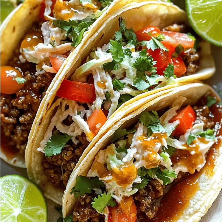 Here’s what you need to make Garlic Butter Honey BBQ Tacos: - 1 lb ground beef or chicken - 1 tablespoon olive oil - 4 cloves garlic, minced - 1/4 cup butter - 1/4 cup honey - 1/4 cup BBQ sauce - 1 teaspoon smoked paprika - 1 teaspoon onion powder - Salt and pepper to taste - 8 small corn or flour tortillas - 1 cup fresh coleslaw mix - 1/2 cup diced tomatoes - 1/4 cup chopped fresh cilantro - Lime wedges, for serving For dietary preferences, you can swap the meat for tofu or lentils for a veggie option. Use gluten-free tortillas if you need to avoid gluten. To cook this meal, you will need a large skillet for the meat and a small saucepan for the sauce. A spatula helps break up the meat while cooking. A cutting board and knife will help with chopping. The garlic butter honey BBQ sauce is what makes these tacos shine. You mix melted butter with honey and BBQ sauce for a sweet, rich flavor. You can use your favorite BBQ sauce, or try a spicy one for a kick! To prepare the garlic butter honey sauce, start with a small saucepan. Add the butter, honey, and BBQ sauce. Heat this over low heat. Stir often until it melts and blends well. This sauce adds a sweet and savory touch to our tacos. Next, cook the meat. Use a large skillet and heat olive oil over medium heat. Once hot, add the minced garlic. Sauté it for about one minute until it smells great. Then, add your choice of ground beef or chicken. Sprinkle in smoked paprika, onion powder, salt, and pepper. Cook until the meat is browned. This takes about 7 to 10 minutes. For the tortillas, warming them makes them easier to fold. You can warm them in a pan or directly over a gas flame. Heat them for about 30 seconds on each side. They should be warm and soft for filling. When assembling the tacos, start with the warm tortillas. Place a generous amount of the garlic butter honey BBQ mixture on each tortilla. This gives each bite a burst of flavor. Next, layer on the fresh coleslaw mix. This adds crunch and freshness. Follow it with diced tomatoes and chopped cilantro for color and taste. To finish, squeeze a lime wedge over each taco. This adds a nice zing. Serve the tacos right away with extra lime wedges on the side. Enjoy this flavorful family feast! For the full recipe, see above. To make flavorful meat, start with fresh ingredients. Use quality ground beef or chicken. Season well with salt and pepper. Add smoked paprika and onion powder for a rich taste. Cook the meat until it’s fully browned. This step builds great flavor. To enhance the BBQ flavor, mix butter, honey, and BBQ sauce in a saucepan. Heat it on low until melted. Pour this mixture over cooked meat. Toss it well to coat every piece. This will give your tacos a sweet and smoky kick. You can adjust spice levels by adding more or less smoked paprika. For a milder taste, skip the spices or use a sweet BBQ sauce. If you like heat, add some cayenne pepper or hot sauce to the mix. This gives you control over the heat. Pair these tacos with fresh sides. Coleslaw is a great choice. It adds crunch and freshness. You can also serve them with chips and salsa for a fun twist. Another good option is a simple corn salad. For plating, stack the tacos on a large platter. Add lime wedges around the tacos. This makes the dish look colorful and inviting. You can also serve each taco on a small plate with toppings on the side. This way, everyone can build their own. When hosting a gathering, set up a taco bar. Lay out tortillas, meat, and toppings. Let guests create their own tacos. This makes it fun and interactive. You can even prepare a few taco fillings ahead of time. This way, you can enjoy more time with your guests. For the full recipe, check out the delicious steps above. {{image_2}} You can switch up the protein in these tacos. Try using tofu for a veggie option. Ground pork also works well for a richer flavor. For a unique taste, explore different BBQ sauces. A spicy sauce can add a kick, while a sweet sauce can balance the garlic. If you need gluten-free options, use corn tortillas. They taste great and hold up nicely. Customize the flavor with spices like cumin or chili powder. You can also add toppings like avocado or jalapeños for extra zest. Want to change the cuisine? Use Korean BBQ sauce for a fun twist. Seasonal ingredients can enhance your tacos too. In summer, add fresh corn or peaches. In winter, consider roasted sweet potatoes or squash for a hearty touch. Store any leftover tacos in an airtight container. This keeps them fresh and tasty. They can last for up to three days in the fridge. For the taco filling, you can freeze it for up to three months. Just ensure it cools before you place it in the freezer. Label the container with the date. This helps you keep track of how long it has been frozen. To reheat your tacos, use the oven or a skillet. This way, you keep the texture nice. For tacos, preheat the oven to 350°F (175°C). Place them on a baking sheet for about 10 minutes. If you use a skillet, add a splash of water and cover it. This method steams the tacos, keeping them moist. For tortillas, warm them again in a dry skillet for about 30 seconds each side. This makes them soft and pliable. If you are in a hurry, microwave them for 15 seconds at a time. This is a quick way to get everything ready for busy days. You can also serve the filling in a bowl. This way, everyone can build their own tacos quickly. For more details, refer to the Full Recipe. What can I serve with Garlic Butter Honey BBQ Tacos? You can serve these tacos with fresh sides. Some great choices are: - Mexican rice - Refried beans - Grilled corn on the cob - Avocado slices - Fresh fruit salad These sides add color and flavor to your meal. Can I make these tacos ahead of time? Yes, you can prep some parts ahead. Cook the meat and sauce in advance. Store them in the fridge for up to three days. Warm them before you fill the tacos. This saves time on busy nights. Are there vegetarian options for this recipe? Absolutely! You can use ingredients like: - Black beans - Lentils - Tofu - Grilled vegetables These options create a tasty vegetarian taco that everyone will enjoy. How do I adjust the recipe for larger servings? To serve more people, simply double or triple the ingredients. Keep the same cooking times. Make sure to use a larger skillet for even cooking. What is the best type of BBQ sauce to use? Choose a BBQ sauce that matches your taste. I like using a sweet and tangy sauce. A smokey sauce adds depth too. Experiment to find your favorite flavor. Can I use other meats besides ground beef or chicken? Yes, you can use other meats like: - Pork - Turkey - Shrimp - Fish Each protein will bring its own unique flavor, making your tacos exciting. In this article, we explored the tasty journey of making Garlic Butter Honey BBQ Tacos. We listed ingredients, shared cooking steps, and provided tips for perfect servings. You learned how to make flavorful meat, enhance BBQ taste, and add creative flair to your taco night. With these insights and variations, you can mix and match to suit your taste. Enjoy experimenting and sharing these delicious tacos at your next gathering. Dive in, and make every bite count!