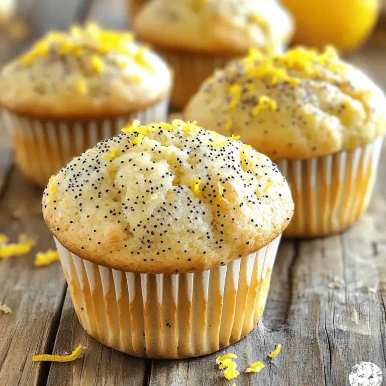 - 1 ½ cups all-purpose flour - ½ cup granulated sugar - 2 teaspoons baking powder - ½ teaspoon baking soda - ½ teaspoon salt - 2 tablespoons poppy seeds - 1 large egg - ½ cup Greek yogurt - ¼ cup vegetable oil - 1 tablespoon lemon zest - 3 tablespoons fresh lemon juice - ¼ teaspoon vanilla extract - Additional lemon zest - Poppy seeds Gathering the right ingredients is key to making the best lemon poppy seed muffins. Start with the dry ingredients. Flour, sugar, baking powder, baking soda, salt, and poppy seeds create a light and fluffy base. The poppy seeds add a nice crunch and a unique flavor. Next, focus on the wet ingredients. You’ll need an egg for binding and Greek yogurt for creaminess. The vegetable oil keeps the muffins moist. The lemon zest and juice deliver a fresh, zesty punch. Finally, add a splash of vanilla extract for a sweet aroma. Don’t forget about the optional garnishes! A sprinkle of lemon zest and more poppy seeds on top adds a lovely touch. For the full recipe, check the section above. Enjoy the process of measuring and mixing these ingredients; it’s the first step to a delightful treat! Start by preheating your oven to 350°F (175°C). This step is key for baking. While the oven warms up, line your muffin tin with paper liners. If you don't have liners, you can lightly grease the tin with oil. This helps the muffins come out easily when baked. In a medium bowl, whisk together the following dry ingredients: - 1 ½ cups all-purpose flour - ½ cup granulated sugar - 2 teaspoons baking powder - ½ teaspoon baking soda - ½ teaspoon salt - 2 tablespoons poppy seeds Make sure there are no lumps. This blend gives the muffins their great taste and lift. In a separate large bowl, mix together: - 1 large egg - ½ cup Greek yogurt - ¼ cup vegetable oil - 1 tablespoon lemon zest - 3 tablespoons fresh lemon juice - ¼ teaspoon vanilla extract Stir these until the mixture is smooth and creamy. The yogurt and lemon juice add moisture and flavor. Now, gently add the dry ingredients into the wet mixture. Stir slowly until just combined. Be careful not to overmix! A few lumps are fine. This keeps your muffins light and fluffy. Spoon the batter into the muffin cups. Fill them about three-quarters full. This allows room for the muffins to rise. Bake them in your preheated oven for 18-20 minutes. Use a toothpick to check if they are done. It should come out clean. Once baked, remove the muffins from the oven. Let them cool in the pan for about 5 minutes. Then, transfer them to a wire rack to cool completely. If you like, garnish with extra lemon zest and poppy seeds before serving. Enjoy your fresh and flavorful muffins! For the full recipe, check the earlier sections. To get the best texture, avoid overmixing the batter. When you mix the wet and dry ingredients, do it gently. Lumps are fine! Overmixing can make your muffins tough. Aim for a light, fluffy muffin that will melt in your mouth. Want a stronger lemon flavor? Add more zest or juice. I suggest using the zest of two lemons instead of one. It gives the muffins a bright, fresh taste. You can also add an extra tablespoon of lemon juice. This little change can make a big difference. Every oven is different. So, adjust your baking time and temperature as needed. If you have a convection oven, lower the temperature by 25°F. This helps your muffins bake evenly. Keep an eye on them around the 15-minute mark. Use a toothpick to check for doneness. It should come out clean when they're ready. For the complete Lemon Poppy Seed Muffins recipe, check the Full Recipe section! {{image_2}} If you need a gluten-free version of these muffins, you can swap out all-purpose flour. Use a gluten-free flour blend instead. Look for blends that contain xanthan gum. This helps mimic the texture of regular flour. You can also use almond flour for a nutty taste. Just remember, almond flour may make your muffins denser. To make these muffins vegan, replace the egg with flaxseed meal. Mix one tablespoon of flaxseed meal with three tablespoons of water. Let it sit for five minutes to thicken. For dairy, swap Greek yogurt with unsweetened applesauce or coconut yogurt. Both options keep the muffins moist and soft. You can customize your muffins with fun add-ins. Try mixing in fresh blueberries or raspberries for a fruity twist. Chopped nuts like walnuts or pecans add a nice crunch. You can also use dried fruits like cranberries or apricots for added sweetness. Just be careful not to add too many extras. This keeps the muffin batter fluffy. If you want to explore more, check the Full Recipe for more ideas! To store your muffins in the fridge, place them in an airtight container. This keeps them fresh and moist. Make sure the muffins cool completely before sealing them. Stored this way, your lemon poppy seed muffins can last up to one week. When you are ready to enjoy, just take them out and let them warm to room temperature. Freezing is a great way to keep muffins for later. To freeze, wrap each muffin in plastic wrap. Then, place them in a freezer bag or container. This helps prevent freezer burn. Your muffins can stay fresh in the freezer for up to three months. When you want to eat them, thaw in the fridge overnight or at room temperature for a few hours. At room temperature, lemon poppy seed muffins last about three days. Keep them in a cool, dry place. If they start to feel dry or hard, they may be past their prime. Always check for any signs of spoilage before eating. Enjoy the freshness of your muffins for as long as possible! For the full recipe, you can refer to the earlier sections. Lemon poppy seed muffins last about three days at room temperature. Keep them in an airtight container to keep them fresh. If you place them in the fridge, they can last up to a week. For the best taste, enjoy them within the first few days. Yes, you can! Use a gluten-free all-purpose flour blend. Make sure it contains xanthan gum, as this helps the muffins rise and hold their shape. Follow the same measurements as in the recipe. If you don't have Greek yogurt, you can use sour cream or plain yogurt. For dairy-free options, try almond yogurt or coconut yogurt. They will keep the muffins moist and tender. Yes, lemon zest is key! It adds a bright, fresh flavor that lifts the muffins. You may skip it, but they will taste less lemony. Use a microplane to get fine zest without the bitter white pith. Check for a light golden color on top. Insert a toothpick into the center; it should come out clean. If it has wet batter, bake for a few more minutes. Keep an eye on them to avoid overbaking. You can use frozen lemons, but fresh is best. Frozen lemons may lose some juice and flavor when thawed. If using frozen, let them thaw and drain excess water before juicing. Fresh lemons provide the best taste and aroma. For the complete recipe, check [Full Recipe]. These lemon poppy seed muffins are easy to make and full of flavor. You learned the ingredients, steps, and tips to get the best texture. Try different variations and storage methods to enjoy them longer. Whether you’re baking for yourself or sharing with friends, these muffins are sure to please. I hope you feel inspired to create and experiment. Happy baking!