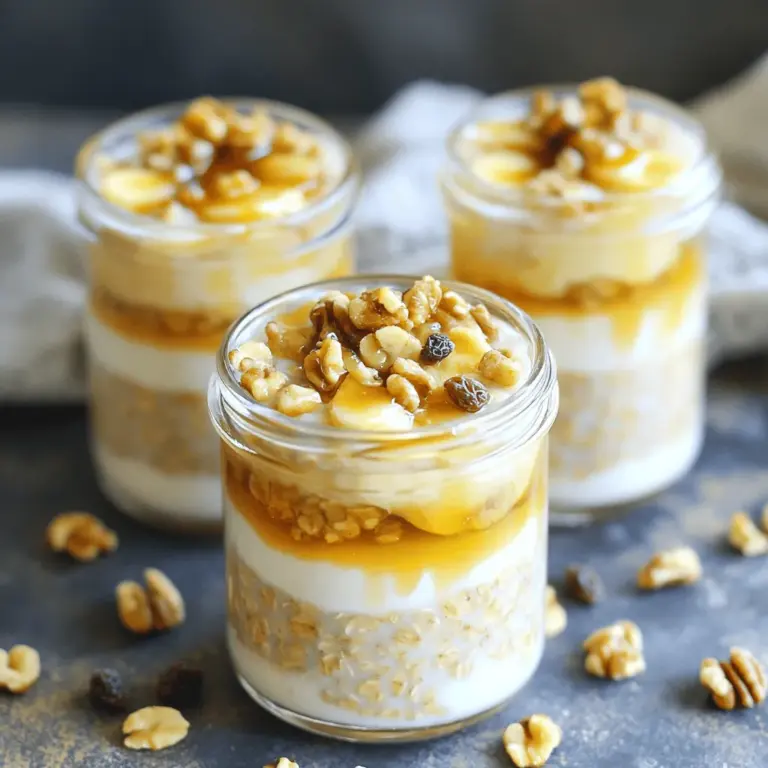 - 1 cup rolled oats - 1 cup almond milk (or any milk of choice) - 1 ripe banana, mashed - 1 tablespoon maple syrup (or honey) - 1 teaspoon vanilla extract - 1 teaspoon ground cinnamon - 1/4 teaspoon nutmeg - 1/4 cup chopped walnuts - 1/4 cup raisins or chocolate chips When it comes to making banana bread overnight oats, the right ingredients make all the difference. Start with rolled oats, as they absorb the milk well. Almond milk works great, but you can use any milk you like. A ripe banana gives natural sweetness and a creamy texture. Adding maple syrup or honey enhances the flavor further. To make your oats even tastier, you can include vanilla extract, cinnamon, and nutmeg. These spices create that warm, cozy taste of banana bread. If you want to add some crunch or chewiness, consider optional add-ins like walnuts or raisins. You can even swap in chocolate chips for a sweet twist. This simple mix of ingredients creates a delicious breakfast. You can find the Full Recipe at the end of the article. In a medium bowl or jar, you start by combining rolled oats, almond milk, mashed banana, maple syrup, and vanilla extract. Mix these ingredients well until they are fully blended. This mix is the base of your oats, and it creates a creamy texture that tastes just like banana bread. Next, incorporate ground cinnamon, nutmeg, and half of the walnuts, if you are using them. Stir the mixture again to evenly spread the spices. The cinnamon and nutmeg add warmth and comfort, making this dish feel special. If you like, fold in raisins or chocolate chips into the oat mixture. This step adds a sweet surprise in every bite. You can also prepare the mixture for storage by dividing it into jars or bowls. Top with the remaining walnuts for a nice crunch. Now, cover the jars or bowls and place them in the fridge. Let them chill overnight or for at least 4 hours. This waiting time helps the oats soften and soak up all the flavors. In the morning, just give the oats a good stir. If they are too thick, add a splash of milk to loosen them up. Enjoy them cold or warm if you prefer! For the full recipe, check the earlier section. To make your banana bread overnight oats sweet, you can adjust the maple syrup. Start with one tablespoon. If you want it sweeter, add more. For creaminess, you can add a little extra milk. This makes the oats softer. Choose the right milk for your taste. Almond milk is a great option. You can also use cow's milk, oat milk, or soy milk. Each type of milk adds a different flavor. Experiment to find what you love best. Serving your oats in cute jars is a fun idea. It looks nice and makes breakfast special. Clear jars let you see the layers and colors. You can also add extra banana slices on top. A drizzle of maple syrup adds shine and sweetness. For texture, sprinkle chopped walnuts or granola on top. This gives a nice crunch. You can also use seeds or coconut flakes for more flavor. You can easily change this recipe to fit your needs. If you want it vegan, use maple syrup instead of honey. For a gluten-free option, make sure your oats are labeled gluten-free. Try adding different fruits, like berries or apples. These add fresh flavors and nutrients. You can also swap the nuts for seeds if you prefer. This way, you can enjoy banana bread overnight oats your way! For the full recipe, check out the complete guide. {{image_2}} You can add a twist to your banana bread overnight oats. Chocolate banana overnight oats are a fun option. Just add cocoa powder or chocolate chips. This will give you a rich flavor. It tastes like dessert for breakfast! Another tasty choice is nut butter banana bread oats. Mix in peanut butter or almond butter. This adds protein and a creamy texture. You’ll love how filling they become! You can change your oats with the seasons. In fall, try adding pumpkin spice or diced apples. This gives a warm and cozy feel. It’s perfect for chilly mornings! During summer, fresh berries are a great addition. Blueberries, strawberries, or raspberries add a burst of flavor. They also add a nice color to your oats. To change the texture, consider adding chia seeds. Chia seeds soak up liquid and make your oats thicker. This gives a fun, pudding-like quality. You can also layer your oats with yogurt. This makes them creamy and smooth. It’s a great way to enjoy different textures in one bowl! For the full recipe, check out the Full Recipe section above. To keep your banana bread overnight oats fresh, store them in airtight containers. Glass jars work great since they are easy to clean and keep odors out. You can also use plastic containers with tight lids. Make sure to keep them in the fridge. They will stay fresh for about three to five days. - Best practices: - Use clean, dry containers. - Label your jars with the date. - Avoid adding toppings until you are ready to eat. If you want to prepare meals ahead, freezing overnight oats is a smart choice. Fill your jars or containers, leaving some space at the top. Oats expand as they freeze. Seal the jars tightly and place them in the freezer. They can last up to three months. - Thawing and reheating instructions: - To thaw, move them to the fridge a day before you want to eat. - You can heat them in the microwave for 30-60 seconds if you prefer warm oats. - Stir well and add a splash of milk if they seem thick. This way, your banana bread overnight oats will always be ready when you need a quick meal! For the full recipe, check out the earlier section. Banana bread overnight oats can last up to five days in the fridge. Keep them in a sealed jar or container. The oats will stay fresh, but the banana flavor may change over time. If you notice browning, it’s still safe to eat. Just give them a good stir before enjoying. You can’t safely make overnight oats without refrigeration. The oats need to soak in milk to soften. If they sit out too long, they can spoil. Always store your oats in the fridge to keep them fresh and safe to eat. Yes, you can heat up overnight oats! If you prefer a warm breakfast, place the oats in a microwave-safe bowl. Heat them for about 30 seconds, then stir. If they are too thick, add a splash of milk to loosen them up. You can easily adjust the recipe for more servings. Just multiply each ingredient by the number of servings you want. For instance, double all the amounts for four servings. Make sure to mix well and store in more jars if needed. If you want to substitute oats, try using quinoa or chia seeds. Both provide good texture and nutrients. Quinoa needs to be cooked first, while chia seeds can be mixed in dry. You can also use oat flour for a different twist. Check the ratios for best results! For the full recipe, follow the steps in the above sections. Banana bread overnight oats are an easy and tasty choice for breakfast. You learned about the key ingredients, step-by-step preparation, and various flavor options. Adjust the sweetness and try different add-ins for your taste. Store leftovers properly and even freeze them for later. With these tips, you can enjoy this dish every day. Get creative and make it your own! You’ll love the results.