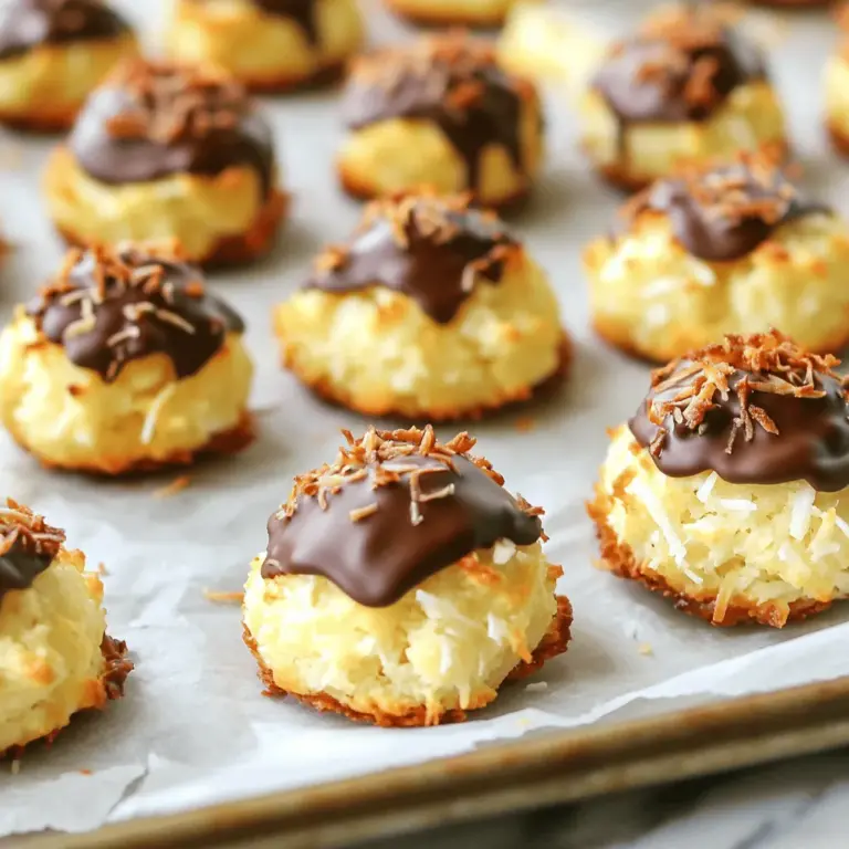 - 2 ¾ cups shredded sweetened coconut - 1 cup sweetened condensed milk - 1 teaspoon vanilla extract - ¼ teaspoon almond extract - 2 large egg whites - ¼ teaspoon salt - ½ cup semi-sweet chocolate chips (optional) The ingredients for coconut macaroons are simple and easy to find. The base is shredded sweetened coconut, which gives these treats their signature flavor and texture. Sweetened condensed milk adds moisture and sweetness. The vanilla and almond extracts enhance the taste, making each bite richer. Egg whites are key to getting that light, fluffy texture. They help the macaroons rise while baking. Adding a pinch of salt balances the sweetness. If you want a chocolatey twist, toss in some semi-sweet chocolate chips. They melt perfectly, adding a delicious contrast to the coconut. - Calories per serving: Around 100-120 calories, depending on the size and chocolate used. - Dietary considerations: These macaroons are naturally gluten-free. If you skip the chocolate, they are nut-free too. - Macronutrient breakdown: Each macaroon typically contains about 2 grams of protein, 6 grams of fat, and 12 grams of carbohydrates. Knowing the nutritional facts helps you enjoy these treats mindfully. Each macaroon packs a sweet punch while still being a fun, guilt-free snack. Enjoy making coconut macaroons for yourself or your loved ones with this [Full Recipe]! First, preheat your oven to 325°F (160°C). This helps the macaroons bake evenly. Line a baking sheet with parchment paper. This will keep the macaroons from sticking. Next, in a large mixing bowl, combine the shredded coconut and sweetened condensed milk. Add the vanilla and almond extracts. Mix everything together until it is well blended. This simple mix is the base for your macaroons. Now, let’s whip the egg whites. In a separate bowl, beat the egg whites and salt until soft peaks form. This will give your macaroons a fluffy texture. You want them nice and airy! Once the egg whites are ready, gently fold them into the coconut mixture. Use a spatula for this. Be careful not to deflate the egg whites too much. You want a light and fluffy mix. Next, it’s time to shape the macaroons. Use a spoon or small cookie scoop to drop heaping tablespoons of the mixture onto the prepared baking sheet. Space them about 2 inches apart. This gives them room to spread while baking. Bake in the preheated oven for about 15-20 minutes. Keep an eye on them! They are done when the edges are golden brown. If you like, you can dip them in chocolate later for an extra treat. Enjoy this delicious tropical coconut macaroons recipe! For the full recipe, check the details above. Whipping the egg whites is key. This step gives your macaroons a light and airy feel. Make sure to whisk them until they form soft peaks. This means the egg whites should hold their shape but still be smooth. To help your macaroons hold their shape, use a spoon or a small scoop. Drop heaping tablespoons onto your baking sheet. Space them about two inches apart. This way, they won’t merge while baking. You can make your coconut macaroons even better with some extra flavors. Adding lemon zest or lime juice brightens them up. These citrus notes pair well with the coconut. You can also try different extracts. Almond extract adds a nice nutty flavor. Coconut extract can give you a richer taste. Feel free to mix and match to find your favorite flavor! Coconut macaroons taste great on their own but can be even better with some pairings. Serve them with a nice cup of coffee or tea. The warmth of these drinks complements the sweet coconut well. You can also pair them with dessert wines. A chilled dessert wine can enhance the flavors. Try serving them at a party or as a sweet ending to dinner. They are sure to impress your guests! {{image_2}} To make chocolate-dipped macaroons, first cool the baked macaroons completely. Then, melt semi-sweet chocolate chips in a microwave-safe bowl. Use short bursts of heat, stirring between to avoid burning the chocolate. Once melted, dip the bottom of each macaroon into the chocolate. Let the excess drip off before placing them back on a wire rack. You can also coat the macaroons with crushed nuts or drizzle melted chocolate on top for extra flair. These options add fun textures and flavors. For vegan macaroons, you need to replace the egg whites and sweetened condensed milk. Use aquafaba, which is the liquid from canned chickpeas, as a substitute for egg whites. It whips up nicely and gives the same light texture. For condensed milk, coconut cream mixed with a bit of sweetener works well. This keeps the coconut flavor strong and creamy. Make sure to check if your coconut flakes are vegan-friendly too. You can add a tropical twist to your macaroons by mixing in dried fruits or spices. Try adding chopped pineapple or mango for sweetness. A pinch of cinnamon or nutmeg can also enhance the flavor. You can experiment with different types of coconut, like coconut flour or coconut milk, for varied textures and tastes. Each addition brings a new layer to this treat, making it even more delightful. To keep your coconut macaroons fresh, store them in a cool, dry place. Use an airtight container. This helps prevent them from drying out or becoming too hard. If you want to keep them longer, the fridge is a good choice. Just remember to let them cool completely before storing. This keeps moisture from building up in the container. Freezing macaroons is simple. First, let them cool fully. Then, place them in a single layer on a baking sheet. Freeze them for about an hour. After that, transfer them to a freezer-safe bag or container. Be sure to label it with the date. Coconut macaroons can last for about three months in the freezer. When you want to enjoy them, take out as many as you need and let them thaw in the fridge overnight. If you want to refresh your macaroons, a quick warm-up works well. Preheat your oven to 300°F (150°C). Place the macaroons on a baking sheet and warm them for about 5-10 minutes. This helps restore their crispness. If they feel a bit dry after storage, a light drizzle of melted chocolate can add moisture back. Enjoy your delicious tropical coconut macaroons with a fresh twist! You can tell your macaroons are ready by looking at their color. They should have golden edges. The tops may also feel firm to the touch. Check the inside too; it should have a soft and chewy texture. If they look golden and feel set, they are done baking. Yes, you can use unsweetened coconut. However, you need to adjust the sweetness. Add a bit more sweetened condensed milk or a bit of sugar. This will help balance the flavors and keep the macaroons tasty. Coconut macaroons are made with shredded coconut, egg whites, and sweeteners. They are chewy and dense. Macarons, on the other hand, use almond flour, egg whites, and sugar. They are light and crispy with creamy fillings. Many people confuse the two because of their similar names. You can find coconut macaroons at many local bakeries. Some grocery stores sell them too. For more options, check online. Websites like Amazon or specialty food shops often have great choices. You can also try making them at home using the Full Recipe. Coconut macaroons are simple yet delicious treats made with just a few ingredients. You learned how to mix, bake, and even store them for later. Remember, whipping those egg whites is key to perfect texture. You can also try fun variations to suit your taste. With the right tips, you’ll impress anyone with your baking skills. Now, grab those ingredients and get started on your own coconut macaroons. Enjoy the process and the sweet results!