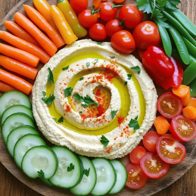 - 1 can (15 oz) chickpeas, drained and rinsed - 1/4 cup tahini - 2 tablespoons olive oil - 2 tablespoons lemon juice Chickpeas are the main base of hummus. They give it a creamy texture. Tahini adds a nutty flavor that makes hummus rich. Olive oil brings smoothness and taste. Lastly, lemon juice brightens the dish with a fresh kick. - 1 red bell pepper, sliced - 1 cucumber, sliced into rounds - 1 cup cherry tomatoes, halved - 1 cup baby carrots - 1/2 cup snap peas For the veggie platter, choose colorful vegetables. The red bell pepper adds crunch and sweetness. Cucumber rounds are cool and refreshing. Cherry tomatoes burst with flavor. Baby carrots provide great crunch, and snap peas add a sweet snap. Together, they make a feast for the eyes and palate. - Fresh parsley - Paprika Garnishes give the hummus a nice finish. Fresh parsley adds a touch of green and brightness. A sprinkle of paprika adds color and a hint of spice. These simple touches elevate your platter and make it look special. For the complete guide, check the Full Recipe above. Start by gathering your ingredients. In a food processor, put together the chickpeas, tahini, olive oil, lemon juice, minced garlic, ground cumin, and salt. Blend them until you see a smooth mix that looks creamy and inviting. If your hummus is too thick, add water slowly. Start with one tablespoon, blend, and check the texture. You want it spreadable but not runny. Adjust until you love the feel. Now it’s time to taste your hummus. Is it zesty enough? If you want more flavor, add a pinch of salt or a dash of lemon juice. Blend again and taste until it’s just right. Grab a large platter and place your hummus bowl in the center. Next, slice the red bell pepper, cucumber, cherry tomatoes, baby carrots, and snap peas. Arrange the veggies around the hummus. Make it colorful and fun! For the final touch, sprinkle fresh parsley on top of the hummus. Add a dash of paprika for color. This will make your platter look fresh and inviting. Choose a bright platter to showcase your veggies. The colors of the vegetables will pop and draw everyone in. A fun, colorful display makes the food even more tempting. Consider using small cups for serving hummus. This way, guests can dip their veggies easily. It also adds an interactive feel to your platter, making it a hit at any gathering. Enjoy creating this fresh and tasty delight with the full recipe. - Adjusting Thickness with Water The best hummus is smooth and creamy. If it feels too thick, add water. Start with one tablespoon at a time. Blend after each addition. This helps you reach the perfect texture. - Using Chilled Ingredients Cold ingredients make hummus taste fresher. Use chilled chickpeas and lemon juice. This small change can boost the flavor. It also keeps the hummus cool for longer. - Prepping Vegetables in Advance Save time by cutting veggies ahead. Slice bell peppers, cucumbers, and carrots a day before. Store them in the fridge. This makes your platter quick to assemble. - Utilizing Store-Bought Hummus If you are short on time, store-bought hummus works well. Look for brands with simple ingredients. This can save you prep time while still tasting great. - Adding Spices: Cumin vs. Paprika Cumin gives hummus a warm taste. Paprika adds a smoky flavor. Try both to see which you like best. You can also mix them for a unique twist. - Experimenting with Additional Ingredients Think outside the box! Add roasted garlic or sun-dried tomatoes. You can also mix in herbs like basil or cilantro. These additions make your hummus stand out. For the full recipe, check out the Hummus & Veggie Delight Platter. {{image_2}} You can mix up your hummus game with different flavors. One fun option is roasted red pepper hummus. To make it, blend your basic hummus and add roasted red peppers. This adds a sweet and smoky taste. You can also try garlic and herb hummus. Just add minced garlic and fresh herbs like parsley or basil to your basic mix. This brings a fresh twist to the classic dip. You can use many vegetables to dip in hummus. Bell pepper varieties like yellow and orange add color and sweetness. You can slice them into strips for easy dipping. Seasonal veggies also work great. Think about using radishes in spring or zucchini in summer. This way, you get a fresh taste all year long. If you have specific dietary needs, you can still enjoy this platter. For gluten-free options, all the ingredients listed are safe. You can use gluten-free crackers for extra crunch. For vegan considerations, make sure your tahini and olive oil are vegan-friendly. Both options let everyone enjoy this tasty treat. For more ideas, check out the Full Recipe to see how to create these variations. To keep leftover hummus fresh, use an airtight container. This method helps keep moisture in. I suggest glass containers because they won’t absorb odors. Store it in the fridge. Hummus lasts about five to seven days when stored properly. To keep your veggies fresh, place them in a crisper drawer. This area has the right humidity for most vegetables. Wrap leafy greens in a damp paper towel before putting them in a bag. This helps prevent wilting. Avoid cutting vegetables until you're ready to eat them. Whole veggies stay fresher longer. You can use leftover hummus in many ways. Try spreading it on wraps or sandwiches. Hummus also makes a great dip for chips or crackers. For leftover veggies, add them to salads or stir-fries. You can also toss them into soups for extra flavor. Don’t let those tasty ingredients go to waste! To make hummus from scratch, you need a few key ingredients. Start with one can of chickpeas, tahini, olive oil, lemon juice, minced garlic, ground cumin, and salt. Here’s how to do it: 1. Combine the chickpeas, tahini, olive oil, lemon juice, garlic, cumin, and salt in a food processor. 2. Process until the mixture is smooth. 3. If it’s too thick, add water one tablespoon at a time until it’s creamy. 4. Taste and adjust the seasoning if needed. This simple method creates a fresh, tasty hummus. For the full recipe, check out the details above. Several vegetables go well with hummus. Here are popular choices: - Red bell pepper, sliced - Cucumber, cut into rounds - Cherry tomatoes, halved - Baby carrots - Snap peas For a twist, try uncommon options like radishes or jicama. They add crunch and flavor. You can find tasty pre-made hummus and veggie platters at many places. Look for local restaurants that focus on fresh foods or Mediterranean cuisine. Grocery stores often have great options too. Stores like Whole Foods, Trader Joe’s, and local markets usually sell ready-made platters. Check their deli sections for the best finds. Yes, you can freeze hummus! To freeze, place it in an airtight container. Leave some space at the top, as hummus expands when frozen. It can last up to four months in the freezer. To enjoy, thaw it in the fridge overnight before serving. Stir well after thawing to improve texture. Hummus is simple to make with chickpeas, tahini, and fresh flavors. Pair it with colorful veggies for a healthy snack. You can try different recipes and ingredients to mix it up. Store leftovers safely to enjoy your hummus later. With these tips and ideas, you can create delicious platters anytime. Now, get in the kitchen and enjoy making tasty hummus!