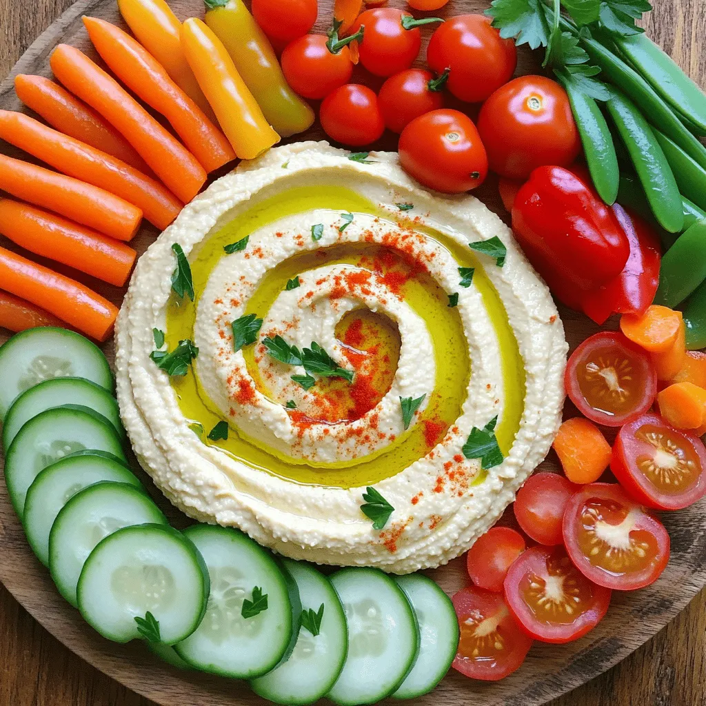 - 1 can (15 oz) chickpeas, drained and rinsed - 1/4 cup tahini - 2 tablespoons olive oil - 2 tablespoons lemon juice Chickpeas are the main base of hummus. They give it a creamy texture. Tahini adds a nutty flavor that makes hummus rich. Olive oil brings smoothness and taste. Lastly, lemon juice brightens the dish with a fresh kick. - 1 red bell pepper, sliced - 1 cucumber, sliced into rounds - 1 cup cherry tomatoes, halved - 1 cup baby carrots - 1/2 cup snap peas For the veggie platter, choose colorful vegetables. The red bell pepper adds crunch and sweetness. Cucumber rounds are cool and refreshing. Cherry tomatoes burst with flavor. Baby carrots provide great crunch, and snap peas add a sweet snap. Together, they make a feast for the eyes and palate. - Fresh parsley - Paprika Garnishes give the hummus a nice finish. Fresh parsley adds a touch of green and brightness. A sprinkle of paprika adds color and a hint of spice. These simple touches elevate your platter and make it look special. For the complete guide, check the Full Recipe above. Start by gathering your ingredients. In a food processor, put together the chickpeas, tahini, olive oil, lemon juice, minced garlic, ground cumin, and salt. Blend them until you see a smooth mix that looks creamy and inviting. If your hummus is too thick, add water slowly. Start with one tablespoon, blend, and check the texture. You want it spreadable but not runny. Adjust until you love the feel. Now it’s time to taste your hummus. Is it zesty enough? If you want more flavor, add a pinch of salt or a dash of lemon juice. Blend again and taste until it’s just right. Grab a large platter and place your hummus bowl in the center. Next, slice the red bell pepper, cucumber, cherry tomatoes, baby carrots, and snap peas. Arrange the veggies around the hummus. Make it colorful and fun! For the final touch, sprinkle fresh parsley on top of the hummus. Add a dash of paprika for color. This will make your platter look fresh and inviting. Choose a bright platter to showcase your veggies. The colors of the vegetables will pop and draw everyone in. A fun, colorful display makes the food even more tempting. Consider using small cups for serving hummus. This way, guests can dip their veggies easily. It also adds an interactive feel to your platter, making it a hit at any gathering. Enjoy creating this fresh and tasty delight with the full recipe. - Adjusting Thickness with Water The best hummus is smooth and creamy. If it feels too thick, add water. Start with one tablespoon at a time. Blend after each addition. This helps you reach the perfect texture. - Using Chilled Ingredients Cold ingredients make hummus taste fresher. Use chilled chickpeas and lemon juice. This small change can boost the flavor. It also keeps the hummus cool for longer. - Prepping Vegetables in Advance Save time by cutting veggies ahead. Slice bell peppers, cucumbers, and carrots a day before. Store them in the fridge. This makes your platter quick to assemble. - Utilizing Store-Bought Hummus If you are short on time, store-bought hummus works well. Look for brands with simple ingredients. This can save you prep time while still tasting great. - Adding Spices: Cumin vs. Paprika Cumin gives hummus a warm taste. Paprika adds a smoky flavor. Try both to see which you like best. You can also mix them for a unique twist. - Experimenting with Additional Ingredients Think outside the box! Add roasted garlic or sun-dried tomatoes. You can also mix in herbs like basil or cilantro. These additions make your hummus stand out. For the full recipe, check out the Hummus & Veggie Delight Platter. {{image_2}} You can mix up your hummus game with different flavors. One fun option is roasted red pepper hummus. To make it, blend your basic hummus and add roasted red peppers. This adds a sweet and smoky taste. You can also try garlic and herb hummus. Just add minced garlic and fresh herbs like parsley or basil to your basic mix. This brings a fresh twist to the classic dip. You can use many vegetables to dip in hummus. Bell pepper varieties like yellow and orange add color and sweetness. You can slice them into strips for easy dipping. Seasonal veggies also work great. Think about using radishes in spring or zucchini in summer. This way, you get a fresh taste all year long. If you have specific dietary needs, you can still enjoy this platter. For gluten-free options, all the ingredients listed are safe. You can use gluten-free crackers for extra crunch. For vegan considerations, make sure your tahini and olive oil are vegan-friendly. Both options let everyone enjoy this tasty treat. For more ideas, check out the Full Recipe to see how to create these variations. To keep leftover hummus fresh, use an airtight container. This method helps keep moisture in. I suggest glass containers because they won’t absorb odors. Store it in the fridge. Hummus lasts about five to seven days when stored properly. To keep your veggies fresh, place them in a crisper drawer. This area has the right humidity for most vegetables. Wrap leafy greens in a damp paper towel before putting them in a bag. This helps prevent wilting. Avoid cutting vegetables until you're ready to eat them. Whole veggies stay fresher longer. You can use leftover hummus in many ways. Try spreading it on wraps or sandwiches. Hummus also makes a great dip for chips or crackers. For leftover veggies, add them to salads or stir-fries. You can also toss them into soups for extra flavor. Don’t let those tasty ingredients go to waste! To make hummus from scratch, you need a few key ingredients. Start with one can of chickpeas, tahini, olive oil, lemon juice, minced garlic, ground cumin, and salt. Here’s how to do it: 1. Combine the chickpeas, tahini, olive oil, lemon juice, garlic, cumin, and salt in a food processor. 2. Process until the mixture is smooth. 3. If it’s too thick, add water one tablespoon at a time until it’s creamy. 4. Taste and adjust the seasoning if needed. This simple method creates a fresh, tasty hummus. For the full recipe, check out the details above. Several vegetables go well with hummus. Here are popular choices: - Red bell pepper, sliced - Cucumber, cut into rounds - Cherry tomatoes, halved - Baby carrots - Snap peas For a twist, try uncommon options like radishes or jicama. They add crunch and flavor. You can find tasty pre-made hummus and veggie platters at many places. Look for local restaurants that focus on fresh foods or Mediterranean cuisine. Grocery stores often have great options too. Stores like Whole Foods, Trader Joe’s, and local markets usually sell ready-made platters. Check their deli sections for the best finds. Yes, you can freeze hummus! To freeze, place it in an airtight container. Leave some space at the top, as hummus expands when frozen. It can last up to four months in the freezer. To enjoy, thaw it in the fridge overnight before serving. Stir well after thawing to improve texture. Hummus is simple to make with chickpeas, tahini, and fresh flavors. Pair it with colorful veggies for a healthy snack. You can try different recipes and ingredients to mix it up. Store leftovers safely to enjoy your hummus later. With these tips and ideas, you can create delicious platters anytime. Now, get in the kitchen and enjoy making tasty hummus!