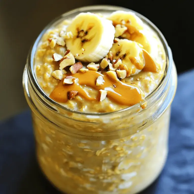 Peanut Butter Banana Overnight Oats is a tasty and quick breakfast. You can prepare this meal in just 10 minutes. It is healthy, filling, and perfect for busy mornings. With peanut butter and banana, it offers great flavor and nutrition. You can find the full recipe below. - 1 cup rolled oats - 2 cups almond milk (or milk of choice) - 1 ripe banana, mashed - 2 tablespoons peanut butter - 1 tablespoon honey or maple syrup (optional) - 1/2 teaspoon vanilla extract - 1/2 teaspoon cinnamon - Pinch of salt - Chopped nuts and banana slices for topping This mix of ingredients gives a creamy texture and a sweet taste. You can adjust the sweetness by adding honey or maple syrup. The cinnamon adds warmth to the dish, while the peanut butter makes it rich and satisfying. Enjoy your meal with fresh toppings for extra crunch! To make your Peanut Butter Banana Overnight Oats, start with a bowl. Gather your ingredients first. You need: - 1 cup rolled oats - 2 cups almond milk (or milk of choice) - 1 ripe banana, mashed - 2 tablespoons peanut butter - 1 tablespoon honey or maple syrup (optional) - 1/2 teaspoon vanilla extract - 1/2 teaspoon cinnamon - Pinch of salt - Chopped nuts and banana slices for topping In the bowl, mix all your ingredients well. Make sure the oats soak up the milk. This step is key for creamy oats. After mixing, divide the mixture into two jars. Seal them tightly and store in the fridge overnight. If you’re in a hurry, let them chill for at least four hours. Once your oats are ready, check if they are thick. If they are too thick, add a splash of almond milk. This will make them creamy again. Keep the oats sealed in the fridge. They stay fresh for about three days. You can grab one jar for a quick breakfast. It’s perfect for busy mornings. In the morning, stir the oats to mix them well. Top your oats with banana slices and chopped nuts. A drizzle of peanut butter adds a nice touch. You can eat right from the jar or pour it into a bowl. These oats are not just tasty; they are filling and healthy too. Enjoy your breakfast with a smile! For the full recipe, check the previous section. To make the best peanut butter banana overnight oats, focus on your oats. Rolled oats work best because they soak up the almond milk well. If you use quick oats, your mix may turn mushy. Always mash the banana well. This helps blend the flavors nicely. You can change some ingredients to fit your taste. For a nut-free option, swap peanut butter for sunflower seed butter. This keeps the creaminess but removes the nuts. If you want a sweeter mix, add more honey or maple syrup. You can also use any milk you like—oat milk or soy milk are great choices! One common mistake is not letting the oats soak long enough. They need time to absorb the liquid. If you skip this step, they will be crunchy. Also, avoid adding toppings too early. Wait until morning to add banana slices and nuts. This keeps them fresh and adds a nice crunch. {{image_2}} If you want to skip nuts, try sunflower seed butter. It gives a nice flavor without allergens. You can also use pumpkin seeds for crunch. They add healthy fats and protein too. You can add a variety of flavors to your oats. Try adding cocoa powder for a chocolate twist. You can also mix in some dried fruit like raisins or cranberries. For a tropical vibe, add some shredded coconut or chopped mango. If you want to avoid dairy, use oat milk or rice milk instead of almond milk. Both give a creamy texture. You can also try coconut milk for a richer taste. Just choose what you like best! For the Full Recipe, check out the main section above. You can keep overnight oats in the fridge for up to five days. They taste great and stay fresh. I like to make several jars at once. This way, I have breakfast ready for the week. Just check for any signs of spoilage before eating. Use glass jars or BPA-free plastic containers. These keep the oats fresh and safe. Make sure the containers have tight lids. I often use mason jars. They are sturdy and perfect for this dish. You can also see the layers, which looks nice. You can eat overnight oats cold or warm them up. If you want to reheat, use the microwave. Warm in short bursts of 30 seconds. Stir between bursts to prevent hot spots. Add a splash of milk for creaminess if needed. Enjoy your tasty breakfast however you like! Yes, you can use instant oats. Instant oats cook faster and absorb liquid quickly. This means your oats may turn mushy. If you like a smoother texture, instant oats work fine. If you prefer a chewier bite, stick with rolled oats. To make this recipe vegan, simply swap dairy milk for almond milk. Use maple syrup instead of honey. All other ingredients are plant-based. This keeps the taste delicious while being suitable for a vegan diet. Yes, overnight oats are great for meal prep. You can make several servings at once. Just divide the mixture into jars. Seal them tightly and store in the fridge. They stay fresh for about three to five days. Overnight oats are full of fiber and protein. They help keep you full longer. The oats also provide energy and nutrients. Adding peanut butter and banana boosts flavor and health benefits too. This makes it a well-rounded breakfast choice. This blog post covered everything you need to know about making overnight oats. We explored the simple ingredients, preparation steps, and helpful tips for perfecting your dish. You learned about storage, variations, and common mistakes to avoid. Overnight oats are easy and healthy. You can customize them to fit your taste and needs. Enjoy experimenting and making them your own!