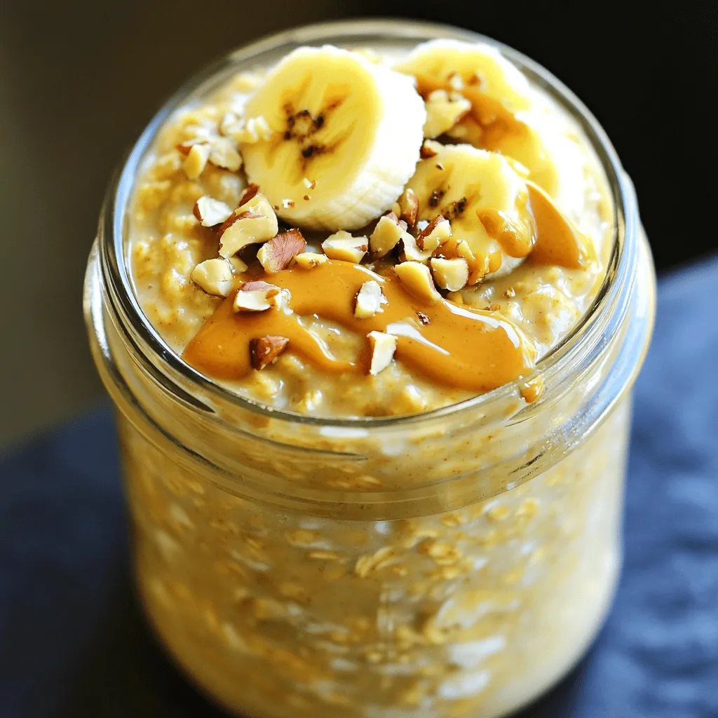 Peanut Butter Banana Overnight Oats is a tasty and quick breakfast. You can prepare this meal in just 10 minutes. It is healthy, filling, and perfect for busy mornings. With peanut butter and banana, it offers great flavor and nutrition. You can find the full recipe below. - 1 cup rolled oats - 2 cups almond milk (or milk of choice) - 1 ripe banana, mashed - 2 tablespoons peanut butter - 1 tablespoon honey or maple syrup (optional) - 1/2 teaspoon vanilla extract - 1/2 teaspoon cinnamon - Pinch of salt - Chopped nuts and banana slices for topping This mix of ingredients gives a creamy texture and a sweet taste. You can adjust the sweetness by adding honey or maple syrup. The cinnamon adds warmth to the dish, while the peanut butter makes it rich and satisfying. Enjoy your meal with fresh toppings for extra crunch! To make your Peanut Butter Banana Overnight Oats, start with a bowl. Gather your ingredients first. You need: - 1 cup rolled oats - 2 cups almond milk (or milk of choice) - 1 ripe banana, mashed - 2 tablespoons peanut butter - 1 tablespoon honey or maple syrup (optional) - 1/2 teaspoon vanilla extract - 1/2 teaspoon cinnamon - Pinch of salt - Chopped nuts and banana slices for topping In the bowl, mix all your ingredients well. Make sure the oats soak up the milk. This step is key for creamy oats. After mixing, divide the mixture into two jars. Seal them tightly and store in the fridge overnight. If you’re in a hurry, let them chill for at least four hours. Once your oats are ready, check if they are thick. If they are too thick, add a splash of almond milk. This will make them creamy again. Keep the oats sealed in the fridge. They stay fresh for about three days. You can grab one jar for a quick breakfast. It’s perfect for busy mornings. In the morning, stir the oats to mix them well. Top your oats with banana slices and chopped nuts. A drizzle of peanut butter adds a nice touch. You can eat right from the jar or pour it into a bowl. These oats are not just tasty; they are filling and healthy too. Enjoy your breakfast with a smile! For the full recipe, check the previous section. To make the best peanut butter banana overnight oats, focus on your oats. Rolled oats work best because they soak up the almond milk well. If you use quick oats, your mix may turn mushy. Always mash the banana well. This helps blend the flavors nicely. You can change some ingredients to fit your taste. For a nut-free option, swap peanut butter for sunflower seed butter. This keeps the creaminess but removes the nuts. If you want a sweeter mix, add more honey or maple syrup. You can also use any milk you like—oat milk or soy milk are great choices! One common mistake is not letting the oats soak long enough. They need time to absorb the liquid. If you skip this step, they will be crunchy. Also, avoid adding toppings too early. Wait until morning to add banana slices and nuts. This keeps them fresh and adds a nice crunch. {{image_2}} If you want to skip nuts, try sunflower seed butter. It gives a nice flavor without allergens. You can also use pumpkin seeds for crunch. They add healthy fats and protein too. You can add a variety of flavors to your oats. Try adding cocoa powder for a chocolate twist. You can also mix in some dried fruit like raisins or cranberries. For a tropical vibe, add some shredded coconut or chopped mango. If you want to avoid dairy, use oat milk or rice milk instead of almond milk. Both give a creamy texture. You can also try coconut milk for a richer taste. Just choose what you like best! For the Full Recipe, check out the main section above. You can keep overnight oats in the fridge for up to five days. They taste great and stay fresh. I like to make several jars at once. This way, I have breakfast ready for the week. Just check for any signs of spoilage before eating. Use glass jars or BPA-free plastic containers. These keep the oats fresh and safe. Make sure the containers have tight lids. I often use mason jars. They are sturdy and perfect for this dish. You can also see the layers, which looks nice. You can eat overnight oats cold or warm them up. If you want to reheat, use the microwave. Warm in short bursts of 30 seconds. Stir between bursts to prevent hot spots. Add a splash of milk for creaminess if needed. Enjoy your tasty breakfast however you like! Yes, you can use instant oats. Instant oats cook faster and absorb liquid quickly. This means your oats may turn mushy. If you like a smoother texture, instant oats work fine. If you prefer a chewier bite, stick with rolled oats. To make this recipe vegan, simply swap dairy milk for almond milk. Use maple syrup instead of honey. All other ingredients are plant-based. This keeps the taste delicious while being suitable for a vegan diet. Yes, overnight oats are great for meal prep. You can make several servings at once. Just divide the mixture into jars. Seal them tightly and store in the fridge. They stay fresh for about three to five days. Overnight oats are full of fiber and protein. They help keep you full longer. The oats also provide energy and nutrients. Adding peanut butter and banana boosts flavor and health benefits too. This makes it a well-rounded breakfast choice. This blog post covered everything you need to know about making overnight oats. We explored the simple ingredients, preparation steps, and helpful tips for perfecting your dish. You learned about storage, variations, and common mistakes to avoid. Overnight oats are easy and healthy. You can customize them to fit your taste and needs. Enjoy experimenting and making them your own!