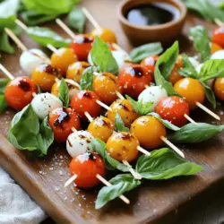 - Cherry tomatoes - Fresh mozzarella balls (bocconcini) - Fresh basil leaves - Balsamic glaze - Extra virgin olive oil - Salt and pepper To make Mini Caprese Skewers, you need fresh ingredients. You want ripe cherry tomatoes for a sweet taste. Look for plump mozzarella balls; they should be creamy and smooth. Fresh basil adds a fragrant touch. The balsamic glaze gives a tangy kick. Extra virgin olive oil enhances the flavors. Don’t forget salt and pepper to taste! - Skewers (4-6 inches long) - Additional seasoning options - Garnishes for presentation Skewers are handy for assembling your Mini Caprese. You can find them in different lengths. If you want, add extra seasoning like garlic powder or Italian herbs. For a beautiful look, consider garnishes. Fresh basil leaves or a drizzle of balsamic glaze can make your platter pop. Presentation matters, so have fun with it! For the full recipe, check out the details provided. Start by washing the cherry tomatoes and fresh basil leaves. Use cold water to rinse them well. After washing, pat them dry with a paper towel. This step is key to keep your skewers fresh. For assembly, take your skewers, about 4-6 inches long, and have them ready. This size is perfect for easy eating. Now comes the fun part—threading the ingredients! Take a skewer and slide on one cherry tomato first. Next, add a fresh basil leaf. Then, pop on a mozzarella ball. Repeat this pattern until your skewer is filled. Aim for about two to three sets of tomato, basil, and mozzarella per skewer. This mix gives a burst of flavor in every bite! Once your skewers are ready, it’s time to add some flair. Drizzle them with extra virgin olive oil for richness. Then, add a splash of balsamic glaze for a sweet touch. Season your skewers with salt and pepper to taste. This will enhance all the great flavors. Finally, place the skewers on a pretty platter. For an extra pop, you can drizzle more balsamic glaze over the top. Remember, these Mini Caprese Skewers are not just tasty; they look beautiful too! Enjoy this fresh and flavorful delight with friends or family. For the complete recipe, check the Full Recipe section. To make great Mini Caprese Skewers, start by choosing fresh ingredients. Use ripe cherry tomatoes and creamy mozzarella balls. This choice boosts flavor. When assembling, thread one cherry tomato, a basil leaf, and a mozzarella ball onto the skewer. Repeat this two to three times per skewer. Keep the order the same for each skewer. This method ensures even flavor in every bite. To keep basil leaves fresh, avoid bruising them. Place the leaves on top of the cheese, not squished between the tomatoes. This way, they stay vibrant and tasty. For a beautiful platter, arrange your skewers in a fan shape. This layout shows off the colors of the ingredients. You can also stand them upright in a glass for a fun display. To enhance flavors, pair your skewers with a side of crusty bread. A light salad dressed with lemon balances the richness of the cheese. Consider serving with a glass of crisp white wine for a lovely touch. To prep Mini Caprese Skewers in advance, assemble them a few hours before serving. Just keep them in the fridge until you’re ready to enjoy. Store pre-assembled skewers in an airtight container to keep them fresh. Use a damp paper towel in the container to help keep the basil crisp. Enjoy tasty skewers that stay fresh longer with these simple steps. {{image_2}} You can switch up the cheese in your Mini Caprese Skewers. Try using feta or goat cheese for a tangy twist. If you want a creamier option, burrata works great too. For the vegetables, think beyond tomatoes. You can use cucumber slices or even artichoke hearts. These swaps add fun flavors to your skewers. If you want to add protein, consider cubes of grilled chicken or shrimp. These options make your skewers heartier. You can even use marinated tofu for a plant-based choice. Flavored olive oils can take your skewers to the next level. Try garlic-infused oil or chili oil for a kick. You can also drizzle with flavored vinegars like raspberry or herb-infused ones. Adding spices can really elevate the dish. A sprinkle of garlic powder or crushed red pepper adds depth. Fresh herbs like oregano or thyme can also boost the taste. Make seasonal variations by changing the ingredients based on what’s fresh. In summer, add sweet peaches or heirloom tomatoes. For festive occasions, use holiday colors like red and green peppers. Pair your skewers with specific cuisine styles. For Italian flair, serve with pesto. For a Mediterranean vibe, add olives and artichokes. You can create a fun mix of flavors that keeps it interesting. For a complete guide, check out the Full Recipe. To keep your Mini Caprese Skewers fresh, store them in the fridge. Use an airtight container for best results. You can enjoy them for up to three days. After this, the tomatoes and basil may lose their crispness and flavor. You can freeze Mini Caprese Skewers, but it may affect the texture. If you want to freeze them, remove the basil first. Place the skewers in a single layer on a baking sheet. Once they are frozen, transfer them to a freezer-safe bag. They can last in the freezer for up to two months. To enjoy your leftovers, skip the microwave. Instead, let the skewers thaw in the fridge overnight. Once thawed, drizzle with olive oil and balsamic glaze for added flavor. Serve them cold for the best taste. Yes, you can use larger skewers. Bigger skewers can hold more ingredients. This makes each skewer more filling. However, keep in mind the balance. Longer skewers need more care when serving. They can also look impressive on a platter! You can keep assembled skewers in the fridge for up to two days. Store them in an airtight container. This helps keep them fresh and tasty. Just remember, the basil may lose its crispness over time. So, for best flavor, enjoy them soon! Yes, you can make these skewers vegan! Swap fresh mozzarella with vegan cheese. You can also use marinated tofu for a protein boost. Make sure to use a vegan balsamic glaze. With these adjustments, you’ll have a delicious vegan treat! Many sauces go well with Mini Caprese Skewers. A classic choice is balsamic reduction. Pesto also adds a great flavor kick. For a zesty twist, try a lemon garlic dip. These sauces enhance the fresh flavors of the skewers. Grilling Mini Caprese Skewers is a fun option! Just be cautious with the cheese and tomatoes. Use medium heat to avoid burning. You can lightly brush the skewers with olive oil before grilling. This adds flavor and helps prevent sticking. Enjoy the smoky taste! In this blog post, I covered how to make delicious Mini Caprese Skewers. We went through the needed ingredients, simple steps for prep and assembly, and tips for serving. Remember, choose fresh ingredients for the best taste. Experiment with variations to keep things exciting. Store leftovers properly to enjoy later. These skewers are fun to make and share. I hope you feel inspired to create and enjoy this tasty dish!