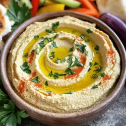 - 1 can (15 oz) chickpeas, drained and rinsed - 3 tablespoons tahini - 2 tablespoons olive oil - 2 tablespoons lemon juice (freshly squeezed) - 1 garlic clove, minced - 1 teaspoon ground cumin - Salt to taste - Water (as needed for consistency) - Paprika (for garnish) - Fresh parsley (for garnish) To make the best classic hummus, you need quality ingredients. I always choose fresh lemon juice. It brightens the flavor. The tahini adds creaminess and richness. Don't skip the garlic; it gives a nice kick. - Additional spices (e.g., cayenne pepper, smoked paprika) - Roasted garlic instead of raw - Other garnish options (e.g., sesame seeds, olives) You can play with flavors too! Adding cayenne pepper gives a lovely heat. Roasted garlic adds a sweet, mellow taste. Don’t forget to try different garnishes. They can make your hummus look stunning! For the full recipe, refer to the Smooth & Creamy Classic Hummus section. Start by draining and rinsing the chickpeas. This step helps remove extra salt and makes the hummus taste fresh. Pour the chickpeas into a colander and rinse them under cold water. Let them sit for a minute to drain well. Next, juice the lemons. Fresh lemon juice adds brightness to the hummus. Cut the lemons in half and use a juicer or squeeze by hand. You want about two tablespoons of juice. Now, prepare the garlic. Peel one clove and mince it finely. This will give your hummus a nice garlic kick. In a food processor, combine the drained chickpeas, tahini, lemon juice, minced garlic, cumin, and a pinch of salt. This mix forms the base of our hummus. Blend the mixture on high speed until it turns smooth and creamy. If it seems too thick, don’t worry! You can fix that. As you blend, gradually add the olive oil and a few tablespoons of water. This will help achieve the right consistency—smooth and spreadable. To adjust the texture, add more water. A tablespoon at a time works best. Keep blending until you reach your desired creaminess. Now it's time to taste. This is where you can adjust the seasoning. If it needs more salt or lemon juice, add a little more. Blend again to mix everything well. That’s it! You have a delicious, creamy hummus ready to enjoy. For the full recipe, check out the earlier section. To get your hummus just right, focus on water and oil. Start with a small amount of water. Add it slowly while blending. This helps reach that smooth texture. If it feels too thick, add more water. Olive oil also adds creaminess. Pour it in gradually as you blend. Too much at once can make it greasy. The blending time matters a lot. Blend for at least two minutes. This allows all the flavors to mix well. A longer blend makes the hummus creamy. You want a light and fluffy dip. To make your hummus pop, add herbs and spices. Fresh parsley is a great option. You can also add a pinch of cayenne for heat. Mixing in roasted garlic gives a sweet touch. Experiment with flavors to suit your taste. Balancing lemon juice and salt is key. Start with two tablespoons of lemon juice. Taste it and see if you need more. Salt enhances all the flavors. Adjust it little by little until it’s just right. Serve your hummus with pita bread or fresh veggies. Carrot sticks and cucumber slices pair well with the dip. You can also use crackers for a crunchy twist. For presentation, use a wide bowl. Spread the hummus in the bowl and drizzle olive oil on top. Sprinkle paprika and fresh parsley for color. It makes the dish more inviting. For the full recipe, check out the instructions provided. {{image_2}} You can switch up classic hummus with fun flavors. Try adding roasted red peppers. This gives your hummus a sweet and smoky taste. Just blend them in with the chickpeas. You can also add fresh herbs like basil or cilantro. These herbs brighten the flavor and add freshness. Blend them well for a tasty twist. Many people need special diets. Hummus works well for gluten-free and vegan meals. It is naturally gluten-free since it uses chickpeas. You can enjoy it without any worries. If you want a low-sodium option, skip the added salt. The other flavors still shine through without it. This makes hummus great for health-conscious eaters. Serving hummus can be fun and creative. You can make hummus bowls with your favorite toppings. Add sliced veggies, olives, or nuts. This creates a colorful and tasty meal. You can also spread hummus on sandwiches or wraps. It adds creaminess and flavor to your lunch. Try it with fresh veggies for extra crunch. For the full recipe, check out the link above to create your own delicious hummus! To keep your hummus fresh, choose the right container. Use an airtight glass jar or container. This helps to keep it safe from odors and moisture. Avoid plastic containers as they can retain smells. For refrigeration, store the hummus in the fridge right after making it. It stays fresh for up to a week. If you want to keep it longer, freezing is a great option. Transfer the hummus to a freezer-safe container, leaving some space at the top. It can last up to three months in the freezer. When you are ready to eat it, simply thaw it in the fridge overnight. Hummus lasts about one week in the fridge. After that, it may lose its taste and texture. Keep an eye on it. If it smells bad or has mold, it is time to throw it away. Signs of spoilage include: - Unpleasant odor - Changes in color - Visible mold Always trust your senses. Fresh hummus should smell inviting and look creamy. Enjoy your hummus with confidence! For the full recipe, check out the classic hummus recipe section. - Can I make hummus without tahini? Yes, you can skip tahini. Use more olive oil instead. This will keep it smooth. You can also try adding more chickpeas or a nut butter for flavor. - How can I make hummus spicier? To add spice, mix in cayenne pepper or red pepper flakes. You can also add jalapeños for a fresh kick. Start small and taste as you go. - What are the health benefits of hummus? Hummus is rich in protein and fiber. It helps with digestion and keeps you full. Chickpeas also contain vitamins and minerals that are good for your heart and skin. - Is homemade hummus more nutritious than store-bought? Yes, homemade hummus is often more nutritious. You control the ingredients and can avoid preservatives. Plus, you can adjust flavors to your liking. - Can I use dried chickpeas instead of canned? Absolutely! If you use dried chickpeas, soak them overnight. Then, cook them until soft. This will give you a fresher taste in your hummus. - What to do if the hummus is too thick? Add a little water or olive oil to thin it out. Blend until you reach the right texture. Smooth hummus is perfect for dipping and spreading. This post covered all you need for great hummus. We explored the right ingredients, like chickpeas and tahini. I shared step-by-step instructions to blend it perfectly. You learned tips to enhance flavors and serve in creative ways. Remember, you can change it up with mix-ins like roasted peppers or herbs. Store your hummus right to keep it fresh. Homemade hummus is not just tasty; it’s also nutritious. Enjoy making and sharing this healthy snack with friends and family!