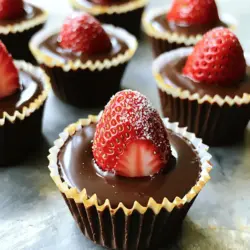 Here’s what you need to make these tasty chocolate-covered strawberry cups: - 1 cup fresh strawberries, hulled - 1 cup dark chocolate chips - 1/2 cup heavy cream - 1/4 cup powdered sugar - 1 teaspoon vanilla extract - 12 mini cupcake liners - Sea salt or edible glitter for garnish (optional) Each ingredient plays a key role. Fresh strawberries bring flavor and juiciness. Dark chocolate chips provide a rich taste. Heavy cream makes the ganache smooth and creamy. Powdered sugar adds sweetness. Vanilla extract gives a nice aroma. Mini cupcake liners hold everything together. Finally, sea salt or glitter makes a nice touch. Using high-quality ingredients will improve your dessert. You can find fresh strawberries at local markets. Choose chocolate chips that you enjoy eating. This recipe is simple and fun, perfect for any gathering or just a sweet treat at home. For the full recipe, check out the detailed instructions. To start, wash the fresh strawberries under cool water. This step removes any dirt. After washing, hull the strawberries by removing the green tops. It's important to make sure they are completely dry. Moisture can cause the chocolate to seize, making it hard to coat the strawberries. Next, let’s make the chocolate ganache. In a microwave-safe bowl, combine the dark chocolate chips and heavy cream. Microwave this mixture in 30-second intervals. After each interval, stir it well. Continue this until the chocolate is fully melted and smooth. This ensures a rich texture. Now it’s time to assemble the cups. First, place mini cupcake liners in a muffin tin. This helps keep them stable. Use a spoon or small piping bag to fill each mini liner halfway with the chocolate ganache. Create a small well in the center. Next, press one strawberry upright into the center of each chocolate-filled liner. Once the strawberries are in place, cover them with the remaining chocolate ganache. Make sure the strawberries are fully encased. Finally, chill the muffin tin in the refrigerator for at least 1 hour. This step allows the chocolate to set properly. Once set, remove the chocolate cups from the muffin tin. Gently peel away the cupcake liners. You can sprinkle a little sea salt or edible glitter on top for an elegant finish. Enjoy your tasty treat! To make the best chocolate cups, start with dry strawberries. Water can make the chocolate seize. If the strawberries are wet, the chocolate won’t coat them well. Next, let’s talk about melting chocolate. Use a microwave-safe bowl and heat the chocolate chips with heavy cream. Do this in 30-second bursts. Stir the mixture after each round. This helps avoid overheating and keeps the chocolate smooth and shiny. When it comes to garnishing, you can sprinkle sea salt or edible glitter on top. This adds a nice touch. You can also use crushed nuts or colorful sprinkles for fun. These cups are perfect for parties, date nights, or special occasions like Valentine’s Day. They impress guests and taste delicious. One mistake is overheating the chocolate. If it gets too hot, it will not melt well. Always use short bursts in the microwave. Another common error is picking the wrong size strawberries. Choose medium-sized ones that fit nicely in the cupcake liners. Too big or too small can make the cups hard to eat. For the full recipe, check [Full Recipe]. {{image_2}} You can use different types of chocolate for your cups. Milk chocolate offers a sweeter taste. It pairs well with strawberries and is a favorite for many. Dark chocolate adds a rich flavor. It balances the sweetness of the berries nicely. You can even mix both types for a unique treat. White chocolate is another great option. It brings a creamy, sweet flavor. You can melt it like dark chocolate. Drizzling white chocolate over the finished cups can add a pop of color. Each type of chocolate gives your cups a new twist. Think about changing the filling inside your chocolate cups. Nut butters like peanut or almond can add a nice touch. They bring creaminess and flavor. Cream cheese is another option. You can whip it with some sugar and vanilla for a smooth filling. Fruit fillings also work well. You could use pureed mango or raspberry for a fruity burst. Other flavorings, like mint or coffee, can change the taste too. Get creative with what you like best! How you present your chocolate cups can make them more special. Try using different liners. Bright colors or fun patterns can add charm. You can even use silicone molds for unique shapes. Serving on platters helps too. Add decorative touches like fresh mint leaves or edible flowers. These small details can make your dessert look fancy. Remember, we eat with our eyes first! To keep your chocolate covered strawberry cups fresh, store them in the fridge. Use an airtight container to protect them from moisture and odors. Place a layer of parchment paper between each layer if you stack them. This helps keep the chocolate from sticking. If you want to store them longer, you can freeze them. Wrap each cup in plastic wrap and place them in a freezer-safe bag. This way, they stay tasty for up to three months. Just remember to let them thaw in the fridge before enjoying. In the fridge, your chocolate covered strawberry cups last about 3 to 5 days. After this time, the strawberries may lose their crunch and the chocolate can lose its shine. Watch for signs of spoilage. If you see any mold on the strawberries, or if they smell sour, it's time to toss them out. Always check your treats before you dig in! To keep chocolate from cracking, you need to manage the temperature. Here are some tips: - Use high-quality chocolate: Good chocolate melts better and sets nicely. - Melt slowly: Melt chocolate in short bursts in the microwave. Stir in between. - Cool gradually: Let the chocolate cool before you pour it. A sudden drop in temperature can cause cracks. - Store properly: After making your cups, chill them in the fridge, but don’t freeze. Freezing can cause chocolate to crack. When you control temperature, your chocolate stays smooth and shiny. You can use frozen strawberries, but there are some downsides: - Texture: Frozen strawberries become mushy when thawed. This can make your cups less appealing. - Taste: Frozen fruit may lose some flavor. Fresh strawberries are sweeter and brighter. If you only have frozen strawberries, let them thaw in the fridge. Pat them dry to remove extra moisture. This helps keep your chocolate from seizing. Making chocolate-covered strawberry cups ahead is easy. Follow these best practices: - Make the chocolate cups: You can make them a day ahead. Just follow the full recipe. - Store properly: Keep them in an airtight container in the fridge. This keeps them fresh. - Add strawberries later: If you want to make them even earlier, prepare the chocolate cups and store them. Add the strawberries the day you serve them. This keeps the berries fresh and firm. Planning ahead makes serving easy and fun! You learned how to make delicious chocolate-covered strawberry cups from fresh ingredients. We covered making ganache, assembling, and perfecting your treats. I shared tips for success and ways to avoid mistakes. Remember, the key is to use dry strawberries and control your chocolate’s heat. Get creative with fillings and toppings to impress your guests. These cups are perfect for any occasion. Now, gather your ingredients and start your sweet adventure! Enjoy making these delightful treats!