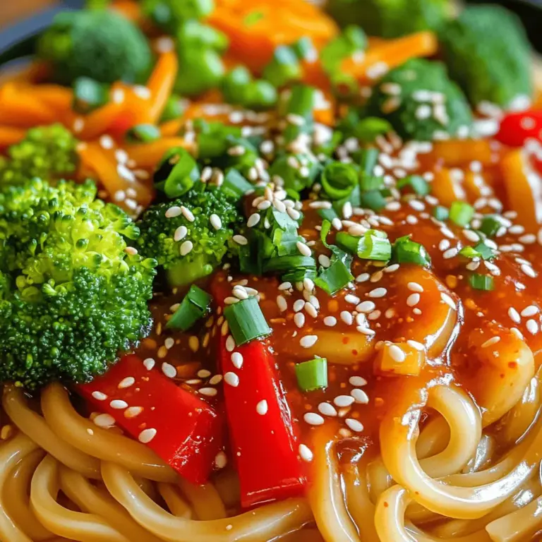 - 8 oz (225g) rice noodles or udon noodles - 2 tablespoons gochujang (Korean chili paste) - 1 tablespoon soy sauce - 1 tablespoon sesame oil - 2 teaspoons honey or maple syrup - 3 green onions, finely chopped - 1 red bell pepper, thinly sliced - 1 cup broccoli florets - 1 cup shredded carrots - 2 cloves garlic, minced - 1 tablespoon ginger, minced - Toasted sesame seeds - Fresh cilantro or basil When making Korean Gochujang noodles, gather your main ingredients first. Rice noodles or udon noodles are great bases. I prefer rice noodles for their lightness. Gochujang is the star here. Its spicy and sweet flavor adds depth. Soy sauce enhances the taste and adds umami. Next, let’s talk about the additional ingredients. Sesame oil gives a nice nutty flavor. Honey or maple syrup balances the spice from the gochujang. For veggies, I love using green onions, bell peppers, broccoli, and carrots. They add color and crunch to the dish. Finally, let’s not forget the garnishes! Toasted sesame seeds add a nice crunch. Fresh cilantro or basil gives a burst of freshness. These optional garnishes make your dish pop. For the full recipe, check out Gochujang Bliss Noodles . To cook rice noodles or udon noodles, start by boiling water in a pot. Add the noodles and cook based on the package's time. Rice noodles usually need 5 to 7 minutes, while udon noodles take about 3 to 5 minutes. Stir the noodles often to keep them from sticking. Once cooked, drain them and rinse with cold water to stop cooking. This helps prevent sticky noodles. Mix gochujang with soy sauce and sesame oil in a bowl. Use two tablespoons of gochujang for a strong flavor. Add one tablespoon of soy sauce and one tablespoon of sesame oil. If you like it sweeter, add two teaspoons of honey or maple syrup. You can adjust the spice level by adding more gochujang or soy sauce to taste. Heat a tablespoon of oil in a large pan over medium heat. Add minced garlic and ginger, then sauté for about 30 seconds until fragrant. This step adds depth to your dish. Next, toss in the red bell pepper, broccoli, and shredded carrots. Cook them for 3 to 5 minutes. You want them tender but still crunchy. Add the cooked noodles to the pan with the sautéed vegetables. Pour the gochujang sauce over the noodles. Toss everything together until the noodles are well coated. Stir-fry for an additional 2 to 3 minutes. This helps blend the flavors and warms the dish evenly. Once ready, remove from heat. Garnish with chopped green onions and toasted sesame seeds for extra flavor. You can also add fresh herbs like cilantro or basil for a fresh touch. Serve hot for the best taste. These small details make your dish look and taste amazing. To get the best flavor from your Gochujang noodles, follow these tips: - Use fresh ingredients. Fresh veggies give a crisp bite. - Cook the noodles just right. Overcooked noodles turn mushy. - Mix gochujang well with the sauce. This ensures even flavor. Common mistakes include: - Forgetting to drain noodles well. Wet noodles dilute the sauce. - Overcooking vegetables. You want them tender but still bright. - Skipping the garnish. It adds color and taste. To boost the taste of your dish, consider adding: - A splash of rice vinegar for tang. - Toasted garlic for extra depth. - Chopped peanuts for crunch. Balancing spiciness with sweetness is key. Add more honey or maple syrup if the heat is too strong. This creates a well-rounded flavor. For the best results, use these tools: - A large pan or wok for even cooking. - A good knife for chopping veggies quickly. - A mixing bowl for your sauce. Essential utensils include: - A spatula for stirring and serving. - Measuring spoons for accuracy. - A colander for draining noodles. These tips will help you make delicious Gochujang noodles. For the complete recipe, check out the [Full Recipe]. {{image_2}} You can easily make Gochujang noodles vegetarian or vegan. For protein, try using tofu or tempeh. Both add great texture and soak up flavors well. Just cube the tofu and sauté it until golden. Tempeh can be crumbled or sliced and cooked the same way. To make the dish entirely plant-based, ensure you use maple syrup instead of honey. This keeps it sweet without any animal products. If you need a gluten-free option, choose rice noodles. They are naturally gluten-free and work well with gochujang. For the sauce, make sure to use gluten-free soy sauce or tamari. This allows you to enjoy the same bold flavors without the gluten. You can also replace regular sesame oil with toasted sesame oil for added depth. Gochujang noodles vary by region. In some areas, people add seafood like shrimp or clams. Others might include kimchi for an extra kick. Each style reflects local tastes and ingredients. These variations make the dish exciting and unique. You can adjust the recipe to suit your own preferences and explore different flavors. For the full recipe, click here. To keep Gochujang noodles fresh, store them in an airtight container. Make sure they cool down first. This helps avoid soggy noodles. You can keep them in the fridge for up to three days. After that, the taste may change. When reheating, I suggest using a skillet on low heat. This keeps the noodles from getting dry. Add a splash of water or extra sauce to keep them moist. Stir gently to mix the flavors back together. You want to enjoy every bite just like the first time. You can freeze Gochujang noodles if you have extras. Place them in a freezer-safe bag or container. Try to remove as much air as possible. This helps prevent freezer burn. To defrost, leave them in the fridge overnight. Reheat them in a skillet, adding water or sauce as needed to refresh the taste. To adjust the spice in your Korean Gochujang noodles, you have a few options. If you want more heat, simply add more gochujang to your sauce. Start with one extra teaspoon at a time. Taste as you go. If the dish is too spicy, add a bit of honey or maple syrup. This will balance the heat with sweetness. You can also add more vegetables like carrots or bell peppers. They will help tone down the spice while adding flavor. Yes, you can make Gochujang noodles in advance. To prep this dish, cook the noodles and sauce as usual. Let them cool down before storing. Place them in an airtight container in the fridge. They will last for 3 to 4 days. When you are ready to eat, reheat in a pan over medium heat. Add a splash of water or more sauce to keep them moist. Toppings can really enhance your Gochujang noodles. Here are some ideas: - Chopped green onions - Toasted sesame seeds - Fresh cilantro or basil - Sliced cucumbers for crunch - A soft-boiled egg for richness - Crushed peanuts for added texture You can mix and match these toppings based on your taste. Get creative! You can find gochujang in many stores. Look in the international aisle or the Asian foods section. Local Asian markets are great places to check too. They often have various brands. My favorite brand is Sunchang, known for its quality. You can also buy it online through sites like Amazon. Make sure to check the label for authentic ingredients. This way, you know you are getting the real deal for your Gochujang noodles. Gochujang noodles offer a simple way to enjoy bold flavors. You learned about key ingredients and steps to make this dish right. The tips shared help you perfect the recipe and elevate its taste. Plus, you can adapt it for any diet or customize it to your liking. With proper storage, leftovers remain tasty for later. Now, go ahead and try making these delicious noodles. Enjoy creating your own masterpiece that your friends and family will love!