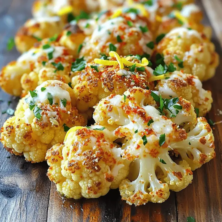 - Cauliflower - Garlic - Olive Oil To make Garlic Parmesan Roasted Cauliflower, you will need fresh ingredients. Start with one large head of cauliflower. Cut it into bite-sized florets. Next, use four cloves of garlic. Mince them finely for the best flavor. Lastly, grab a 1/4 cup of olive oil. This oil helps in roasting and adds richness. - Smoked Paprika - Black Pepper - Salt Flavor is key in this dish. For that, you need essential seasonings. Use one teaspoon of smoked paprika. It gives a nice smokey taste. Then, add 1/2 teaspoon of black pepper for a little kick. Don’t forget one teaspoon of salt to enhance all the flavors. - Grated Parmesan Cheese - Fresh Parsley - Lemon Zest Now, let’s talk about cheese and garnishing. You will need 1/2 cup of grated Parmesan cheese. This cheese melts beautifully and adds creaminess. For a fresh touch, use two tablespoons of chopped fresh parsley. Finally, zest one lemon. This adds a bright, zesty flavor to the dish. For the full recipe, refer to the detailed instructions above. - Preheat the oven to 425°F (220°C). - Cut the cauliflower into bite-sized florets. Make sure they are even in size. This helps them cook evenly. - In a large mixing bowl, combine the cauliflower florets with: - 4 cloves garlic, minced - 1/4 cup olive oil - 1 teaspoon smoked paprika - 1/2 teaspoon black pepper - 1 teaspoon salt - Toss everything together until the cauliflower is well coated. This step is key for flavor. - Spread the cauliflower on a baking sheet lined with parchment paper. - Roast in the oven for 25 minutes. Stir halfway through for even cooking. - After 25 minutes, take the baking sheet out. Sprinkle 1/2 cup grated Parmesan cheese over the cauliflower. - Return the baking sheet to the oven. Roast for an additional 5-10 minutes, until the cheese is melted and golden brown. - Once done, remove from the oven and sprinkle with fresh parsley and lemon zest. This adds a fresh touch. - Serve hot as a tasty side dish or enjoy as a light snack. For the full recipe, check out the detailed steps above. To get that perfect roast, coat the cauliflower evenly. This means each piece gets flavor and crispness. I always stir the cauliflower halfway through cooking. This step helps it roast evenly on all sides. You can add more spices to boost the flavor. Consider adding a pinch of chili powder for heat or some Italian herbs for a fresh touch. Try serving the roasted cauliflower with a squeeze of lemon or a drizzle of balsamic glaze. These add-ons make it even tastier. Ovens can vary in temperature. If your oven runs hot, check the cauliflower a bit earlier. You’ll know it’s done when the edges are golden brown and the florets are fork-tender. Trust your eyes; they can guide you to perfect results! {{image_2}} You can switch out Parmesan for other tasty cheeses. Try using Pecorino Romano for a sharp flavor. Cheddar adds a rich, creamy taste that many enjoy. If you prefer something milder, mozzarella melts beautifully. Each cheese gives a unique twist to your dish. Adding more veggies can enhance your Garlic Parmesan Roasted Cauliflower. Try mixing in bell peppers, broccoli, or carrots for extra color and taste. Fresh herbs like thyme or rosemary bring a burst of flavor too. Want some heat? Toss in a pinch of chili flakes. This will give your dish a nice kick. To make this dish vegan, skip the cheese and add nutritional yeast. It gives a cheesy flavor without dairy. You can also drizzle a bit of lemon juice for zest. For gluten-free needs, this recipe is already safe. Just ensure all your ingredients are gluten-free. Enjoy a delicious dish without worry! For the full recipe, check [Full Recipe]. To keep your Garlic Parmesan Roasted Cauliflower fresh, place it in an airtight container. Make sure it cools down first, then store it in the fridge. It will last for about 3 to 4 days. If you want to keep it for longer, consider freezing it. To reheat your cauliflower without losing its crispy texture, use the oven. Preheat the oven to 350°F (175°C). Spread the cauliflower on a baking sheet and heat for about 10 to 15 minutes. You can also use a skillet over medium heat. Stir it gently to warm it up evenly. Avoid the microwave, as it can make the cauliflower soggy. Yes, you can freeze Garlic Parmesan Roasted Cauliflower! However, it is best to freeze it before cooking. Place the raw, seasoned florets in a freezer bag. Squeeze out the air and seal it tightly. When you are ready to cook, just roast them directly from frozen. It may take a few extra minutes, but the taste will still be great. For the best flavor, use it within 2 to 3 months. For the full recipe, check the earlier section. Garlic Parmesan Roasted Cauliflower lasts about 3 to 5 days in the fridge. Store it in an airtight container to keep it fresh. The flavors deepen as it sits, making it a tasty leftover option. Just remember, the cauliflower might lose some of its crispness over time. Yes, you can use frozen cauliflower! However, frozen cauliflower may have more moisture. This can affect the texture. To fix this, thaw and drain the cauliflower before mixing it with the other ingredients. This way, you still enjoy great flavor and texture. Garlic Parmesan Roasted Cauliflower pairs well with many dishes. You can serve it alongside grilled chicken or steak for a hearty meal. It also works great with pasta and salads. For a light meal, enjoy it with quinoa or couscous. The options are endless! For the full recipe, check out the detailed instructions. This guide covers all you need for Garlic Parmesan Roasted Cauliflower. You learned about key ingredients, like fresh cauliflower, garlic, and olive oil. I shared simple steps to prepare and roast your dish to perfection. Don't forget the important tips for flavor and variations. Finally, I detailed how to store and reheat leftovers. Embrace your creativity and enjoy this tasty side dish. It’s easy to make and perfect for any meal.