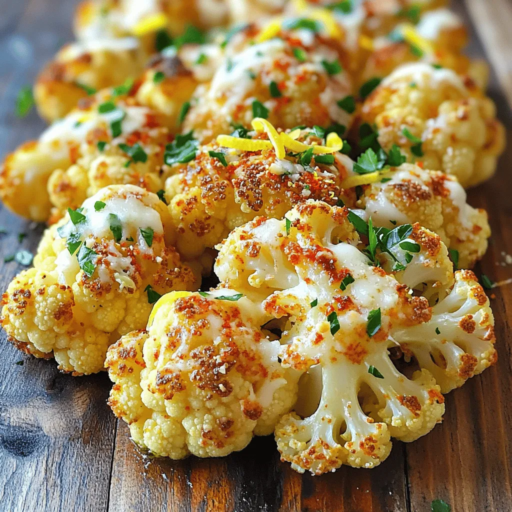 - Cauliflower - Garlic - Olive Oil To make Garlic Parmesan Roasted Cauliflower, you will need fresh ingredients. Start with one large head of cauliflower. Cut it into bite-sized florets. Next, use four cloves of garlic. Mince them finely for the best flavor. Lastly, grab a 1/4 cup of olive oil. This oil helps in roasting and adds richness. - Smoked Paprika - Black Pepper - Salt Flavor is key in this dish. For that, you need essential seasonings. Use one teaspoon of smoked paprika. It gives a nice smokey taste. Then, add 1/2 teaspoon of black pepper for a little kick. Don’t forget one teaspoon of salt to enhance all the flavors. - Grated Parmesan Cheese - Fresh Parsley - Lemon Zest Now, let’s talk about cheese and garnishing. You will need 1/2 cup of grated Parmesan cheese. This cheese melts beautifully and adds creaminess. For a fresh touch, use two tablespoons of chopped fresh parsley. Finally, zest one lemon. This adds a bright, zesty flavor to the dish. For the full recipe, refer to the detailed instructions above. - Preheat the oven to 425°F (220°C). - Cut the cauliflower into bite-sized florets. Make sure they are even in size. This helps them cook evenly. - In a large mixing bowl, combine the cauliflower florets with: - 4 cloves garlic, minced - 1/4 cup olive oil - 1 teaspoon smoked paprika - 1/2 teaspoon black pepper - 1 teaspoon salt - Toss everything together until the cauliflower is well coated. This step is key for flavor. - Spread the cauliflower on a baking sheet lined with parchment paper. - Roast in the oven for 25 minutes. Stir halfway through for even cooking. - After 25 minutes, take the baking sheet out. Sprinkle 1/2 cup grated Parmesan cheese over the cauliflower. - Return the baking sheet to the oven. Roast for an additional 5-10 minutes, until the cheese is melted and golden brown. - Once done, remove from the oven and sprinkle with fresh parsley and lemon zest. This adds a fresh touch. - Serve hot as a tasty side dish or enjoy as a light snack. For the full recipe, check out the detailed steps above. To get that perfect roast, coat the cauliflower evenly. This means each piece gets flavor and crispness. I always stir the cauliflower halfway through cooking. This step helps it roast evenly on all sides. You can add more spices to boost the flavor. Consider adding a pinch of chili powder for heat or some Italian herbs for a fresh touch. Try serving the roasted cauliflower with a squeeze of lemon or a drizzle of balsamic glaze. These add-ons make it even tastier. Ovens can vary in temperature. If your oven runs hot, check the cauliflower a bit earlier. You’ll know it’s done when the edges are golden brown and the florets are fork-tender. Trust your eyes; they can guide you to perfect results! {{image_2}} You can switch out Parmesan for other tasty cheeses. Try using Pecorino Romano for a sharp flavor. Cheddar adds a rich, creamy taste that many enjoy. If you prefer something milder, mozzarella melts beautifully. Each cheese gives a unique twist to your dish. Adding more veggies can enhance your Garlic Parmesan Roasted Cauliflower. Try mixing in bell peppers, broccoli, or carrots for extra color and taste. Fresh herbs like thyme or rosemary bring a burst of flavor too. Want some heat? Toss in a pinch of chili flakes. This will give your dish a nice kick. To make this dish vegan, skip the cheese and add nutritional yeast. It gives a cheesy flavor without dairy. You can also drizzle a bit of lemon juice for zest. For gluten-free needs, this recipe is already safe. Just ensure all your ingredients are gluten-free. Enjoy a delicious dish without worry! For the full recipe, check [Full Recipe]. To keep your Garlic Parmesan Roasted Cauliflower fresh, place it in an airtight container. Make sure it cools down first, then store it in the fridge. It will last for about 3 to 4 days. If you want to keep it for longer, consider freezing it. To reheat your cauliflower without losing its crispy texture, use the oven. Preheat the oven to 350°F (175°C). Spread the cauliflower on a baking sheet and heat for about 10 to 15 minutes. You can also use a skillet over medium heat. Stir it gently to warm it up evenly. Avoid the microwave, as it can make the cauliflower soggy. Yes, you can freeze Garlic Parmesan Roasted Cauliflower! However, it is best to freeze it before cooking. Place the raw, seasoned florets in a freezer bag. Squeeze out the air and seal it tightly. When you are ready to cook, just roast them directly from frozen. It may take a few extra minutes, but the taste will still be great. For the best flavor, use it within 2 to 3 months. For the full recipe, check the earlier section. Garlic Parmesan Roasted Cauliflower lasts about 3 to 5 days in the fridge. Store it in an airtight container to keep it fresh. The flavors deepen as it sits, making it a tasty leftover option. Just remember, the cauliflower might lose some of its crispness over time. Yes, you can use frozen cauliflower! However, frozen cauliflower may have more moisture. This can affect the texture. To fix this, thaw and drain the cauliflower before mixing it with the other ingredients. This way, you still enjoy great flavor and texture. Garlic Parmesan Roasted Cauliflower pairs well with many dishes. You can serve it alongside grilled chicken or steak for a hearty meal. It also works great with pasta and salads. For a light meal, enjoy it with quinoa or couscous. The options are endless! For the full recipe, check out the detailed instructions. This guide covers all you need for Garlic Parmesan Roasted Cauliflower. You learned about key ingredients, like fresh cauliflower, garlic, and olive oil. I shared simple steps to prepare and roast your dish to perfection. Don't forget the important tips for flavor and variations. Finally, I detailed how to store and reheat leftovers. Embrace your creativity and enjoy this tasty side dish. It’s easy to make and perfect for any meal.