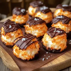 To make these tasty treats, gather these ingredients: - 3 cups shredded unsweetened coconut - 1 cup sweetened condensed milk - 1 teaspoon vanilla extract - 1/4 teaspoon salt - 2 large egg whites - 1/4 teaspoon almond extract (optional) - 1 cup dark chocolate chips (dairy-free if desired) - Sea salt flakes for garnish (optional) You can add a few extra ingredients to enhance the taste: - Almond extract gives a nice twist. - Chopped nuts add crunch. - Dried fruits like cranberries can add sweetness. To create these macaroons, you will need: - A baking sheet lined with parchment paper - Two mixing bowls (one large and one small) - An electric mixer for egg whites - A cookie scoop or your hands for shaping - A microwave-safe bowl for melting chocolate - A wire rack for cooling With these ingredients and tools, you’re ready to make Coconut Macaroons with Dark Chocolate. For the full recipe, check the section above! - Prepping the Oven and Baking Sheet: First, I preheat my oven to 325°F (165°C). I line a baking sheet with parchment paper. This makes it easy to lift the macaroons off later. - Mixing the Coconut Base: Next, I grab a large bowl. I mix 3 cups of shredded unsweetened coconut with 1 cup of sweetened condensed milk. I add 1 teaspoon of vanilla extract and a pinch of 1/4 teaspoon salt. If I want a twist, I toss in 1/4 teaspoon almond extract. I stir everything until it's sticky and well mixed. - Whipping the Egg Whites: I take another clean bowl and beat 2 large egg whites with an electric mixer. I whip them for about 3-4 minutes until soft peaks form. They should look fluffy and hold shape without drying out. - Combining the Mixtures: Now, I gently fold the fluffy egg whites into the coconut mix. I’m careful not to deflate the egg whites. I mix until it’s just combined. - Shaping and Baking Instructions: Using a cookie scoop or my hands, I scoop and shape the mixture into small mounds, about 1 inch high. I place them on the baking sheet, leaving space between each. I bake them for 18-20 minutes until the tops turn golden brown. I keep an eye on them to avoid burning. - Melting Dark Chocolate: While the macaroons cool, I melt 1 cup of dark chocolate chips. I use a microwave-safe bowl and heat in 30-second increments, stirring in between, until it’s smooth. - Dipping and Garnishing Macaroons: Once the macaroons cool, I dip the bottoms in the melted dark chocolate. I place them back on the parchment paper. For fun, I drizzle more chocolate on top. If I want, I sprinkle sea salt flakes on top while the chocolate is still wet. This full recipe makes about 20 delicious macaroons. Enjoy every bite! To get the best texture in your coconut macaroons, choose the right shredded coconut. I like using unsweetened coconut for a pure flavor. It keeps the macaroons from being overly sweet. Mix it well with the sweetened condensed milk. This creates a sticky base that holds together. Be careful not to overbeat the egg whites. You want soft peaks, not stiff ones. Soft peaks help keep the macaroons light and airy. Gently fold them into the coconut mixture. This is key to achieving that perfect chewiness. One common mistake is not measuring ingredients correctly. Too much coconut can make the mix dry. Too little can make them fall apart. Always use measuring cups for accuracy. Another mistake is baking at too high a temperature. If the oven is too hot, the macaroons may brown too quickly. Bake at 325°F (165°C) for an even cook. Lastly, don’t rush the cooling process. Let them cool on the baking sheet first. This helps them firm up before moving them to a wire rack. For serving, I love arranging the macaroons on a nice platter. Pair them with a small bowl of melted chocolate for dipping. It adds a fun touch for guests. You can also stack the macaroons in a clear jar. This makes a lovely gift. To enhance presentation, drizzle extra chocolate over the tops. Sprinkle some sea salt flakes on while the chocolate is still wet for a gourmet look. For a twist, try serving them with fresh fruit. Strawberries or raspberries pair well with the coconut and chocolate. Enjoy these delightful treats with friends and family! {{image_2}} You can elevate your coconut macaroons in simple ways. One great option is adding almond extract. This gives a lovely nutty note that pairs well with coconut. Just add 1/4 teaspoon when mixing your coconut base. It’s a small change, but it makes a big impact. You can also incorporate nuts or dried fruit. Chopped almonds or walnuts add a nice crunch. If you like a chewy texture, try adding dried cherries or cranberries. Mix these in when you're combining the coconut with the sweetened condensed milk. While dark chocolate is rich and tasty, you can switch it up. Using white chocolate gives a sweeter flavor. Milk chocolate is another delicious choice if you prefer a creamier taste. For those avoiding dairy, dairy-free chocolate chips work great too. Melt whichever chocolate you choose, and dip your macaroons as usual. How you serve these macaroons can wow your guests. Place the macaroons on a colorful platter for an eye-catching display. You can also drizzle extra chocolate on top for a fancy touch. For a fun twist, serve them in a decorative jar tied with a ribbon. This makes a perfect gift for friends or family. For the full recipe, refer back to the initial section. Enjoy experimenting with these variations! After enjoying your delightful coconut macaroons, store any leftovers in an airtight container. This keeps them fresh and tasty. Place a sheet of parchment paper between layers to prevent sticking. Keep them at room temperature for up to five days. If you live in a humid area, refrigerate them to maintain their texture. To freeze your macaroons, first, let them cool completely. Next, arrange them in a single layer on a baking sheet. Freeze until solid. Then, transfer them to a freezer-safe bag or container. They can last up to three months in the freezer. When you want to enjoy them, simply thaw them in the fridge overnight. If you want to enjoy warm macaroons, reheating is easy. Preheat your oven to 300°F (150°C). Place the macaroons on a baking sheet lined with parchment paper. Heat them for about 5-7 minutes, just until warm. This brings back their fresh-baked charm without drying them out. Enjoy your tasty treat! For the full recipe, check out the previous sections. To make coconut macaroons chewy, use unsweetened shredded coconut. This keeps the texture soft. Add sweetened condensed milk to bind the coconut. The egg whites also help with the chewiness. Bake them until they are golden but not dry. This will give you a tender bite. Yes, you can replace sweetened condensed milk. Use a mixture of coconut milk and sugar. Combine 1 cup of coconut milk with 1/3 cup of sugar. Cook this over low heat until it thickens. This gives a similar sweetness and consistency. Keep in mind that it may change the flavor slightly. Coconut macaroons last about one week at room temperature. Store them in an airtight container. For longer storage, place them in the fridge. They can last up to two weeks this way. You can also freeze them for up to three months. Just wrap them well to avoid freezer burn. In this blog post, we covered how to make delicious coconut macaroons. We explored the ingredients, step-by-step instructions, and tips for perfect texture. You learned how to bake and coat the macaroons in chocolate, plus many variations. Remember to avoid common mistakes and try different flavors to enhance your treats. These simple tips will help you create tasty macaroons every time. Enjoy your baking, and don’t forget to share your creations!