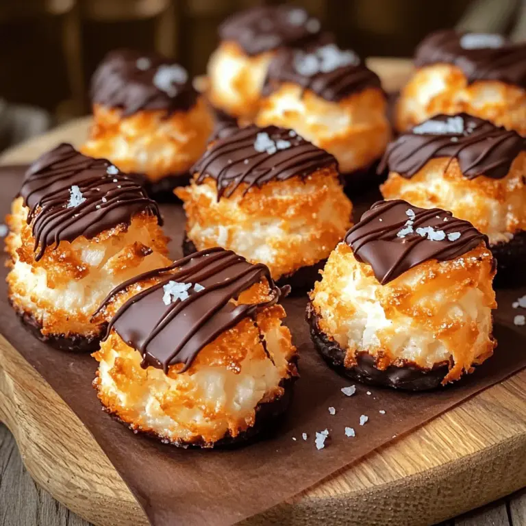 To make these tasty treats, gather these ingredients: - 3 cups shredded unsweetened coconut - 1 cup sweetened condensed milk - 1 teaspoon vanilla extract - 1/4 teaspoon salt - 2 large egg whites - 1/4 teaspoon almond extract (optional) - 1 cup dark chocolate chips (dairy-free if desired) - Sea salt flakes for garnish (optional) You can add a few extra ingredients to enhance the taste: - Almond extract gives a nice twist. - Chopped nuts add crunch. - Dried fruits like cranberries can add sweetness. To create these macaroons, you will need: - A baking sheet lined with parchment paper - Two mixing bowls (one large and one small) - An electric mixer for egg whites - A cookie scoop or your hands for shaping - A microwave-safe bowl for melting chocolate - A wire rack for cooling With these ingredients and tools, you’re ready to make Coconut Macaroons with Dark Chocolate. For the full recipe, check the section above! - Prepping the Oven and Baking Sheet: First, I preheat my oven to 325°F (165°C). I line a baking sheet with parchment paper. This makes it easy to lift the macaroons off later. - Mixing the Coconut Base: Next, I grab a large bowl. I mix 3 cups of shredded unsweetened coconut with 1 cup of sweetened condensed milk. I add 1 teaspoon of vanilla extract and a pinch of 1/4 teaspoon salt. If I want a twist, I toss in 1/4 teaspoon almond extract. I stir everything until it's sticky and well mixed. - Whipping the Egg Whites: I take another clean bowl and beat 2 large egg whites with an electric mixer. I whip them for about 3-4 minutes until soft peaks form. They should look fluffy and hold shape without drying out. - Combining the Mixtures: Now, I gently fold the fluffy egg whites into the coconut mix. I’m careful not to deflate the egg whites. I mix until it’s just combined. - Shaping and Baking Instructions: Using a cookie scoop or my hands, I scoop and shape the mixture into small mounds, about 1 inch high. I place them on the baking sheet, leaving space between each. I bake them for 18-20 minutes until the tops turn golden brown. I keep an eye on them to avoid burning. - Melting Dark Chocolate: While the macaroons cool, I melt 1 cup of dark chocolate chips. I use a microwave-safe bowl and heat in 30-second increments, stirring in between, until it’s smooth. - Dipping and Garnishing Macaroons: Once the macaroons cool, I dip the bottoms in the melted dark chocolate. I place them back on the parchment paper. For fun, I drizzle more chocolate on top. If I want, I sprinkle sea salt flakes on top while the chocolate is still wet. This full recipe makes about 20 delicious macaroons. Enjoy every bite! To get the best texture in your coconut macaroons, choose the right shredded coconut. I like using unsweetened coconut for a pure flavor. It keeps the macaroons from being overly sweet. Mix it well with the sweetened condensed milk. This creates a sticky base that holds together. Be careful not to overbeat the egg whites. You want soft peaks, not stiff ones. Soft peaks help keep the macaroons light and airy. Gently fold them into the coconut mixture. This is key to achieving that perfect chewiness. One common mistake is not measuring ingredients correctly. Too much coconut can make the mix dry. Too little can make them fall apart. Always use measuring cups for accuracy. Another mistake is baking at too high a temperature. If the oven is too hot, the macaroons may brown too quickly. Bake at 325°F (165°C) for an even cook. Lastly, don’t rush the cooling process. Let them cool on the baking sheet first. This helps them firm up before moving them to a wire rack. For serving, I love arranging the macaroons on a nice platter. Pair them with a small bowl of melted chocolate for dipping. It adds a fun touch for guests. You can also stack the macaroons in a clear jar. This makes a lovely gift. To enhance presentation, drizzle extra chocolate over the tops. Sprinkle some sea salt flakes on while the chocolate is still wet for a gourmet look. For a twist, try serving them with fresh fruit. Strawberries or raspberries pair well with the coconut and chocolate. Enjoy these delightful treats with friends and family! {{image_2}} You can elevate your coconut macaroons in simple ways. One great option is adding almond extract. This gives a lovely nutty note that pairs well with coconut. Just add 1/4 teaspoon when mixing your coconut base. It’s a small change, but it makes a big impact. You can also incorporate nuts or dried fruit. Chopped almonds or walnuts add a nice crunch. If you like a chewy texture, try adding dried cherries or cranberries. Mix these in when you're combining the coconut with the sweetened condensed milk. While dark chocolate is rich and tasty, you can switch it up. Using white chocolate gives a sweeter flavor. Milk chocolate is another delicious choice if you prefer a creamier taste. For those avoiding dairy, dairy-free chocolate chips work great too. Melt whichever chocolate you choose, and dip your macaroons as usual. How you serve these macaroons can wow your guests. Place the macaroons on a colorful platter for an eye-catching display. You can also drizzle extra chocolate on top for a fancy touch. For a fun twist, serve them in a decorative jar tied with a ribbon. This makes a perfect gift for friends or family. For the full recipe, refer back to the initial section. Enjoy experimenting with these variations! After enjoying your delightful coconut macaroons, store any leftovers in an airtight container. This keeps them fresh and tasty. Place a sheet of parchment paper between layers to prevent sticking. Keep them at room temperature for up to five days. If you live in a humid area, refrigerate them to maintain their texture. To freeze your macaroons, first, let them cool completely. Next, arrange them in a single layer on a baking sheet. Freeze until solid. Then, transfer them to a freezer-safe bag or container. They can last up to three months in the freezer. When you want to enjoy them, simply thaw them in the fridge overnight. If you want to enjoy warm macaroons, reheating is easy. Preheat your oven to 300°F (150°C). Place the macaroons on a baking sheet lined with parchment paper. Heat them for about 5-7 minutes, just until warm. This brings back their fresh-baked charm without drying them out. Enjoy your tasty treat! For the full recipe, check out the previous sections. To make coconut macaroons chewy, use unsweetened shredded coconut. This keeps the texture soft. Add sweetened condensed milk to bind the coconut. The egg whites also help with the chewiness. Bake them until they are golden but not dry. This will give you a tender bite. Yes, you can replace sweetened condensed milk. Use a mixture of coconut milk and sugar. Combine 1 cup of coconut milk with 1/3 cup of sugar. Cook this over low heat until it thickens. This gives a similar sweetness and consistency. Keep in mind that it may change the flavor slightly. Coconut macaroons last about one week at room temperature. Store them in an airtight container. For longer storage, place them in the fridge. They can last up to two weeks this way. You can also freeze them for up to three months. Just wrap them well to avoid freezer burn. In this blog post, we covered how to make delicious coconut macaroons. We explored the ingredients, step-by-step instructions, and tips for perfect texture. You learned how to bake and coat the macaroons in chocolate, plus many variations. Remember to avoid common mistakes and try different flavors to enhance your treats. These simple tips will help you create tasty macaroons every time. Enjoy your baking, and don’t forget to share your creations!