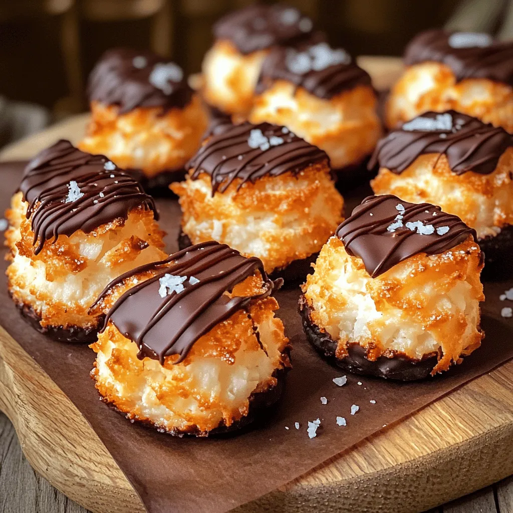 To make these tasty treats, gather these ingredients: - 3 cups shredded unsweetened coconut - 1 cup sweetened condensed milk - 1 teaspoon vanilla extract - 1/4 teaspoon salt - 2 large egg whites - 1/4 teaspoon almond extract (optional) - 1 cup dark chocolate chips (dairy-free if desired) - Sea salt flakes for garnish (optional) You can add a few extra ingredients to enhance the taste: - Almond extract gives a nice twist. - Chopped nuts add crunch. - Dried fruits like cranberries can add sweetness. To create these macaroons, you will need: - A baking sheet lined with parchment paper - Two mixing bowls (one large and one small) - An electric mixer for egg whites - A cookie scoop or your hands for shaping - A microwave-safe bowl for melting chocolate - A wire rack for cooling With these ingredients and tools, you’re ready to make Coconut Macaroons with Dark Chocolate. For the full recipe, check the section above! - Prepping the Oven and Baking Sheet: First, I preheat my oven to 325°F (165°C). I line a baking sheet with parchment paper. This makes it easy to lift the macaroons off later. - Mixing the Coconut Base: Next, I grab a large bowl. I mix 3 cups of shredded unsweetened coconut with 1 cup of sweetened condensed milk. I add 1 teaspoon of vanilla extract and a pinch of 1/4 teaspoon salt. If I want a twist, I toss in 1/4 teaspoon almond extract. I stir everything until it's sticky and well mixed. - Whipping the Egg Whites: I take another clean bowl and beat 2 large egg whites with an electric mixer. I whip them for about 3-4 minutes until soft peaks form. They should look fluffy and hold shape without drying out. - Combining the Mixtures: Now, I gently fold the fluffy egg whites into the coconut mix. I’m careful not to deflate the egg whites. I mix until it’s just combined. - Shaping and Baking Instructions: Using a cookie scoop or my hands, I scoop and shape the mixture into small mounds, about 1 inch high. I place them on the baking sheet, leaving space between each. I bake them for 18-20 minutes until the tops turn golden brown. I keep an eye on them to avoid burning. - Melting Dark Chocolate: While the macaroons cool, I melt 1 cup of dark chocolate chips. I use a microwave-safe bowl and heat in 30-second increments, stirring in between, until it’s smooth. - Dipping and Garnishing Macaroons: Once the macaroons cool, I dip the bottoms in the melted dark chocolate. I place them back on the parchment paper. For fun, I drizzle more chocolate on top. If I want, I sprinkle sea salt flakes on top while the chocolate is still wet. This full recipe makes about 20 delicious macaroons. Enjoy every bite! To get the best texture in your coconut macaroons, choose the right shredded coconut. I like using unsweetened coconut for a pure flavor. It keeps the macaroons from being overly sweet. Mix it well with the sweetened condensed milk. This creates a sticky base that holds together. Be careful not to overbeat the egg whites. You want soft peaks, not stiff ones. Soft peaks help keep the macaroons light and airy. Gently fold them into the coconut mixture. This is key to achieving that perfect chewiness. One common mistake is not measuring ingredients correctly. Too much coconut can make the mix dry. Too little can make them fall apart. Always use measuring cups for accuracy. Another mistake is baking at too high a temperature. If the oven is too hot, the macaroons may brown too quickly. Bake at 325°F (165°C) for an even cook. Lastly, don’t rush the cooling process. Let them cool on the baking sheet first. This helps them firm up before moving them to a wire rack. For serving, I love arranging the macaroons on a nice platter. Pair them with a small bowl of melted chocolate for dipping. It adds a fun touch for guests. You can also stack the macaroons in a clear jar. This makes a lovely gift. To enhance presentation, drizzle extra chocolate over the tops. Sprinkle some sea salt flakes on while the chocolate is still wet for a gourmet look. For a twist, try serving them with fresh fruit. Strawberries or raspberries pair well with the coconut and chocolate. Enjoy these delightful treats with friends and family! {{image_2}} You can elevate your coconut macaroons in simple ways. One great option is adding almond extract. This gives a lovely nutty note that pairs well with coconut. Just add 1/4 teaspoon when mixing your coconut base. It’s a small change, but it makes a big impact. You can also incorporate nuts or dried fruit. Chopped almonds or walnuts add a nice crunch. If you like a chewy texture, try adding dried cherries or cranberries. Mix these in when you're combining the coconut with the sweetened condensed milk. While dark chocolate is rich and tasty, you can switch it up. Using white chocolate gives a sweeter flavor. Milk chocolate is another delicious choice if you prefer a creamier taste. For those avoiding dairy, dairy-free chocolate chips work great too. Melt whichever chocolate you choose, and dip your macaroons as usual. How you serve these macaroons can wow your guests. Place the macaroons on a colorful platter for an eye-catching display. You can also drizzle extra chocolate on top for a fancy touch. For a fun twist, serve them in a decorative jar tied with a ribbon. This makes a perfect gift for friends or family. For the full recipe, refer back to the initial section. Enjoy experimenting with these variations! After enjoying your delightful coconut macaroons, store any leftovers in an airtight container. This keeps them fresh and tasty. Place a sheet of parchment paper between layers to prevent sticking. Keep them at room temperature for up to five days. If you live in a humid area, refrigerate them to maintain their texture. To freeze your macaroons, first, let them cool completely. Next, arrange them in a single layer on a baking sheet. Freeze until solid. Then, transfer them to a freezer-safe bag or container. They can last up to three months in the freezer. When you want to enjoy them, simply thaw them in the fridge overnight. If you want to enjoy warm macaroons, reheating is easy. Preheat your oven to 300°F (150°C). Place the macaroons on a baking sheet lined with parchment paper. Heat them for about 5-7 minutes, just until warm. This brings back their fresh-baked charm without drying them out. Enjoy your tasty treat! For the full recipe, check out the previous sections. To make coconut macaroons chewy, use unsweetened shredded coconut. This keeps the texture soft. Add sweetened condensed milk to bind the coconut. The egg whites also help with the chewiness. Bake them until they are golden but not dry. This will give you a tender bite. Yes, you can replace sweetened condensed milk. Use a mixture of coconut milk and sugar. Combine 1 cup of coconut milk with 1/3 cup of sugar. Cook this over low heat until it thickens. This gives a similar sweetness and consistency. Keep in mind that it may change the flavor slightly. Coconut macaroons last about one week at room temperature. Store them in an airtight container. For longer storage, place them in the fridge. They can last up to two weeks this way. You can also freeze them for up to three months. Just wrap them well to avoid freezer burn. In this blog post, we covered how to make delicious coconut macaroons. We explored the ingredients, step-by-step instructions, and tips for perfect texture. You learned how to bake and coat the macaroons in chocolate, plus many variations. Remember to avoid common mistakes and try different flavors to enhance your treats. These simple tips will help you create tasty macaroons every time. Enjoy your baking, and don’t forget to share your creations!