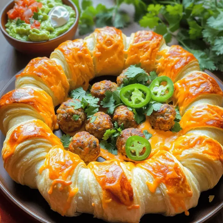 - 1 pound ground beef - 1/2 cup breadcrumbs - 1/4 cup grated Parmesan cheese - 1 egg - 2 tablespoons taco seasoning - 1/4 cup chopped fresh cilantro - 1/2 cup shredded cheddar cheese - 1 (8-ounce) can refrigerated crescent roll dough - 1 cup salsa (for serving) - Guacamole and sour cream (for garnish) - Sliced jalapeños (optional) The ingredients for the Taco Meatball Ring are simple yet flavorful. You start with ground beef, which gives the meatballs a juicy taste. Breadcrumbs and egg help bind the mixture together. The Parmesan cheese adds a nice salty kick. Next, taco seasoning gives the meatballs that classic taco flavor. Fresh cilantro brightens the dish and makes it feel fresh. Shredded cheddar cheese melts beautifully and adds richness. For the dough, you use crescent roll dough to create a fun ring shape. It’s easy to work with and bakes to a golden brown. You can serve the Taco Meatball Ring with salsa for dipping. Adding guacamole and sour cream makes it even better. If you like some heat, sliced jalapeños are a great option. You can find the full recipe above, and it’s sure to become a family favorite! - Preheat the oven to 375°F (190°C). - In a large bowl, combine ground beef, breadcrumbs, grated Parmesan cheese, egg, and taco seasoning. Mix until all ingredients are well blended. - Roll the mixture into 12 equal meatballs. Make sure they are smooth and round. - On a baking sheet lined with parchment paper, arrange the crescent roll triangles in a circular shape. Leave a small gap in the center for the meatballs. - Place the meatballs in the center of the ring and sprinkle them with shredded cheddar cheese. - Fold the ends of the crescent triangles over the meatballs to form a ring shape. - Bake in the preheated oven for 20-25 minutes. The dough should turn golden brown, and the meatballs should be cooked through. Check the internal temperature; it should reach 160°F (70°C). - Ensure meatballs are evenly sized for uniform cooking. This helps them cook at the same rate. - Check internal temperature of meatballs. They should reach 160°F or 70°C to be safe. - Serve with salsa in the center. It looks nice and adds flavor. - Garnish with guacamole and sour cream for a tasty touch. - Pair with chips for crunch. Extra salsa makes it even better. - A fresh salad on the side balances the meal nicely. These tips will help you create a Taco Meatball Ring that looks good and tastes great. Enjoy cooking! {{image_2}} You can easily change the meat in your Taco Meatball Ring. Use ground turkey or chicken instead of beef. This swap makes it leaner yet still tasty. You can also change the seasoning. Substitute taco seasoning with your favorite spice blend. This allows you to customize the flavor to your liking. Want to add a bit more to your meatballs? Diced bell peppers or onions work great in the mixture. They add color and taste. You might also like to include black beans or corn. These ingredients give your meatballs added texture and nutrition. If you like spice, drizzle your Taco Meatball Ring with hot sauce. It gives a nice kick! You can also top the ring with fresh avocado or jalapeños. These toppings add brightness and make your dish look beautiful. For the full recipe, check out the complete cooking instructions. Store any leftover Taco Meatball Ring in an airtight container. It will last for up to 3 days. Make sure to cool it to room temperature before sealing. This helps keep the meatball ring fresh and tasty. You can freeze the meatball ring before baking. Wrap it tightly in plastic wrap and then place it in a freezer-safe bag. It will stay good for up to 2 months. When you’re ready to bake, just thaw it in the fridge overnight. To reheat, place the meatball ring in the oven at 350°F (175°C). Heat until warmed through, about 15 to 20 minutes. This keeps the crescent dough nice and crisp. Enjoy your delightful meal! Prep time is approximately 15 minutes, total cooking time is around 25 minutes. You can whip this dish up in less than an hour. It is quick and easy, perfect for busy nights. Yes, you can prepare and freeze the ring before baking. Just wrap it well in plastic wrap. When you’re ready, pop it in the oven. This method saves time and makes meal prep easy. It pairs well with rice, salad, or more traditional Mexican sides. You can add chips for crunch or a fresh salsa. Feel free to mix and match sides based on your family's favorites. Yes, substitute meat with plant-based meat alternatives and adjust seasonings accordingly. You can use lentils or beans for a hearty texture. This way, everyone can enjoy this tasty meal. In this article, we explored how to make a delicious Taco Meatball Ring. We covered the key ingredients, preparation steps, and tips for great flavor. You can easily swap ingredients to suit your taste. Remember to store leftovers properly and reheat them safely. This dish is versatile and perfect for gatherings. Enjoy your cooking adventure and impress your friends with this tasty treat!