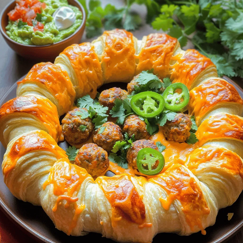 - 1 pound ground beef - 1/2 cup breadcrumbs - 1/4 cup grated Parmesan cheese - 1 egg - 2 tablespoons taco seasoning - 1/4 cup chopped fresh cilantro - 1/2 cup shredded cheddar cheese - 1 (8-ounce) can refrigerated crescent roll dough - 1 cup salsa (for serving) - Guacamole and sour cream (for garnish) - Sliced jalapeños (optional) The ingredients for the Taco Meatball Ring are simple yet flavorful. You start with ground beef, which gives the meatballs a juicy taste. Breadcrumbs and egg help bind the mixture together. The Parmesan cheese adds a nice salty kick. Next, taco seasoning gives the meatballs that classic taco flavor. Fresh cilantro brightens the dish and makes it feel fresh. Shredded cheddar cheese melts beautifully and adds richness. For the dough, you use crescent roll dough to create a fun ring shape. It’s easy to work with and bakes to a golden brown. You can serve the Taco Meatball Ring with salsa for dipping. Adding guacamole and sour cream makes it even better. If you like some heat, sliced jalapeños are a great option. You can find the full recipe above, and it’s sure to become a family favorite! - Preheat the oven to 375°F (190°C). - In a large bowl, combine ground beef, breadcrumbs, grated Parmesan cheese, egg, and taco seasoning. Mix until all ingredients are well blended. - Roll the mixture into 12 equal meatballs. Make sure they are smooth and round. - On a baking sheet lined with parchment paper, arrange the crescent roll triangles in a circular shape. Leave a small gap in the center for the meatballs. - Place the meatballs in the center of the ring and sprinkle them with shredded cheddar cheese. - Fold the ends of the crescent triangles over the meatballs to form a ring shape. - Bake in the preheated oven for 20-25 minutes. The dough should turn golden brown, and the meatballs should be cooked through. Check the internal temperature; it should reach 160°F (70°C). - Ensure meatballs are evenly sized for uniform cooking. This helps them cook at the same rate. - Check internal temperature of meatballs. They should reach 160°F or 70°C to be safe. - Serve with salsa in the center. It looks nice and adds flavor. - Garnish with guacamole and sour cream for a tasty touch. - Pair with chips for crunch. Extra salsa makes it even better. - A fresh salad on the side balances the meal nicely. These tips will help you create a Taco Meatball Ring that looks good and tastes great. Enjoy cooking! {{image_2}} You can easily change the meat in your Taco Meatball Ring. Use ground turkey or chicken instead of beef. This swap makes it leaner yet still tasty. You can also change the seasoning. Substitute taco seasoning with your favorite spice blend. This allows you to customize the flavor to your liking. Want to add a bit more to your meatballs? Diced bell peppers or onions work great in the mixture. They add color and taste. You might also like to include black beans or corn. These ingredients give your meatballs added texture and nutrition. If you like spice, drizzle your Taco Meatball Ring with hot sauce. It gives a nice kick! You can also top the ring with fresh avocado or jalapeños. These toppings add brightness and make your dish look beautiful. For the full recipe, check out the complete cooking instructions. Store any leftover Taco Meatball Ring in an airtight container. It will last for up to 3 days. Make sure to cool it to room temperature before sealing. This helps keep the meatball ring fresh and tasty. You can freeze the meatball ring before baking. Wrap it tightly in plastic wrap and then place it in a freezer-safe bag. It will stay good for up to 2 months. When you’re ready to bake, just thaw it in the fridge overnight. To reheat, place the meatball ring in the oven at 350°F (175°C). Heat until warmed through, about 15 to 20 minutes. This keeps the crescent dough nice and crisp. Enjoy your delightful meal! Prep time is approximately 15 minutes, total cooking time is around 25 minutes. You can whip this dish up in less than an hour. It is quick and easy, perfect for busy nights. Yes, you can prepare and freeze the ring before baking. Just wrap it well in plastic wrap. When you’re ready, pop it in the oven. This method saves time and makes meal prep easy. It pairs well with rice, salad, or more traditional Mexican sides. You can add chips for crunch or a fresh salsa. Feel free to mix and match sides based on your family's favorites. Yes, substitute meat with plant-based meat alternatives and adjust seasonings accordingly. You can use lentils or beans for a hearty texture. This way, everyone can enjoy this tasty meal. In this article, we explored how to make a delicious Taco Meatball Ring. We covered the key ingredients, preparation steps, and tips for great flavor. You can easily swap ingredients to suit your taste. Remember to store leftovers properly and reheat them safely. This dish is versatile and perfect for gatherings. Enjoy your cooking adventure and impress your friends with this tasty treat!