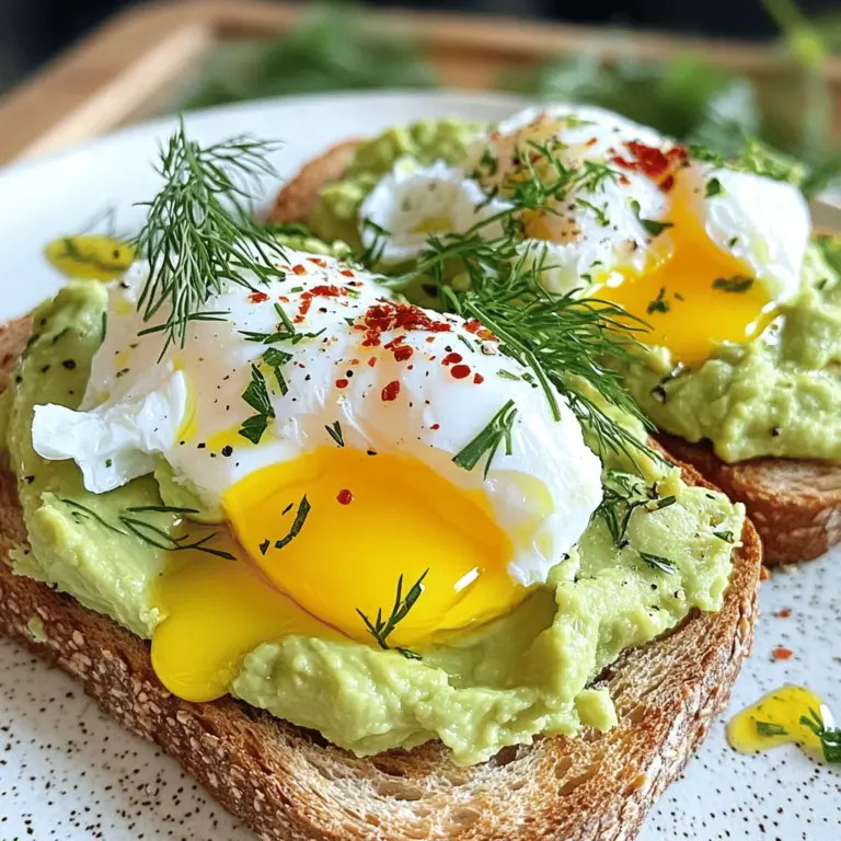 - 2 slices of whole grain or sourdough bread - 1 ripe avocado - 2 large eggs - 1 tablespoon lemon juice - Salt and pepper to taste - 1/2 teaspoon red chili flakes (optional) - Fresh dill or cilantro for garnish - Olive oil for drizzling When you gather your ingredients, each one plays a big role. The bread forms the base. Whole grain or sourdough adds texture and flavor. Next, the ripe avocado is key. It gives creaminess and healthy fats. The eggs are the stars, bringing protein and richness. Adding lemon juice brightens the dish. It balances the creamy avocado. Salt and pepper enhance all the flavors. If you like some heat, red chili flakes are great. Fresh dill or cilantro adds a pop of color and freshness. Finally, a drizzle of olive oil ties everything together. For the full recipe, follow the steps to create your own savory avocado toast with poached egg delight. Enjoy each bite! Toast the bread until it is golden brown and crispy. You can use a toaster or a pan for this. Toasting makes the bread crunchy and perfect for holding toppings. Scoop the avocado flesh into a bowl. Add lemon juice, salt, and pepper. Mash it with a fork until creamy. This gives the toast a rich flavor and a smooth texture. You can adjust the seasoning to your taste. In a saucepan, bring water to a gentle simmer. You can add a splash of vinegar to help the egg whites stay together. Create a gentle whirlpool in the water. Crack one egg into the center and poach for 3-4 minutes. The white should be set, but the yolk should still be runny. Repeat this with the second egg. Spread a generous amount of the mashed avocado on each slice of toasted bread. This step is key for flavor and creaminess. Carefully place one poached egg on top of each slice of avocado toast. Sprinkle red chili flakes on top for a bit of spice. Drizzle a little olive oil before garnishing with fresh dill or cilantro. Add more salt and pepper if you like. For the full recipe, check the earlier section. Enjoy your savory avocado toast with poached egg delight! To poach an egg well, you need calm water. Start by simmering water in a pan. Then, add a splash of vinegar. This helps the egg whites stay together. Next, stir the water to make a gentle whirlpool. Crack the egg into a small bowl first. This way, you can slide it into the whirlpool easily. Cook the egg for about 3 to 4 minutes. The whites should be firm, but the yolk stays soft. This technique gives you a perfect poached egg every time. To make your avocado toast even better, try adding spices. A pinch of salt and pepper is a must. Red chili flakes add a nice kick if you like a bit of heat. You can also drizzle olive oil for richness. For extra flavor, add fresh herbs like dill or cilantro. These fresh toppings make the dish pop with taste. Fresh ingredients make your toast shine. Use a ripe avocado for the best flavor and creaminess. A ripe avocado should feel soft but not mushy. Choose quality bread, too. Whole grain or sourdough adds texture and taste. Fresh ingredients not only look good but also make your meal healthier. When you pick the best, your avocado toast will be a delight. For a complete guide, check the Full Recipe to explore all the steps and details! {{image_2}} You can make this dish vegan. Simply swap the poached eggs for tasty toppings. Cherry tomatoes add a fresh burst of flavor. Nutritional yeast gives a cheesy taste without dairy. You can also add avocado slices or radishes for crunch. These options keep the dish light and enjoyable. Let’s think outside the box! You can add feta cheese for a salty kick. Smoked salmon brings a rich, savory taste. Try slices of cucumber or arugula for a refreshing twist. Mixing in spices like garlic powder or paprika can give it a unique flair. Don’t hesitate to get creative with your toppings. If you need gluten-free bread, there are many options. Look for gluten-free whole grain or sourdough. These breads can still give you that satisfying crunch. You can also try using rice cakes or sweet potato slices. They make for a fun and tasty base for your avocado toast. To store leftover mashed avocado, use an airtight container. Press plastic wrap directly onto the surface of the avocado to limit air exposure. This helps keep it fresh and bright green. You can also add a splash of lemon juice on top before sealing. This adds flavor and prevents browning. Refrigerate the container, and use the leftover mashed avocado within one day for the best taste. Reheating toast can be tricky since you want to keep it crispy. To do this, place the toast in a toaster or toaster oven for a few minutes. Avoid using a microwave, as it can make the bread soggy. If you don’t have a toaster, you can also place the toast in a hot skillet for a minute on each side. This keeps the texture just right. To keep your ingredients fresh, store avocados at room temperature until they ripen. Once ripe, move them to the fridge. For herbs like dill or cilantro, store them in a glass of water in the fridge. Cover them with a plastic bag to keep them fresh longer. Always check the eggs for freshness by placing them in water. Fresh eggs sink, while old ones float. Yes, you can prep parts ahead. Toast the bread on the day you eat. For the avocado, mash it in advance but add lemon juice to keep it green. Store it in an airtight container in the fridge. Poach the eggs right before serving. This keeps everything fresh and tasty. A ripe avocado feels slightly soft when you press it gently. If it’s hard, let it sit on the counter for a few days. You can also check the stem. If it comes off easily and is green underneath, it’s ripe. If it’s brown, the avocado is overripe. You can pair your toast with a fresh salad, roasted veggies, or a fruit bowl. For drinks, try fresh juice, herbal tea, or a light coffee. Each of these complements the creamy avocado and rich egg, making your meal even better. In this blog post, we covered how to make delicious avocado toast. You learned about the key ingredients, step-by-step instructions, and useful tips to perfect your dish. From poaching eggs to mashing avocado, each step is simple and fun. I shared variations for dietary needs, storage info, and FAQs to help you enjoy your toast anytime. Experiment with flavors and toppings. This dish is easy to love, and the possibilities are endless. Enjoy making your avocado toast, and share it with friends!