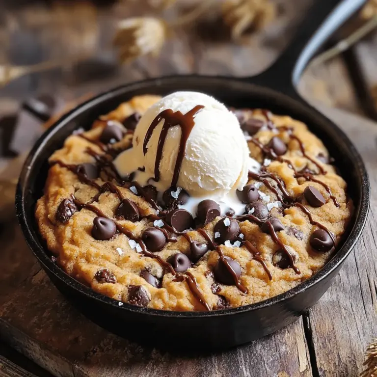 - 1 cup (2 sticks) unsalted butter, softened - 1 cup brown sugar, packed - 1/2 cup granulated sugar - 1 teaspoon vanilla extract - 2 large eggs - 2 1/4 cups all-purpose flour - 1 teaspoon baking soda - 1/2 teaspoon salt - 2 cups semi-sweet chocolate chips - 1/2 cup chopped walnuts (optional) - A pinch of sea salt for sprinkling The ingredients for this chocolate chip cookie skillet are simple yet essential for a great taste. The butter adds richness, while the brown and granulated sugars bring sweetness and depth. The eggs help bind everything together, creating that soft and chewy texture we love. To convert cups to grams, remember these key conversions: - 1 cup of flour is about 120 grams. - 1 cup of butter is about 227 grams. - 1 cup of sugar is about 200 grams. If you have dietary restrictions, there are easy swaps! For gluten-free, use almond or coconut flour. For vegan, substitute eggs with flaxseed meal or unsweetened applesauce, and use vegan butter. These options keep flavor high while making the dessert accessible to everyone. You can find the full recipe detailed in the earlier sections. - Preheat the oven to 350°F (175°C). - Use a 12-inch oven-safe skillet. Grease it with butter or cooking spray. This helps the cookie not stick. - In a bowl, cream together 1 cup of softened butter, 1 cup of brown sugar, and 1/2 cup of granulated sugar until it looks light and fluffy. - Add in 1 teaspoon of vanilla extract and 2 large eggs. Mix well after adding each egg. - In a separate bowl, whisk together 2 1/4 cups of all-purpose flour, 1 teaspoon of baking soda, and 1/2 teaspoon of salt. - Slowly add this dry mix to the wet mix. Stir just until combined. Do not overmix to keep the cookie soft. - Spread the cookie dough evenly in the greased skillet. Smooth the top with a spatula. - Bake for about 25-30 minutes. Look for golden edges and a soft center. It will firm up as it cools. - Let the cookie cool for about 10 minutes before serving. - Serve it warm from the skillet. Top with a scoop of vanilla ice cream and drizzle with chocolate sauce for a yummy treat. For the full recipe, check the detailed instructions above. To make a great skillet cookie, start with room temperature ingredients. When the butter and eggs are warm, they mix better. This helps the dough rise and stay soft. Also, watch the baking time. I bake mine for around 25 to 30 minutes. You want the edges golden and the center soft. If you bake too long, the cookie can dry out. Choose a 12-inch cast iron skillet. This type holds heat well and cooks evenly. For mixing, a hand mixer works great, but a stand mixer is even better if you have one. Make sure to use a spatula for easy mixing and spreading. A whisk is perfect for blending dry ingredients. One big mistake is overmixing the dough. Stir just until the ingredients combine. Mixing too much makes the cookie tough. Another mistake is not greasing the skillet. Use butter or cooking spray to coat the pan well. This keeps your cookie from sticking and makes for easy serving. {{image_2}} You can make your chocolate chip cookie skillet even better! Try adding nuts, dried fruit, or candy. Walnuts give a nice crunch. Dried cranberries add a sweet touch. If you love candy, mix in some M&Ms for fun colors. You can also switch up the chocolate. Use dark chocolate for a rich taste. White chocolate adds a sweet twist. Mix different types to create your own flavor. If you need a gluten-free option, use almond flour or oat flour. These flours work well and taste great. Just make sure to check the labels for gluten-free status. For a vegan version, swap eggs for flax eggs. To replace butter, use coconut oil or vegan butter. These changes keep the taste delicious while meeting dietary needs. Get creative with how you serve this skillet cookie! Try a skillet cookie sundae. Just top it with a scoop of ice cream and hot fudge. The warm cookie and cold ice cream work well together. You can also make mini skillets for each person. Just divide the dough into smaller skillets. It makes a fun treat for parties or gatherings. Everyone gets their own! For the full recipe, check out the details above. After enjoying your chocolate chip cookie skillet, store any leftovers in an airtight container. This keeps the cookie fresh and tasty. You can store it at room temperature for up to two days. If you want it to last longer, refrigerate it for up to one week. Just make sure to let it cool completely before sealing it up. To reheat your cookie skillet, the oven works best. Preheat your oven to 350°F (175°C). Place the skillet inside for about 10 minutes. This helps restore its soft texture. If you want a quick method, use the microwave. Heat it in short bursts of 15 seconds. Check each time to avoid overheating. You can add a scoop of ice cream on top while reheating for extra yum! You can tell when your skillet cookie is done by looking for a few signs. First, the edges should be golden brown. The center should look set but still soft. A toothpick inserted into the center should come out with some moist crumbs. Remember, it will cook a bit more as it cools. Yes, you can prepare the dough ahead of time. Mix all the ingredients and store the dough in the fridge. This way, you can bake it fresh when you want a warm treat. Just make sure to let the dough sit at room temperature for a few minutes before baking. Serving this cookie skillet warm makes it extra special. I love to add a scoop of vanilla ice cream right on top. A drizzle of chocolate sauce adds a nice touch too. You can even sprinkle some nuts or sea salt for extra flavor and crunch. Yes, you can freeze the cookie skillet. After it cools completely, wrap it tightly in plastic wrap. Then place it in an airtight container or freezer bag. When ready to enjoy, let it thaw in the fridge overnight. Reheat it in the oven to restore that warm, gooey texture. This blog post covered how to make a delicious chocolate chip cookie skillet. You learned about the ingredients, measurements, and step-by-step instructions. We also discussed helpful tips, variations, and how to store leftovers. Now you can bake the perfect skillet cookie. Enjoy the rich flavors and customize it to your taste. Remember, the best treats are made with love and care. Happy baking!