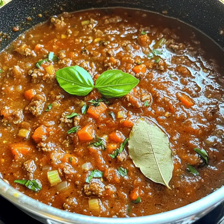 To make a great spaghetti sauce, you need a few key items. Here’s the list: - 2 tablespoons olive oil - 1 medium onion, finely chopped - 3 cloves garlic, minced - 1 carrot, grated - 1 celery stalk, finely diced - 2 (14-ounce) cans crushed tomatoes - 2 tablespoons tomato paste - 1 teaspoon dried oregano - 1 teaspoon dried basil - ½ teaspoon red pepper flakes (optional for heat) - Salt and pepper to taste - 1 bay leaf - 1 teaspoon sugar (to balance acidity) - Fresh basil for garnish These ingredients create a rich and tasty sauce. The crushed tomatoes form the base, while the onion and garlic add depth. Carrot and celery provide sweetness and texture. If you don’t have something, don’t worry! Here are some substitutes: - Olive oil: Use canola or vegetable oil. - Onion: Shallots or leeks work well. - Garlic: Garlic powder can substitute, but use less. - Crushed tomatoes: Use fresh tomatoes, just chop and cook longer. - Bay leaf: You can skip it, but it adds flavor. - Fresh basil: Use dried basil, but reduce the amount. Feel free to mix and match based on what you have at home. Cooking should be fun and flexible! When selecting fresh produce, look for vibrant colors and firm textures. For onions, choose ones that feel heavy for their size. Garlic should be firm and free from sprouts. Carrots should be crisp and smooth, while celery should snap easily. Buy ripe tomatoes, as they add great flavor. If you can, shop at local markets for the best produce. Fresh ingredients make your sauce taste amazing! Check the Full Recipe for all the steps to make the sauce come together. Enjoy cooking! Start by heating the olive oil in a large pot over medium heat. Add the chopped onion and sauté it for about 5 minutes. The onion should turn translucent. Next, stir in the minced garlic, grated carrot, and diced celery. Cook this mixture for 3 to 4 minutes until the veggies soften. Now, pour in the crushed tomatoes and add the tomato paste. Stir well to mix everything. Then, sprinkle in the dried oregano, dried basil, red pepper flakes (if you like heat), salt, and pepper to taste. Add the bay leaf and teaspoon of sugar. The sugar helps balance the acidity of the tomatoes. Reduce the heat to low, cover your pot, and let the sauce simmer for about 30 minutes. Stir occasionally to help the flavors blend together. Before serving, don’t forget to remove the bay leaf. Adjust the seasoning if needed, and garnish with fresh basil. Timing is key for a great sauce. The first 5 minutes are crucial for the onions. If they brown too much, they can taste bitter. When you add the other vegetables, keep an eye on them. You want them soft but not mushy. The simmering time is also important. A full 30 minutes allows the flavors to meld. If you have more time, let it simmer longer on low heat. This gives the sauce a deeper flavor. Just remember to stir it every so often! You don’t need fancy tools to make this sauce. Here are some must-have items: - A large pot or saucepan - A wooden spoon for stirring - A sharp knife for chopping - A cutting board for safe prep - Measuring spoons for accuracy These tools will help you create a delicious sauce without any fuss. Enjoy the process and the tasty results! To boost the taste of your sauce, try these tips: - Use fresh herbs. Chopped basil and parsley add great flavor. - Add a splash of red wine. It brings depth to the sauce. - Include a pinch of sugar. This helps balance the acidity of the tomatoes. - Sauté your veggies well. Carrots and onions should be soft and sweet. - Let it simmer. Cooking longer blends the flavors nicely. Many home cooks face issues with spaghetti sauce. Here are some common mistakes: - Not using enough salt. Salt brings out the flavors of the sauce. - Skipping the sauté step. Always cook your onions and garlic before adding tomatoes. - Overcooking or undercooking. Keep an eye on the simmering time. - Forgetting to taste. Adjust the seasoning as you go. - Using canned tomatoes without draining. This can make the sauce too watery. Proper storage keeps your sauce fresh. Here are some tips: - Cool it down. Let the sauce reach room temperature before storing. - Use airtight containers. This prevents air from spoiling your sauce. - Label your containers. Write the date on each one for easy tracking. - Refrigerate for up to one week. Make sure to use it within this time. - Freeze for longer storage. Sauce lasts up to three months in the freezer. For a detailed look at making this sauce, check out the Full Recipe. {{image_2}} You can change the flavor of your spaghetti sauce in fun ways. Try adding red wine for depth. Just pour in a cup after cooking the onions and garlic. Let it simmer for about five minutes. You can also use different herbs, like thyme or rosemary. These can give your sauce a fresh twist. For a smoky taste, add a bit of smoked paprika. This sauce works great as a vegetarian dish. Simply skip any meat and add more veggies. Zucchini, bell peppers, or mushrooms can boost flavor and texture. For a vegan option, make sure your tomato paste and other ingredients are plant-based. You can even toss in some lentils for protein. They add a nice heartiness without meat. If you want a meatier sauce, ground beef or turkey works well. Brown the meat before adding the onions. This adds rich flavor. You can also use sausage for a spicy kick. If you prefer seafood, shrimp or clams can be a tasty choice. Just add them in the last few minutes of cooking. For extra veggies, try spinach or kale. Stir them in at the end to keep them vibrant and fresh. For the full recipe of Mama Mia’s Hearty Spaghetti Sauce, check the earlier section! To keep your spaghetti sauce fresh, store it in an airtight container. Let the sauce cool down first. This helps to prevent moisture from forming inside. Place it in the fridge right after it cools. Homemade spaghetti sauce can last up to five days in the fridge. Always check for any off smells or changes in color before using it. If it looks or smells wrong, it’s best to toss it. Freezing is a great way to store extra sauce. Use freezer-safe containers or zip-top bags for best results. Make sure to leave some space in the container. This allows for expansion as the sauce freezes. You can store spaghetti sauce in the freezer for up to three months. When you're ready to use it, just thaw it overnight in the fridge. When reheating your sauce, do it slowly over low heat. This helps keep the flavors rich and tasty. Stir it often to avoid burning. If the sauce seems too thick, add a splash of water or broth. This will bring back the right texture. Taste it again and adjust the seasoning if needed. Enjoy your delicious homemade sauce as if it’s freshly made! Homemade spaghetti sauce can last about 5 to 7 days in the fridge. Store it in an airtight container to keep it fresh. When you want to eat it, check for any off smells or changes in color. If it looks or smells okay, it should be safe to eat. Yes, you can make spaghetti sauce in advance! In fact, it often tastes better the next day. Just cook the sauce and let it cool. Then, store it in the fridge or freezer. If freezing, use a container that can handle the cold well. When you are ready, just thaw and reheat it. Many pasta types work well with homemade sauce. Here are a few favorites: - Spaghetti - Penne - Fettuccine - Fusilli - Rigatoni Spaghetti is the classic choice, but any of these will absorb the sauce well. Pick your favorite or try a new one! For the full recipe, check out Mama Mia’s Hearty Spaghetti Sauce. In this article, we explored making homemade spaghetti sauce. We covered essential ingredients and their substitutes, plus tips for choosing fresh produce. The step-by-step instructions ensure you create the perfect sauce every time. We shared ways to enhance flavor, avoid mistakes, and store leftovers. You can also try fun variations with different flavors and healthy add-ins. Remember, proper storage helps maintain freshness. Now, get cooking and enjoy your delicious, homemade spaghetti sauce!