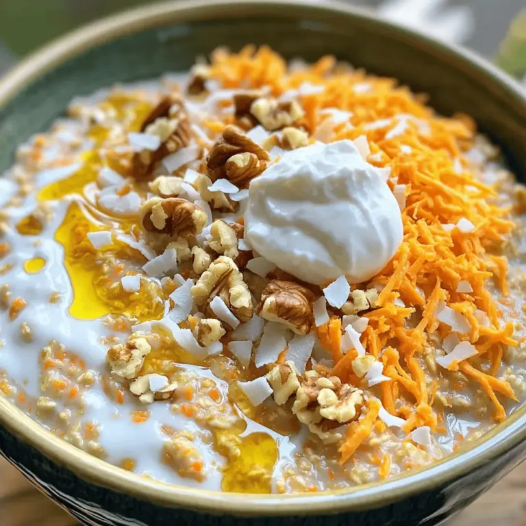 To make this tasty carrot cake oatmeal, you will need the following ingredients: - 1 cup rolled oats - 2 cups almond milk (or your preferred milk) - 1 medium carrot, grated - 1/4 cup shredded coconut - 1/4 cup walnuts, chopped - 1/4 teaspoon ground cinnamon - 1/4 teaspoon nutmeg - 1 tablespoon maple syrup (or honey) - 1/4 cup raisins - 1 teaspoon vanilla extract - Pinch of salt - Optional toppings: cream cheese yogurt, additional walnuts, or coconut flakes These simple ingredients create a warm, creamy bowl of joy. Each one adds flavor and nutrition to your breakfast. The rolled oats are the base, providing fiber and energy. Almond milk keeps it dairy-free and adds a nutty taste. Grated carrots give sweetness and color. Shredded coconut adds texture, and walnuts bring crunch. The spices, like cinnamon and nutmeg, make it smell heavenly. Maple syrup sweetens without being too rich. Raisins add a chewy surprise. Finally, a little vanilla and salt balance the flavors. If you want to make it even more special, try the optional toppings. A dollop of cream cheese yogurt adds creaminess, while extra walnuts or coconut flakes can boost flavor. This recipe is easy and fun to make. You can find the full recipe for carrot cake oatmeal in the next section. Start by grating one medium carrot. Use a box grater or food processor for ease. Next, measure out one cup of rolled oats and two cups of almond milk. You can choose your favorite milk if you want. Finally, chop one-fourth cup of walnuts into small pieces. This adds a nice crunch to the oatmeal. Combine all your ingredients in a medium saucepan. Add the rolled oats, almond milk, grated carrot, shredded coconut, ground cinnamon, nutmeg, and a pinch of salt. Stir well to mix everything. Bring this mixture to a boil over medium heat. Keep stirring to prevent it from sticking to the pan. Once it starts to boil, reduce the heat to low. Let it simmer for about five to seven minutes. Stir occasionally until the oats become creamy and absorb most of the milk. After the oatmeal is creamy, stir in the chopped walnuts, maple syrup, raisins, and vanilla extract. Cook it for another two minutes to warm everything through. Remove the pan from heat and let it sit for a minute to thicken. This helps you get the perfect consistency. Serve the oatmeal in bowls and add optional toppings like cream cheese yogurt, extra walnuts, or coconut flakes. Enjoy your delicious Carrot Cake Oatmeal! For the complete recipe, check out the Full Recipe. To get the best texture for your carrot cake oatmeal, cooking time is key. If you like your oats creamy, simmer them for about 7 minutes. If you prefer them a bit firmer, check them around 5 minutes. This way, you can find your perfect balance. For oat consistency, use rolled oats for the best results. Instant oats can turn mushy, while steel-cut oats take longer to cook. Stick with rolled oats for a hearty bite that feels just right in the morning. Spices can really boost the flavor. Try adding ginger or cloves for a warm kick. A little extra cinnamon also works wonders. Adjust sweetness based on your taste. If you like it sweeter, add more maple syrup or honey. You can also mix in a bit of vanilla extract for a mellow flavor that ties everything together. Play around with spices and sweetness to make this oatmeal your own. Toppings can take your dish to the next level. I love adding cream cheese yogurt for a tangy kick. A sprinkle of extra walnuts or coconut flakes adds crunch. Fruits like banana or berries also pair nicely. They bring freshness and a pop of color to your bowl. Enjoy creating your perfect carrot cake oatmeal with these tips! {{image_2}} I love making this carrot cake oatmeal fit for everyone. If you need gluten-free options, choose gluten-free oats. They taste just as good and keep your meal safe. For those who want a dairy-free treat, almond milk works great. You can also use oat or coconut milk. Both add a lovely flavor. Let’s get creative with flavors! For a tropical twist, add some pineapple and coconut. This makes your oatmeal taste like a sunny beach day. Imagine enjoying a bowl of tropical carrot cake oatmeal. You can also try adding chocolate chips for a sweet treat. Just fold them in at the end for a gooey surprise. Make mornings easier by prepping your carrot cake oatmeal in advance. Cook a big batch and store it in the fridge. This way, you can heat it up quickly on busy days. Portion it into containers for each serving. Grab a container, warm it up, and enjoy your meal in minutes. Carrot cake oatmeal can last in the fridge for about 3 to 5 days. Make sure to store it in an airtight container to keep it fresh. When you're ready to enjoy it again, simply reheat it on the stove or in the microwave. Add a splash of almond milk if it looks too thick. You can freeze carrot cake oatmeal for longer storage. Use a freezer-safe container or bag to keep it airtight. When you're ready to eat, thaw it overnight in the fridge. Reheat it on the stove or in the microwave, adding a little milk to get the right texture. To keep your oatmeal fresh while cooking, only make what you need. If you have leftovers, store them right away. Use small, clear containers for easy meals. This way, you can grab and go when you're busy! For the full recipe, check out the ingredients and instructions to make this delicious breakfast. Yes, carrot cake oatmeal is quite healthy. Oats offer a great source of fiber. They help keep you full and support digestion. Carrots add vitamins A and K, which are good for your eyes and skin. Together, these ingredients make a balanced breakfast. They provide energy and nutrients to start your day right. You can easily prepare carrot cake oatmeal in advance. Cook a big batch and store it in the fridge. It lasts for about 4 days when sealed well. To save time, you can prep the oats and carrots the night before. Just add the other ingredients when you are ready to eat. Reheat in the microwave or on the stove, adding a splash of milk if needed. If you want to replace walnuts, you have many options. Try pecans or almonds for a similar crunch. You can also use sunflower seeds or pumpkin seeds for a nut-free choice. These additions keep the flavor nice and add healthy fats. Choose what you like best for your oatmeal. To make carrot cake oatmeal vegan, swap out the milk. Use almond milk or any plant-based milk you prefer. For sweetening, replace honey with maple syrup. These small changes keep the taste great and make it suitable for a vegan diet. Enjoy all the flavors without any animal products. Carrot cake oatmeal is a tasty, easy recipe with many health benefits. We covered the key ingredients, step-by-step cooking, and helpful tips. You can customize flavors, adjust sweetness, and even meal prep for busy days. Store extras in the fridge or freeze for later. This dish is a fun way to enjoy oats. Embrace creativity and make each bowl your own!
