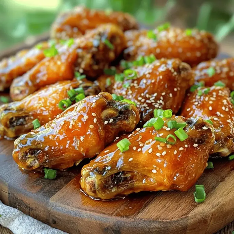 - 2 pounds chicken wings - 1/2 cup honey - 1/4 cup soy sauce (low-sodium preferred) - 4 cloves garlic, minced - 1-inch piece of ginger, grated - 1 tablespoon rice vinegar - 1 teaspoon sesame oil - 1/4 teaspoon red pepper flakes (for heat) - 1 tablespoon cornstarch (for thickening) - 1 tablespoon water The main ingredients in this dish are chicken wings and honey. Chicken wings bring a great texture and flavor. Honey adds sweetness that balances the savory elements. For the sauce, soy sauce, garlic, and ginger are key. Soy sauce gives a salty depth. Garlic and ginger add warmth and zing. These flavors combine for a perfect glaze. You can add optional ingredients too. Red pepper flakes give heat if you like spice. Cornstarch and water help thicken the sauce for a sticky finish. This dish is simple but packed with flavor. Check the Full Recipe for step-by-step details. First, you need to preheat your oven to 400°F (200°C). This ensures your wings get crispy. Rinse the chicken wings under cold water and then use paper towels to pat them dry. Removing excess moisture helps them crisp up in the oven. Place the dry wings in a large mixing bowl, ready for the next step. In a separate bowl, mix together the honey, soy sauce, minced garlic, grated ginger, rice vinegar, and sesame oil. If you like a bit of heat, add red pepper flakes to taste. This marinade brings a sweet and savory flavor. Reserve a small amount of this mixture for later use when basting the chicken wings. Pour the marinade over the chicken wings and toss them until every wing is well coated. This step is crucial; it allows the wings to soak up all those wonderful flavors. For the best results, let them sit in the fridge for at least 30 minutes. If you have time, marinate for up to 2 hours for a deeper taste. Now, it's time to bake! Line a baking tray with parchment paper and spread the marinated wings out in a single layer. Make sure they are not touching each other. Bake for 25-30 minutes. Halfway through, flip the wings to ensure they cook evenly. You want them to be golden brown and crispy. While the wings are baking, take the reserved marinade and pour it into a small saucepan. Heat it over medium heat until it starts to simmer. In a small bowl, mix the cornstarch with water until smooth. Gradually add this mixture to the simmering marinade, stirring constantly. Cook for about 2 minutes until it thickens to a syrupy consistency. Once the wings are done baking, remove them from the oven. Brush them generously with the thickened sauce. To set the glaze, return the wings to the oven for another 5 minutes. After that, transfer them to a serving platter. Drizzle any extra sauce over the wings and garnish with chopped green onions and sesame seeds for a fresh finish. Enjoy your delicious honey garlic chicken wings! To get crispy chicken wings, you must dry them well. Moisture makes the skin soggy. After rinsing the wings, use paper towels to pat them dry. This small step makes a big difference in texture. You can also let them air dry in the fridge for an hour. The cooler air helps them crisp up better. A thick glaze clings well to the wings. To achieve this, simmer the reserved marinade. As it heats, mix cornstarch and water in a small bowl until smooth. Gradually add this mix to the simmering sauce. Stir it non-stop for about two minutes. This method creates a sticky, rich glaze that enhances the wings' flavor. Marination is key for great taste. I recommend marinating for at least 30 minutes. This allows the wings to soak up the flavors. For a deeper taste, leave them in the fridge for up to two hours. The longer they sit, the better they taste. It helps the garlic and honey infuse deeply into the meat. For the full recipe, check the details above. {{image_2}} You can cook honey garlic chicken wings in two main ways: baking or frying. Baking is healthier and easier. It uses less oil and still gives you crispy wings. Preheat your oven to 400°F (200°C) for the best results. Spread wings on a tray and bake until golden brown. Frying, on the other hand, gives you that classic crisp. Heat oil in a deep pan and fry the wings until they are fully cooked. This method takes less time but adds more fat. Choose based on your preference and time. Want to change things up? You can make sweet and spicy honey garlic wings. Just add red pepper flakes or chili sauce to the marinade. This gives the wings a nice kick. You can also try adding lime juice for a tangy twist. Mix and match flavors to find your favorite combination. You can explore different sauces and spices for your wings. Try teriyaki sauce for a savory touch. Or use barbecue sauce for a sweet, smoky flavor. If you love herbs, add fresh rosemary or thyme to the marinade. A little bit of soy sauce can also enhance the umami taste. Feel free to experiment with flavors. You can create your own unique honey garlic chicken wings. For the full recipe, check out the complete guide. To store your honey garlic chicken wings, use airtight containers. Glass or plastic food containers work well. Make sure the wings cool down before sealing them. This helps prevent sogginess. Store them in the fridge for up to three days. When reheating wings, keep them crispy. The best way is to use the oven. Preheat your oven to 350°F (175°C). Place the wings on a baking sheet. Bake them for about 10-15 minutes. This will help restore their crispiness. You can also use an air fryer for about 5-7 minutes. If you want to freeze wings, wrap them well. Use plastic wrap or freezer bags. Remove as much air as you can. Frozen wings can last for up to three months. To thaw, put them in the fridge overnight. Reheat them in the oven to keep them crispy. Enjoy your sticky honey garlic chicken wings later! For the full recipe, check out the earlier section. You should marinate chicken wings for at least 30 minutes. For deeper flavor, try to marinate them for up to 2 hours in the fridge. The longer you marinate, the more flavor they absorb. Just be careful not to over-marinate, as the acid in the soy sauce can break down the meat. Yes, you can use chicken drumsticks, thighs, or even breasts. Each cut has a different taste and texture. Drumsticks work well and are juicy, while thighs are tender. Breasts can dry out if cooked too long, so keep an eye on them. I love serving honey garlic chicken wings with fresh veggies, like carrot and celery sticks. You can also pair them with a creamy dip, like ranch or blue cheese. For a heartier meal, serve them with rice or a side salad. Absolutely! You can marinate the wings a day ahead. Just bake them when you are ready to eat. They also store well. Keep them in an airtight container in the fridge for up to three days. Reheat them in the oven to keep them crispy. For a fun twist, try making extra sauce to drizzle on top. Check the Full Recipe for more details. You now have a complete guide to making delicious honey garlic chicken wings. Start with fresh ingredients like chicken wings and honey. Marinate your wings to let the flavors shine. Use tips for crispy wings and choose your cooking method, whether baking or frying. Remember to store leftovers properly for later enjoyment. With variations galore, you can customize your wings. Enjoy the process and serve these tasty wings to impress your friends and family. Happy cooking!