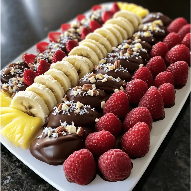 Here is what you need to create this sweet treat: - 1 cup strawberries, washed and dried - 1 cup banana slices (about 2 medium bananas) - 1 cup pineapple chunks (fresh or canned, drained) - 1 cup raspberries, washed and dried - 1 cup dark chocolate chips (or milk chocolate if preferred) - 1 tablespoon coconut oil - Sea salt for sprinkling (optional) - Chopped nuts or shredded coconut for garnish (optional) These ingredients create a fun, colorful mix. You can use any fruit you love. Fresh fruits taste best. The chocolate brings out the sweet and juicy flavors. Add a sprinkle of sea salt for a nice touch. You can also top with nuts or coconut for a fun crunch. This mix makes your chocolate-dipped fruit special and unique. First, wash all the fruit. I use strawberries, bananas, pineapples, and raspberries. Make sure to dry the fruit well. Water can make the chocolate slide off. Cut bananas into slices. For pineapples, chop them into chunks. Arrange the fruit on a baking sheet lined with parchment paper. This helps when you dip them later. Next, melt the chocolate. I use dark chocolate chips, but milk chocolate works too. Combine the chocolate chips and coconut oil in a microwave-safe bowl. Microwave in 30-second bursts. Stir the mixture in between to keep it smooth. You want it fully melted and creamy. Now it's time to dip! Take a fork or skewer and pick up a piece of fruit. Dip it into the melted chocolate. Make sure to cover it well. Let any extra chocolate drip back into the bowl. Place the dipped fruit back on the baking sheet. Once all the fruit is dipped, sprinkle a pinch of sea salt or add nuts or coconut if you want. Then, place the baking sheet in the refrigerator. Let the chocolate set for about 30 minutes. Once hardened, the chocolate-dipped fruit is ready to serve. Enjoy this simple and sweet treat! For full details, check the Full Recipe. Choose ripe, firm fruits for the best dip. Strawberries, bananas, and pineapple work great. Look for fruits that are not overly soft. I love using fresh raspberries for their vibrant color. Always wash and dry the fruits well. This helps the chocolate stick better. Select high-quality chocolate for the best taste. Dark chocolate gives a rich flavor. Milk chocolate adds sweetness. For a smooth finish, mix in coconut oil. It helps the chocolate melt evenly. Aim for chocolate with at least 60% cocoa for depth. Dip fruits in chocolate quickly and evenly. Use a fork or skewer for easy handling. Let excess chocolate drip back into the bowl. Place the dipped fruit on parchment paper. This prevents sticking. Chill in the fridge for about 30 minutes. This allows the chocolate to harden perfectly. For a fun twist, sprinkle sea salt or nuts while the chocolate is wet. Enjoy your chocolate-dipped fruit delight! {{image_2}} You can use many fruits for chocolate dipping. Fresh fruits taste best. Try apples, pears, or kiwi. Each fruit has a unique flavor and texture. Berries, like blueberries and blackberries, work well too. For a twist, use dried fruits like apricots or figs. You can even dip citrus slices for a tangy kick. Each choice adds fun and variety to your treat. While dark chocolate is rich, milk chocolate is sweet and creamy. White chocolate brings a smooth taste. You can mix chocolates for a unique flavor. Try flavored chocolates, like mint or orange for a twist. Add spices, like cinnamon or chili powder, to melted chocolate for extra warmth. The right chocolate can make your fruit pop! Garnishes can elevate your chocolate-dipped fruit. Sprinkle sea salt for a salty-sweet balance. Use chopped nuts for crunch and extra flavor. Shredded coconut adds a tropical touch. Drizzle extra melted chocolate on top for flair. Fresh mint leaves add color and freshness. Serve on a colorful platter or in fun cups to impress! Store chocolate-dipped fruit in an airtight container. This keeps them fresh and tasty. Use parchment paper to separate layers. This prevents sticking and mess. Place the container in the fridge for best results. Chocolate-dipped fruit lasts about 2 to 3 days in the fridge. After that, the fruit may get mushy. The chocolate can also lose its shine. Enjoy your treats soon for the best flavor. If you have leftovers, consider making a fruit salad. Chop up the dipped fruit and mix with yogurt. You can also blend them into smoothies. This way, you can enjoy every last bite! Yes, you can use white chocolate! It adds a sweet twist. Simply melt it like dark chocolate. The taste changes, but it’s still yummy. Try it with fruits like strawberries or bananas. White chocolate pairs well with many fruits. Chocolate-dipped fruits last about three days in the fridge. Store them in an airtight container. This keeps them fresh and tasty. After three days, the fruit may get soggy. Enjoy them as soon as you can! Yes, you can freeze chocolate-dipped fruit. Place them in a single layer on a tray. Freeze until firm, then transfer to a bag. They can last up to a month. Thaw them in the fridge before eating. The texture may change but they will still taste good. Chocolate-dipped fruit shines at parties and gatherings. Serve it at birthdays, holidays, or weddings. It’s great for picnics or movie nights too. People love the sweet and fruity flavor. You can even make it a fun dessert for kids. Explore the [Full Recipe] to get started on this delightful treat! You learned how to make tasty chocolate-dipped fruits. The recipe is fun and easy. Remember, fresh fruits add great flavor and color. Using dark or milk chocolate lets you customize your treat. Add nuts or coconut for extra crunch. Store leftovers carefully to enjoy later. Try this dessert for any event or just for fun. Your family and friends will love it! Enjoy getting creative with different fruits and toppings. Happy dipping!
