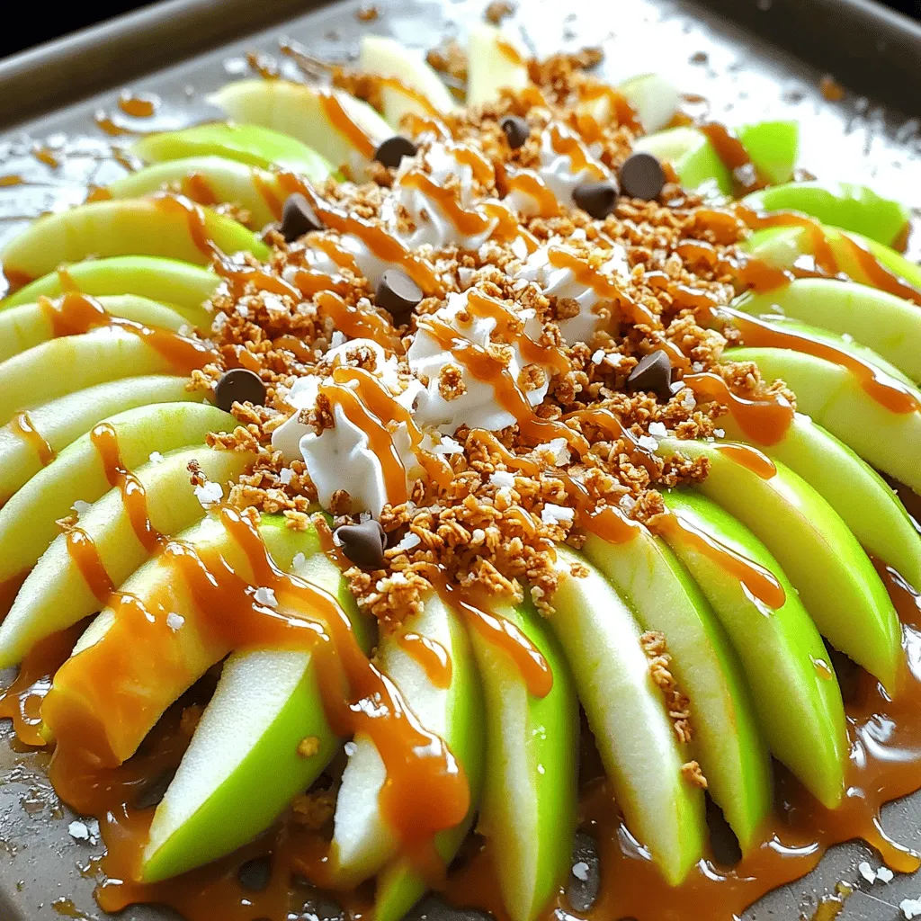 Let’s gather the fun and tasty ingredients for your Caramel Apple Nachos. Here’s what you need: - 3 large apples (I love Granny Smith or Honeycrisp) - 1 cup granola (choose your favorite, honey or cinnamon is great) - 1/2 cup caramel sauce (store-bought or homemade works well) - 1/4 cup mini chocolate chips - 1/4 cup chopped nuts (try pecans, walnuts, or almonds) - 1/4 cup shredded coconut (optional but yummy) - Whipped cream for drizzling (optional) - Sea salt for garnish These ingredients make the dessert fun and delicious. You can mix and match to suit your taste. Fresh apples give a nice crunch, while granola adds a fun texture. The caramel sauce ties it all together with sweetness. You can even add a sprinkle of sea salt to balance the flavors. If you want the full recipe, look for it in the article! To start, grab three large apples. I love using Granny Smith or Honeycrisp for their crispness. First, core the apples and slice them into thin wedges. Make sure the slices are even. This helps with the look and taste. Now, arrange your apple slices on a large plate or platter. I like to fan them out for a fun display. Next, it’s time to build your nachos! Drizzle half of the caramel sauce over the apple slices. This gives them a sweet layer. Now, sprinkle the granola on top. I suggest using honey or cinnamon flavor for a tasty crunch. After that, scatter mini chocolate chips and chopped nuts over everything. They add a nice texture and flavor. If you want extra fun, you can sprinkle shredded coconut on top. Now for the final touches! Drizzle the rest of the caramel sauce over the nachos. If you love whipped cream, add a light drizzle of that too. It makes everything feel special. Lastly, sprinkle a pinch of sea salt on top. This brings out the sweet flavors and adds a nice contrast. Serve your caramel apple nachos right away. They taste best fresh! You can also set out extra caramel sauce and whipped cream for dipping. For the best caramel apple nachos, I love using Granny Smith or Honeycrisp apples. Granny Smith gives a nice tartness, while Honeycrisp adds sweetness. Both types hold up well and taste great with caramel. Look for firm apples without bruises for the best results. If you have any nachos left, store them in an airtight container. Place a piece of wax paper between layers to keep them from sticking. They will stay fresh for up to two days in the fridge. However, the apples may get soft, so eat them quickly! Garnishes can make your nachos pop! Drizzling whipped cream adds creaminess. A sprinkle of sea salt brings out the sweetness. You can also add a bit of cinnamon for extra flavor. Experiment with these toppings to find your favorite mix! For the full recipe, check out the details above. {{image_2}} You can mix in seasonal fruits for added flavor. Try pears in fall or berries in summer. These fruits add a bright twist to the classic recipe. Additionally, citrus slices can give a zesty kick. Feel free to experiment with what’s fresh and available. You can get creative with your toppings. Try peanut butter or almond butter for a nutty touch. Swap mini chocolate chips for butterscotch chips if you want something sweeter. Dried fruit like cranberries or raisins can add a chewy texture too. Remember, the more toppings, the more fun! To make this dish gluten-free, choose gluten-free granola. Many brands offer tasty options. For a vegan version, use dairy-free caramel sauce and skip the whipped cream. You can even add coconut cream as a light topping. Enjoy your caramel apple nachos while keeping your diet in mind. For the full recipe, check out the details above! To store leftover nachos, place them in an airtight container. This keeps them fresh. Make sure to layer them gently to avoid squishing the apples. You can also use plastic wrap for extra protection. It helps to prevent air from drying them out. Reheat leftover nachos in the oven for the best taste. Preheat your oven to 350°F (175°C). Place the nachos on a baking sheet. Heat them for about 5 to 10 minutes. This method keeps the apples crisp and warm. Avoid the microwave, as it can make them soggy. These nachos can last up to three days in the fridge. After that, they may lose their crunch and flavor. Always check for any signs of spoilage before eating. If the apples turn brown or look mushy, it's best to toss them. Enjoy them while they're fresh for the best experience! Caramel Apple Nachos are a fun dessert made with apple slices. You lay the apple slices on a plate, drizzle them with caramel, and add toppings like granola, chocolate chips, and nuts. The mix of sweet and crunchy flavors makes them a great treat for any occasion. Yes, you can use many types. Store-bought caramel sauce works well, but homemade gives a richer taste. You can also try flavored caramel, like sea salt or chocolate. Each type adds its own twist to your nachos. To make homemade caramel sauce, you need sugar, butter, and cream. Start by melting sugar in a pan until it turns golden. Then, add butter and stir until melted. Slowly pour in cream, mixing well. This sauce is creamy and delicious. Caramel Apple Nachos can be a healthier option than many desserts. Apples are packed with vitamins, and you can control the amount of caramel you use. Adding nuts and granola boosts the nutrition. Just remember, moderation is key. To make Caramel Apple Nachos kid-friendly, use sweet apples like Honeycrisp. You can skip nuts if there are allergy concerns. Make sure the caramel is not too hot. Let kids help with the toppings for a fun cooking activity. Check out the Full Recipe for more ideas! Caramel apple nachos are fun and easy to make. We covered the ingredients, from apples to toppings. I shared steps to prepare and layer your nachos just right. Tips helped you choose apples and store leftovers. We also explored tasty variations to try. When you enjoy this treat, customize it to suit your taste. Make it your own, and have fun with it. Keep experimenting while enjoying this delicious snack!
