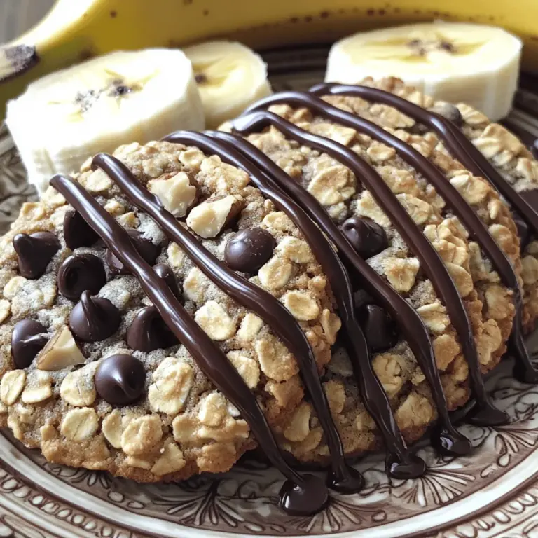 For these tasty Chocolate Chip Banana Oatmeal Cookies, you need a few simple ingredients. Here's what you'll need: - 1 cup rolled oats - 1 ripe banana, mashed - 1/2 cup almond butter (or any nut butter of your choice) - 1/4 cup honey or maple syrup - 1/2 teaspoon vanilla extract - 1/2 teaspoon baking powder - 1/4 teaspoon salt - 1/2 cup dark chocolate chips - 1/4 cup chopped walnuts (optional) Each ingredient plays a key role. The rolled oats give the cookies their chewy texture. The ripe banana adds natural sweetness and moisture. Nut butter adds richness and helps bind the mixture together. You can choose honey or maple syrup, depending on your taste. Vanilla extract enhances the flavor, while baking powder helps them rise. Salt balances the sweetness, and chocolate chips provide that delightful chocolatey taste. Walnuts are optional but add a nice crunch. Using the right ingredients helps you create delicious cookies. You can find the full recipe in the section above. Enjoy baking! - Preheat your oven to 350°F (175°C). - Line a baking sheet with parchment paper. This helps cookies not stick. - In a big bowl, mash one ripe banana. Add 1/2 cup almond butter, 1/4 cup honey, and 1/2 teaspoon vanilla extract. Mix until creamy and smooth. - In another bowl, whisk together 1 cup rolled oats, 1/2 teaspoon baking powder, and 1/4 teaspoon salt. - Whisking helps mix the dry ingredients well. This step is key for even baking. - Gradually add the dry mix to the wet mix. Stir gently until just combined. - Fold in 1/2 cup dark chocolate chips and 1/4 cup walnuts, if you like. - Use a spoon to drop rounded tablespoons of dough on the baking sheet. Space them about 2 inches apart. - Flatten each cookie slightly with the back of the spoon. They will not spread much while baking. - Bake for 10 to 12 minutes. Look for lightly golden edges. - Let them cool on the baking sheet for 5 minutes. Then, move them to a wire rack to cool completely. Follow the Full Recipe for all the details and enjoy your treat! Use a ripe banana for the best flavor. Look for bananas with brown spots. They will add natural sweetness to your cookies. If you don’t have ripe bananas, you can use applesauce. It will add moisture, but the flavor will be different. For chewy cookies, make sure to not overmix the dough. Mix just until combined. If you want soft cookies, try baking them for 10 minutes. They will continue to cook as they cool. If you like them crispy, bake for 12 minutes. You can add different nuts or seeds to change the taste. Chopped pecans or sunflower seeds work great. Adding a pinch of cinnamon or nutmeg can also bring depth to the flavor. These spices make the cookies taste even better! For the full recipe, check out the [Full Recipe]. {{image_2}} You can make a few changes to make these cookies healthier. - Alternative sweeteners: Instead of honey, you can use mashed dates or coconut sugar. Both options add sweetness without refined sugar. - Gluten-free options: To make these cookies gluten-free, swap rolled oats for certified gluten-free oats. This keeps the texture while being safe for gluten-sensitive folks. Get creative with flavors to make these cookies unique. - Adding other fruits: You can mix in dried fruits like cranberries or chopped apples. They add flavor and chewiness. - Incorporating spices: Try adding cinnamon or nutmeg to the dough. A pinch of spice can make a big difference in taste. These cookies can fit various diets with simple swaps. - Vegan adaptations: Replace honey with maple syrup and use a plant-based butter. These changes keep the cookies vegan-friendly. - Nut-free suggestions: If you need a nut-free recipe, use sunflower seed butter instead of nut butter. This keeps the same great taste without nuts. For the complete recipe, check out the Full Recipe. Store your chocolate chip banana oatmeal cookies in an airtight container. This keeps them fresh. You can use a plastic container or a resealable bag. Both work well, but airtight containers are better for long-term storage. Keep the cookies at room temperature for up to a week. If you want them to last longer, refrigerate them. The cold will help keep them fresh for about two weeks. Just remember that refrigeration can change the texture slightly. To freeze your cookies, first let them cool completely. This prevents ice crystals from forming. Place the cookies in a single layer on a baking sheet. Freeze them for about one hour. Then, transfer them to a freezer-safe bag or container. Don’t forget to label with the date! When you want to enjoy a cookie, simply take it out and let it thaw. For the best taste, let it sit at room temperature for about 30 minutes. You can also warm it in the oven for a few minutes. This brings back that fresh-baked flavor. Enjoy your treats whenever you want! For the full recipe, check out the [Full Recipe]. To make your cookies soft, use a ripe banana. The riper the banana, the more moisture it adds. You can also add a bit more almond butter. This extra fat keeps the cookies tender. Bake them just until they are golden. Overbaking will dry them out. Yes, you can. Almond butter works well, but peanut butter is great too. Cashew butter or sunflower seed butter are good choices if you have allergies. Each nut butter gives a different flavor and texture. Choose one you love to make your cookies unique. If you need a different sweetener, try agave syrup or brown sugar. You can use a 1:1 ratio for honey or maple syrup. If you prefer, coconut sugar also works well. Just remember that it may change the color a bit. These cookies stay fresh for about a week. Keep them in an airtight container at room temperature. You can also freeze them for up to three months. Just thaw them at room temperature for the best taste. Enjoy your cookies at their freshest! For the full recipe, check out the Choco-Banana Oatmeal Delight! In this post, we explored how to make delicious banana oatmeal cookies. We covered the key ingredients and provided step-by-step instructions. I shared tips for getting the best texture and flavor. We also discussed variations for different diets and storage practices to keep cookies fresh. These cookies are simple and fun to make. With a few tweaks, you can customize them to your taste. Enjoy the baking process and feel free to experiment!