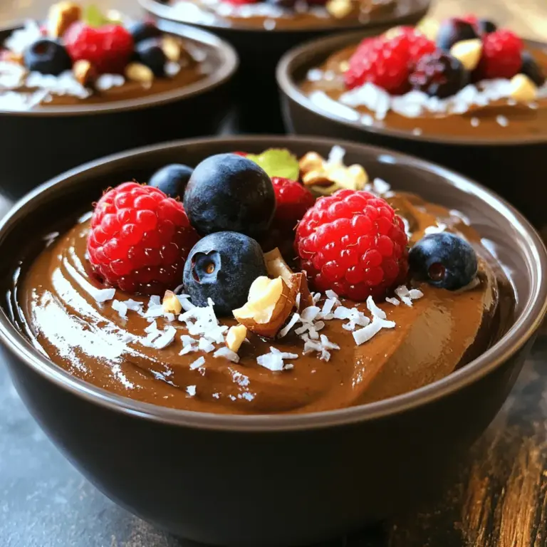 To make chocolate avocado pudding, you need just a few simple ingredients. Gather these items before you start: - Ripe avocados - Unsweetened cocoa powder - Maple syrup - Almond milk (or milk of choice) - Vanilla extract - Salt - Optional toppings: fresh berries, shredded coconut, chopped nuts Using ripe avocados is key. They bring smoothness and creaminess to the pudding. The unsweetened cocoa powder adds that rich chocolate flavor without extra sugar. Maple syrup sweetens the dish naturally. Almond milk helps blend everything into a creamy texture. Vanilla extract enhances the pudding's flavor, while a pinch of salt balances the sweetness. For added fun, you can top your pudding with fresh berries, shredded coconut, or chopped nuts. For the full recipe, you can check the detailed instructions. Enjoy crafting this tasty and healthy dessert! - Ingredients preparation Start by preparing your ingredients. You need two ripe avocados, 1/4 cup cocoa powder, 1/4 cup maple syrup, 1/4 cup almond milk, 1 teaspoon vanilla extract, and a pinch of salt. If you want to add toppings, grab fresh berries, shredded coconut, or chopped nuts. - Blending the pudding Slice the avocados in half, and remove the pit. Scoop the avocado flesh into your food processor or blender. Add the cocoa powder, maple syrup, almond milk, vanilla extract, and salt. Blend on high until the mixture is smooth and creamy. Stop to scrape down the sides if needed. - Adjusting consistency and sweetness Taste your pudding. If you want it sweeter, add more maple syrup. If it's too thick, add a bit more almond milk. Blend again until you reach your desired texture. - Recommended serving bowls Use small bowls or cups for serving. Clear glass bowls look nice and let you show off the pudding's rich color. - Visual presentation tips Add a pop of color with fresh berries on top. A sprinkle of shredded coconut or chopped nuts adds texture and makes it more inviting. - Importance of refrigerating Chilling the pudding helps the flavors blend and the texture set. It also cools it down for a refreshing dessert. - Suggested chilling duration Refrigerate your pudding for at least 30 minutes. This time allows the pudding to thicken and taste even better. For the full recipe, check out the complete guide to make this delicious treat! To get that smooth and creamy pudding, use a good blender. A food processor works too, but a strong blender gives the best result. Start with the ripe avocados; they should be soft but not brown. When blending, start on low. This helps to mix the ingredients without splattering. Gradually increase the speed until it is silky. If your pudding is too thick, add more almond milk slowly. Blend again until it reaches your desired creaminess. You can add more flavors to make it unique. For a twist, try adding a pinch of cinnamon or a dash of espresso. If you want it sweeter, add more maple syrup. Taste as you go! This way, you find the right balance that suits your palate. One common mistake is overblending. This can make the pudding too airy and change the texture. On the flip side, underblending leaves chunks of avocado, which you want to avoid. Choose the right avocados; they should be ripe and firm to the touch. If they are too hard, your pudding won't be smooth. Always check for ripeness before you start! {{image_2}} You can switch up the sweeteners in this recipe. If you want a different taste, try using honey, agave syrup, or stevia. Each option adds its own unique flavor. Honey gives a floral note, while agave syrup is milder. Stevia is a great choice if you want to cut calories. Want to get creative? Add-ins can bring new flavors. Peanut butter or almond butter adds a nutty taste and creaminess. You can also mix in a spoonful of coffee for a rich, bold flavor. These additions make the pudding even more exciting. This pudding can fit many diets. If you need a vegan option, just ensure your sweeteners are plant-based. For a gluten-free dessert, you’re already set; this recipe is naturally gluten-free. If you have nut allergies, use a safe milk alternative, like oat milk. These small changes keep the pudding delicious for everyone. You can find the full recipe above to get started on this tasty treat! To keep your chocolate avocado pudding fresh, store it in an airtight container. This helps prevent it from absorbing other flavors in the fridge. Always cover the surface with plastic wrap to reduce air exposure. Refrigerate it promptly after making. It can stay fresh for about three days. If you want to freeze the pudding, first scoop it into a freezer-safe container. Leave some space at the top for expansion. Seal it tightly with a lid or plastic wrap. When you're ready to eat, thaw it overnight in the fridge. Stir it well before serving to restore its creamy texture. For the best taste, enjoy your chocolate avocado pudding within three days when stored in the fridge. If frozen, it can last up to one month. After that period, the quality may decline. Always check for any off smells or changes in texture before serving. Yes, you can use other types of milk. Almond milk works well, but feel free to try oat, soy, or coconut milk. Each milk changes the taste slightly. For example, coconut milk adds a creamy texture and a hint of coconut flavor. Choose a milk that you enjoy, and adjust the sweetness if needed. Chocolate avocado pudding lasts about 3 to 5 days in the fridge. Make sure to store it in an airtight container. This keeps the pudding fresh and helps prevent browning. If you notice any change in color or smell, it’s best to discard it. Always check for freshness before enjoying! Absolutely! Chocolate avocado pudding is great for kids. It’s rich in healthy fats, vitamins, and minerals. The creamy texture and chocolate flavor appeal to young taste buds. Plus, using avocado instead of heavy cream makes it a healthier choice. You can even let kids help with making it! Avocados are packed with nutrients. They have healthy fats that promote heart health. They also provide fiber, which aids digestion. Avocados contain vitamins C, E, and K, boosting your immune system. Adding avocados to desserts makes them not just tasty, but nutritious too. Enjoy this healthy dessert with all its benefits, and check out the Full Recipe for details! This blog post shared easy steps to make chocolate avocado pudding. We covered the essential ingredients and detailed preparation methods. You learned how to tweak the taste and texture for your preference. Remember, you can try different sweeteners and add-ins to make it your own. Proper storage keeps it fresh longer. Enjoy making this tasty and healthy dessert that is great for everyone, even kids. With these tips, you can make a delicious treat that is both fun and good for you!
