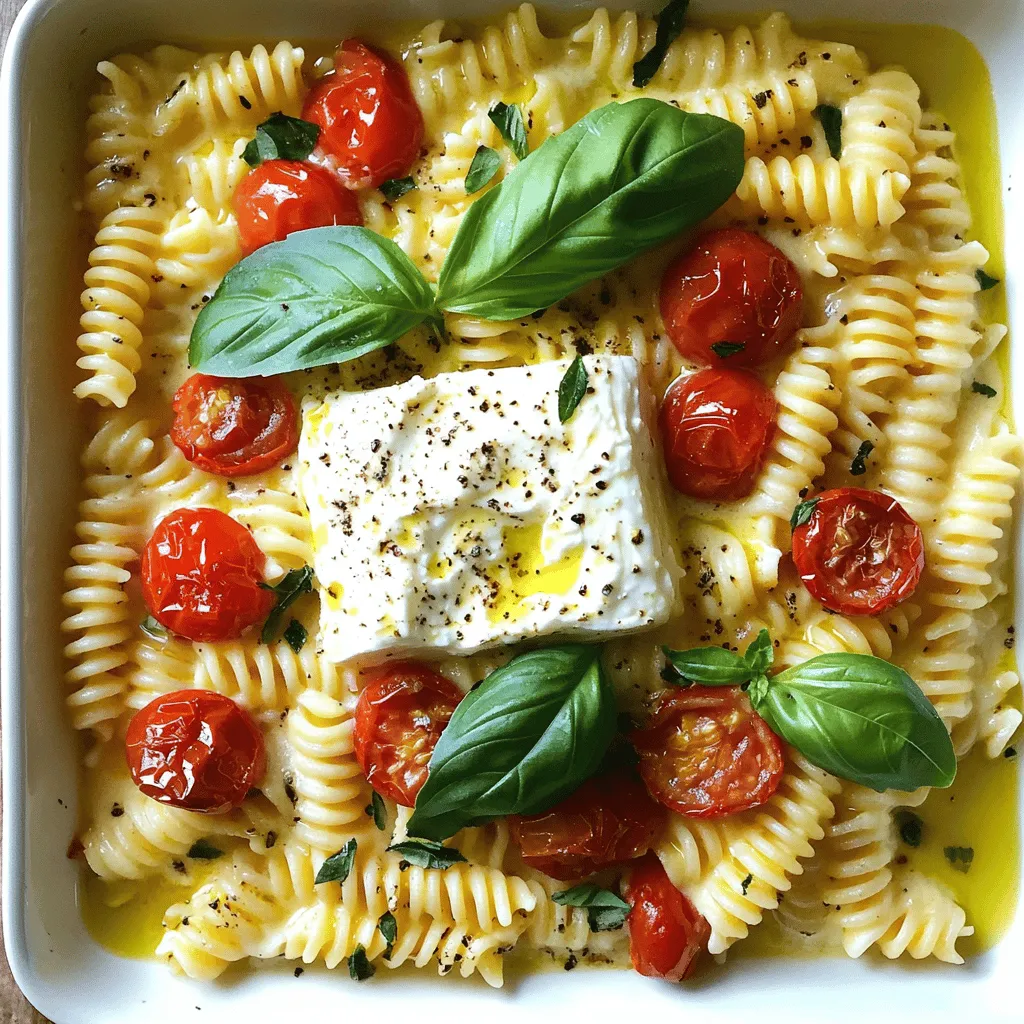 - 200g pasta (fusilli or penne) - 200g feta cheese, block - 2 cups cherry tomatoes, halved - 4 cloves garlic, minced - ¼ cup olive oil - 1 teaspoon dried oregano - Salt and pepper to taste - Fresh basil leaves, for garnish - ½ teaspoon red pepper flakes (optional) When you gather these ingredients, you set the stage for a dish that delights. The pasta provides a hearty base, while the feta cheese becomes creamy when baked. Cherry tomatoes add sweetness and color, making this dish pop. Garlic brings a lovely aroma, while olive oil adds richness. Dried oregano gives a fragrant touch. Don't forget salt and pepper to bring out the flavors! Fresh basil garnishes the final dish, offering a burst of freshness. If you enjoy a little heat, add red pepper flakes for an extra kick. For the full recipe, check out the details I've shared. Enjoy crafting this easy and flavorful dish! 1. Preheat your oven to 400°F (200°C). This step warms the oven for even cooking. 2. In a large baking dish, place the block of feta cheese in the center. Surround it with the halved cherry tomatoes and minced garlic. This arrangement helps all flavors blend well. 1. Drizzle the olive oil over the feta and tomatoes. This will help create a creamy texture. 2. Sprinkle the dried oregano, salt, pepper, and red pepper flakes if you like spice. Each adds a nice touch of flavor. 3. Bake in the preheated oven for about 30 minutes. You want the feta to melt and the tomatoes to blister and get juicy. 1. While the feta and tomatoes bake, cook your pasta according to the package instructions until al dente. This means it should still have a bit of bite. 2. Once the feta is done baking, remove it from the oven. Use a fork to mash the feta and mix it with the roasted tomatoes and garlic until creamy and blended. This transformation makes a delicious sauce. 3. Add the cooked pasta to the baking dish. Toss everything together until the pasta is well-coated with the creamy feta sauce. This step is key for flavor. 4. Adjust seasoning to taste. You may want more salt, pepper, or red pepper flakes based on your preference. 5. Serve hot, garnished with fresh basil leaves for a burst of flavor. You can find the full recipe for this creamy baked feta pasta to enjoy! Choosing the right pasta shape For baked feta pasta, I love using fusilli or penne. These shapes grab the creamy sauce well. The twists and tubes hold the flavors in each bite. If you want a different texture, feel free to try other shapes. Ensuring creamy consistency To get that rich, creamy texture, mix the baked feta with the tomatoes well. Use a fork to mash the feta and blend it with the juices from the tomatoes. This step makes the sauce smooth and delicious. If it feels too thick, add a splash of pasta water to help it blend. Adjusting cooking times for different ovens Not all ovens cook the same. Some run hotter or cooler. Check your dish after 25 minutes. If the feta looks soft and the tomatoes are blistering, it's time to take it out. If not, give it a few more minutes. Storing leftover ingredients If you have leftover feta or tomatoes, store them in an airtight container. Keep it in the fridge. Use it within three days for the best taste. You can also mix them into salads, or use them on toast for a great snack. Pairing with side dishes You can serve baked feta pasta with a simple salad. A side of garlic bread also works well. These sides add crunch and freshness to your meal. Best wine matches for baked feta pasta A light white wine pairs nicely with this dish. Try a dry Sauvignon Blanc or a crisp Pinot Grigio. These wines enhance the flavors of the feta and tomatoes. Enjoying a glass with your meal makes it special. For the full recipe, be sure to check out the detailed instructions above! {{image_2}} You can change the cheese in this dish. Try using goat cheese or ricotta. Both add unique flavors. You can also mix in veggies or proteins. Spinach, bell peppers, or grilled chicken work well. They transform the dish into a full meal. Adding fresh herbs can boost the taste. Use thyme or rosemary for a fragrant touch. If you like heat, add chilies or jalapeños. They give the dish an exciting kick. Spice levels can be adjusted to your liking. For gluten-free options, choose gluten-free pasta. Many brands make tasty alternatives. If you want a vegan dish, use plant-based feta. There are great brands that melt well. These swaps keep the dish delicious while meeting your needs. To keep your baked feta pasta fresh, follow a few simple steps. First, allow it to cool completely. This step helps prevent condensation, which can make the pasta soggy. Transfer the dish into an airtight container. You can also use plastic wrap to cover it tightly. Proper storage keeps the flavor intact. In the fridge, baked feta pasta lasts about 3 to 5 days. If you want to keep it longer, consider freezing. When you want to enjoy your baked feta pasta again, you can reheat it in two ways. The oven method is best for keeping the texture nice. Preheat your oven to 350°F (175°C). Place the pasta in an oven-safe dish. Cover it with foil to keep moisture in. Heat for about 15 to 20 minutes. If you’re short on time, the microwave works too. Use a microwave-safe bowl and cover it loosely. Heat in short bursts, stirring in between. This method is quick but may dry out the pasta. To keep it creamy, add a splash of olive oil or a bit of water before microwaving. Yes, you can freeze baked feta pasta! This makes it easy to enjoy later. To freeze, let the dish cool completely. Portion it into airtight containers or freezer bags. Be sure to remove as much air as possible. This prevents freezer burn. When you're ready to eat, thaw it overnight in the fridge. Then, reheat it in the oven or microwave. Avoid refreezing after thawing, as it can affect the taste and texture. What is baked feta pasta? Baked feta pasta is a creamy and flavorful dish. You bake feta cheese with cherry tomatoes and garlic. The heat melts the feta, making a rich sauce. You then mix it with cooked pasta for a tasty meal. Can I use different types of cheese? Yes, you can! While feta gives a unique flavor, you can try goat cheese or cream cheese. Each cheese will change the taste and texture of the dish. Why is my feta not melting properly? If your feta isn’t melting, it may be too dry or low in fat. Choose a block of feta with higher fat content. Also, make sure you bake it long enough. The tomatoes should be blistered and juicy. How do I know when my pasta is done? To check if your pasta is done, taste a piece. It should be tender but still firm, known as "al dente." Follow package instructions for the best results. Can I make this dish ahead of time? Yes, you can prep the dish ahead. Bake the feta and tomatoes, then mix with the pasta later. Just keep the pasta and sauce separate until ready to serve. What can I serve with baked feta pasta? Baked feta pasta pairs well with a simple salad or garlic bread. You can also add grilled chicken or shrimp for extra protein. Enjoy this dish with a light white wine for a delightful meal. This blog post detailed how to make delicious baked feta pasta using simple ingredients. You learned about the main components and easy steps for preparation. We also discussed helpful tips for baking and serving this dish. Feel free to get creative with variations and ingredient swaps. Remember, the key to a perfect baked feta pasta is in the details. Enjoy your cooking adventure and share it with loved ones!