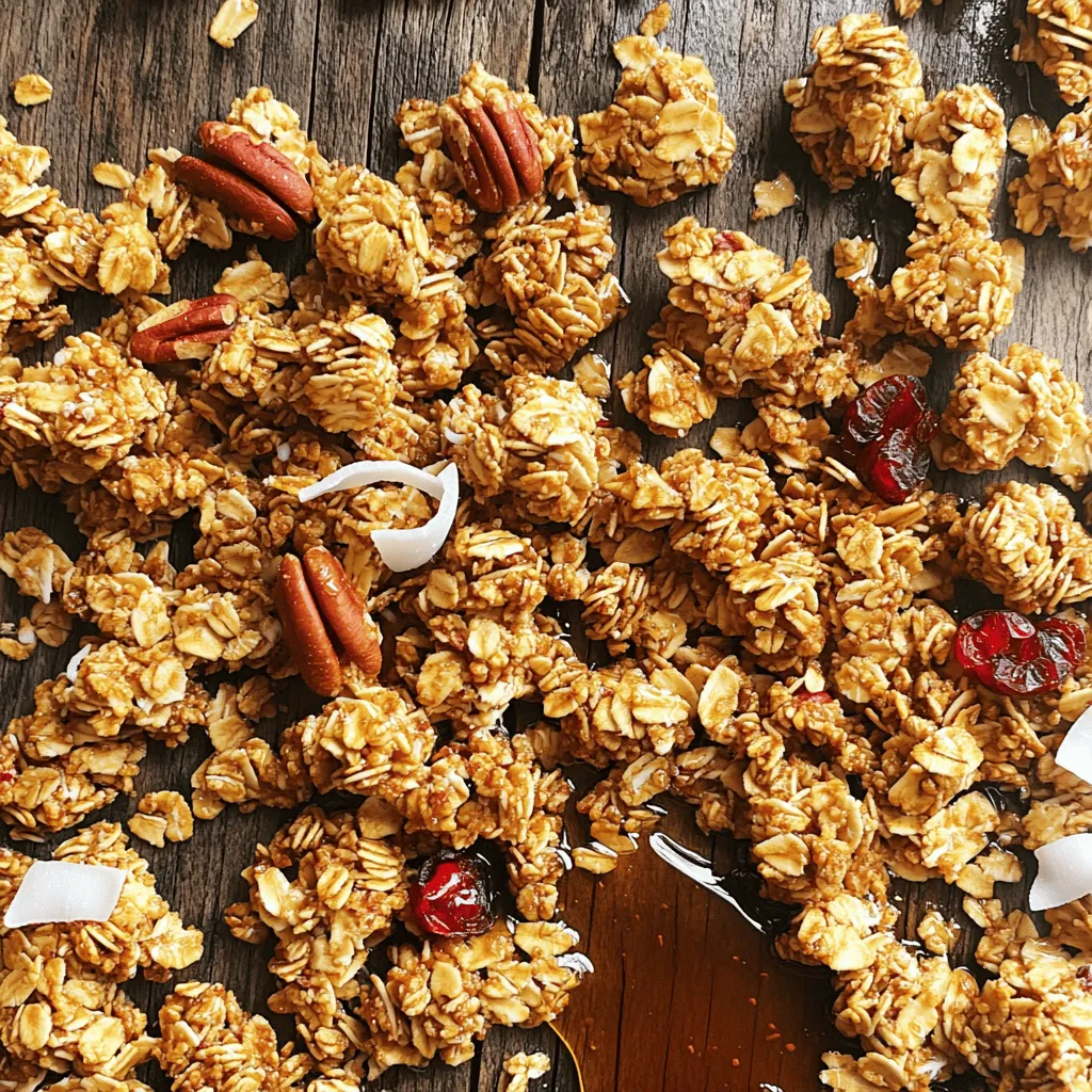 To make this tasty maple pecan granola, you need these simple ingredients: - 2 cups old-fashioned rolled oats - 1 cup pecans, roughly chopped - 1/2 cup sunflower seeds - 1/2 cup shredded coconut (unsweetened) - 1/3 cup maple syrup - 1/4 cup coconut oil, melted - 1 teaspoon vanilla extract - 1/2 teaspoon cinnamon - 1/4 teaspoon salt - 1/2 cup dried cranberries or raisins (optional) Each of these ingredients adds great nutrition to your granola. Oats provide fiber and energy. They help keep you full. Pecans add healthy fats and protein. They also give a crunchy texture. Sunflower seeds are rich in vitamins and minerals. Coconut gives a touch of sweetness and fiber. Maple syrup adds natural sweetness with antioxidants. Using high-quality ingredients makes a big difference in flavor and health. Fresh oats and nuts taste better. They hold more nutrients too. When you pick pure maple syrup, it boosts the taste. Always choose unsweetened coconut for a healthier option. Quality ingredients lead to a better granola, and you will taste the difference! For the full recipe, check out the details above. To make Maple Pecan Granola, start by gathering your ingredients. You will need rolled oats, pecans, sunflower seeds, shredded coconut, maple syrup, coconut oil, vanilla extract, cinnamon, and salt. 1. Preheat your oven to 300°F (150°C). This helps the granola bake evenly. 2. Line a large baking sheet with parchment paper. This makes clean-up easy. 3. In a large bowl, mix the oats, pecans, sunflower seeds, shredded coconut, cinnamon, and salt. Stir well to combine all the dry ingredients. 4. In another bowl, whisk together melted coconut oil, maple syrup, and vanilla extract. Make sure it is mixed well. 5. Pour the wet ingredients over the dry mix. Stir until all the ingredients are coated. 6. Spread the mixture on your baking sheet in an even layer. This helps it bake nicely. 7. Bake for 20-25 minutes. Stir halfway through to ensure all sides toast evenly. 8. Once golden brown, take it out and let it cool completely. It will get crunchier as it cools. 9. If you want, mix in dried cranberries or raisins after it cools. 10. Break the granola into clusters, and store it in an airtight container. Preheating your oven is key. It ensures your granola cooks evenly from the start. Use parchment paper to avoid sticking. Keep an eye on your granola while it bakes. Ovens can vary, so check for a golden brown color. Stirring halfway helps all parts cook well and become crunchy. To get that perfect crunch, let your granola cool on the baking sheet. This is very important. As it cools, it hardens and forms clusters. Don't rush this step. If you want extra crunch, bake it a bit longer. Just be careful not to burn it. Enjoy the crunch in every bite of your Maple Pecan Granola! You can easily change this recipe. Use your favorite nuts like almonds or walnuts. Swap in pumpkin seeds for sunflower seeds. If you love chocolate, add cocoa nibs or dark chocolate chips. You can also change the sweetener. If you want less sugar, try honey or agave syrup. Adding spices like nutmeg or ginger will bring new flavors. Mix in dried fruits like apricots or figs for extra sweetness. Get creative and make it yours! Toasting oats is key for great flavor and crunch. Preheat your oven to 300°F (150°C). Spread your granola on a baking sheet in an even layer. This helps it toast evenly. Stir the mixture halfway through baking. This ensures every piece gets golden brown. Keep an eye on it as it bakes. Oats can go from perfect to burnt quickly. The smell will tell you when it’s done—nutty and warm! Maple pecan granola is tasty on its own. You can also top yogurt or smoothie bowls for a boost. It makes a great topping for fresh fruit, adding texture and flavor. Try it with milk or a milk alternative for breakfast. You can also sprinkle it on ice cream for a crunchy dessert. For a fun snack, mix it with popcorn or dark chocolate. The options are endless, so enjoy experimenting! {{image_2}} You can make your maple pecan granola even tastier with fun add-ins. Try adding 1/2 cup of chocolate chips for a sweet twist. Dried fruits like apricots or figs can add a chewy texture. For a spicy kick, mix in 1/4 teaspoon of nutmeg or ginger. You can also toss in seeds like pumpkin or chia for extra crunch. These simple changes can make your granola exciting and full of flavor. If you want to change the sweetness, there are great options. Honey or agave syrup can replace maple syrup easily. You might also try brown sugar or coconut sugar for a different taste. Each sweetener brings its unique flavor, so feel free to experiment. Just remember, keep the amount similar to what the recipe calls for to ensure perfect texture. Making granola gluten-free is a breeze! Just choose certified gluten-free oats. If you need a nut-free version, swap pecans with seeds like sunflower or pumpkin. You can also use crispy rice cereal to give it that crunch. These swaps keep the granola tasty and safe for everyone. Don't hesitate to try different combinations to find what you love best. For the full recipe, check out the instructions. To keep your maple pecan granola fresh, store it in an airtight container. This helps to lock in the crunch and flavor. Glass jars or plastic containers with tight lids work well. Keep the container in a cool, dry place. Avoid sunlight, as heat can make your granola stale quickly. When stored properly, maple pecan granola can last up to two weeks. After two weeks, it may lose some crunch. However, you may still eat it. If you want it to last longer, consider freezing it. Just put it in a freezer-safe bag, and it can last for months. If your granola goes stale, you can bring it back to life. Spread it out on a baking sheet. Warm it in an oven at 300°F (150°C) for about 5 to 10 minutes. This will crisp it up again. Just keep an eye on it to avoid burning. Enjoy your granola once more, just like when it's fresh! For the full recipe, check back to the earlier section. To make maple pecan granola, start by gathering your ingredients. You will need oats, pecans, sunflower seeds, shredded coconut, maple syrup, coconut oil, vanilla, cinnamon, and salt. Mix the dry ingredients in one bowl. In another bowl, whisk the wet ingredients together. Combine both mixtures and spread them on a baking sheet. Bake at 300°F for 20-25 minutes until golden brown. Stir halfway for even cooking. Let it cool to get crunchy. This process is simple and fun! You can find the full recipe [here](#). Maple pecan granola offers many health benefits. First, oats are great for your heart. They can help lower cholesterol. Pecans provide healthy fats and protein. They also contain antioxidants that protect your body. Sunflower seeds add fiber and vitamins. Coconut gives energy and a touch of sweetness. The maple syrup adds flavor without refined sugar. Enjoying this granola can help you stay full and energized all day. Yes, you can use different nuts in this recipe! Almonds, walnuts, or hazelnuts work well. Each nut brings its unique flavor and texture. Just chop them roughly and mix with the other ingredients. Feel free to experiment and find your favorite nut blend. This flexibility makes your granola even more personalized and tasty! Maple pecan granola is easy to make with great ingredients. We covered its key elements, from the best ingredients to step-by-step instructions. Quality matters for flavor and nutrition. You can customize the recipe to fit your taste and needs. Proper storage ensures your granola stays fresh and crunchy. Try out different variations for even more fun. Enjoy creating your own tasty granola!