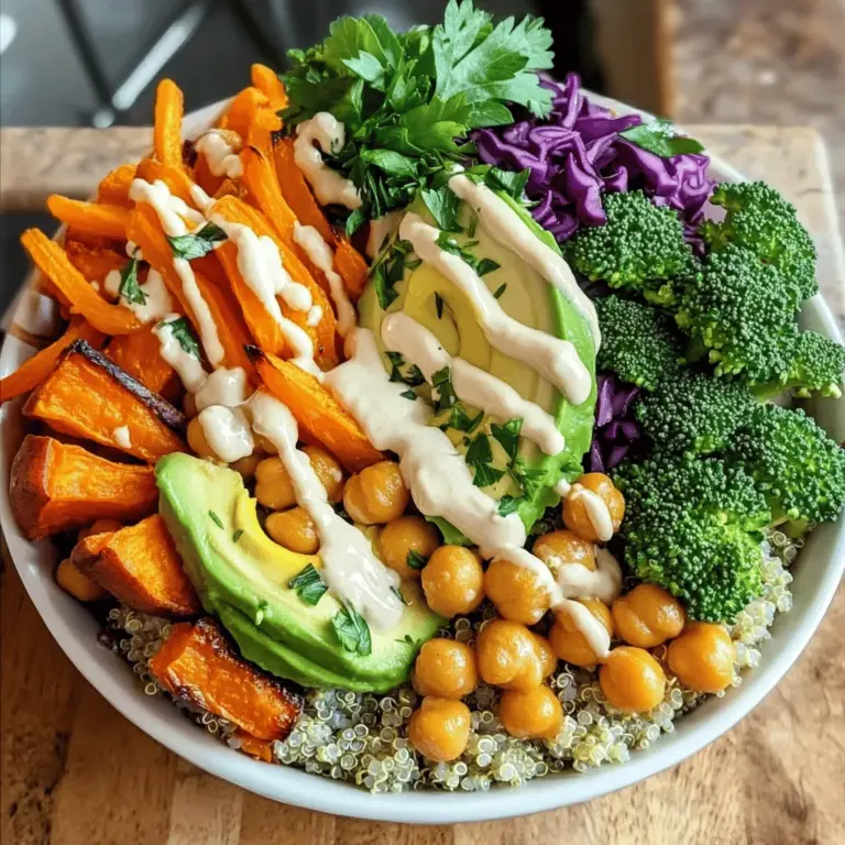 - 1 cup quinoa, rinsed - 2 cups vegetable broth - 1 medium sweet potato, diced - 1 cup chickpeas, drained and rinsed - 1 cup broccoli florets - 1 avocado, sliced - 1 carrot, julienned - 1 cup red cabbage, thinly sliced - 2 tablespoons tahini - 2 tablespoons lemon juice - 1 tablespoon maple syrup - Salt and pepper to taste - Fresh parsley for garnish The foundation of your Vegan Buddha Bowl is simple yet packed with flavor. Quinoa is a great base. It adds a nice nutty taste and is full of protein. Fresh vegetables give color and crunch. Sweet potatoes and chickpeas bring heartiness. - Additional grains like brown rice or farro - Extra toppings such as nuts or seeds - Dressing variations like balsamic or spicy sauces Feel free to mix things up! Add other grains if you like. Extra toppings can give your bowl a fun twist. Explore different dressings to match your taste. - About 400 calories per serving - Contains 15g protein, 60g carbs, 15g fat - Packed with vitamins A, C, and fiber This bowl is not just tasty; it's also healthy. The sweet potato is rich in vitamins. Broccoli offers antioxidants. Chickpeas boost protein, making it a great meal for energy. The mix of flavors and textures makes each bite exciting. If you're looking for the full recipe, check out the Colorful Vegan Buddha Bowl. First, rinse the quinoa under cold water. This helps remove any bitter taste. In a medium pot, combine the rinsed quinoa with two cups of vegetable broth. Bring this mixture to a boil. Once boiling, reduce the heat, cover, and simmer for about 15 minutes. The quinoa will absorb the broth and become fluffy. Set it aside while you prepare the other ingredients. For the sweet potatoes and chickpeas, start by preheating your oven to 400°F (200°C). Dice one medium sweet potato into small cubes. In a bowl, toss these cubes with drained chickpeas, a drizzle of olive oil, salt, and pepper. Spread them out on a baking sheet. Roast them for 20 to 25 minutes. Keep an eye on them to ensure the sweet potatoes get tender and the chickpeas become slightly crispy. This step adds a great texture and flavor to your bowl. Blanching the broccoli is key to keeping its bright green color and crunch. Start by boiling water in a small pot. Once boiling, add the broccoli florets and let them cook for 2 to 3 minutes. This quick cooking time helps preserve the nutrients. After blanching, quickly transfer the broccoli to an ice bath to stop the cooking. Drain it well, and set it aside. To make the dressing, combine tahini, fresh lemon juice, maple syrup, salt, and pepper in a small bowl. Use a whisk to mix them together. If the dressing is too thick, add a small splash of water. This will help you achieve a nice drizzling consistency. The dressing adds a creamy and tangy flavor to your bowl. Now comes the fun part—assembling your vegan Buddha bowl! Start by placing a generous scoop of quinoa at the bottom of each serving bowl. Next, layer the roasted sweet potatoes, crispy chickpeas, blanched broccoli, sliced avocado, julienned carrot, and thinly sliced red cabbage on top. Arrange each ingredient in an artistic manner for a beautiful presentation. Drizzle the tahini dressing over the top and garnish with fresh parsley. This step makes your meal not just tasty, but also a feast for the eyes. For the full recipe, check out the detailed instructions above. Enjoy your colorful creation! To make the best vegan Buddha bowl, start by choosing fresh vegetables. Look for vibrant colors and firm textures. You want veggies like sweet potatoes, broccoli, and red cabbage. These choices add flavor and crunch. Balancing flavors is key. Combine sweet, salty, and tangy elements. The sweet potato brings sweetness, while chickpeas add protein. A drizzle of tahini dressing ties it all together with creamy goodness. Batch cooking is a smart way to make meal prep easy. Cook a large pot of quinoa or rice at once. Store it in containers for later use. You can also roast extra sweet potatoes and chickpeas. For storage, keep everything in airtight containers. This helps keep your food fresh. A good rule is to eat leftovers within four days. The look of your Buddha bowl matters. Use colorful dishes to make a feast for the eyes. Bright plates enhance the food's appeal. Garnish your bowl with fresh herbs or seeds. A sprinkle of sesame seeds or parsley can add flair. This small touch makes a big difference in presentation. For more details, check out the Full Recipe. {{image_2}} When making a Vegan Buddha Bowl, you can mix it up with different grains. - Brown rice: This whole grain adds a nutty flavor. It's filling and pairs well with many toppings. - Farro or barley: These grains bring a chewy texture. They also boost nutrition with fiber and protein. You can switch up the protein in your bowl. - Tofu or tempeh: These soy products soak up flavors well. They add creaminess and heartiness to your meal. - Lentils or beans: Both options offer plant-based protein. They are also rich in fiber and keep you full longer. Using seasonal produce makes your bowl fresh and exciting. - In spring, try asparagus or peas for a pop of color. - In summer, add juicy tomatoes or zucchini. - In fall, roasted squash or kale enhances warmth and comfort. - In winter, root veggies like carrots and parsnips are great choices. Adapting the recipe throughout the year keeps meals fun and varied. Check out the Full Recipe for more ideas! Store your Vegan Buddha Bowl in an airtight container. This keeps it fresh. Refrigerate it within two hours of making it. Leftovers last up to three days in the fridge. To avoid sogginess, keep dressing separate until serving. You can freeze parts of your bowl for later use. Freeze quinoa, roasted sweet potatoes, and chickpeas separately. Use freezer-safe bags or containers. When ready to eat, thaw in the fridge overnight. Reheat quinoa in a pot, and roast veggies in the oven for crispiness. Choose glass containers for meal prep. They keep food fresh and let you see what's inside. Layer your bowl with quinoa on the bottom, then veggies, and top with avocado and dressing. This keeps everything fresh and pretty. A Vegan Buddha Bowl is a colorful meal packed with nutrients. It typically includes a base of grains, fresh veggies, and proteins. You can use quinoa, brown rice, or farro for the grain. For veggies, think of sweet potatoes, broccoli, carrots, and red cabbage. Chickpeas or tofu add protein, while a tasty dressing brings it all together. This bowl is not just food; it’s a feast for the eyes and the body. Yes! You can swap ingredients based on your taste or what's in your pantry. Try brown rice instead of quinoa. For veggies, you could use spinach, kale, or bell peppers. If you do not like chickpeas, lentils or black beans work well. For the dressing, you could use nut butter instead of tahini. The key is to keep it colorful and full of flavor. To make your Vegan Buddha Bowl gluten-free, choose grains like quinoa or rice. Avoid barley or wheat-based grains. For the dressing, ensure your tahini is gluten-free. You can also make a simple lemon and olive oil dressing. Always check labels for hidden gluten in pre-made sauces or dressings. Making a Vegan Buddha Bowl takes about 50 minutes. Here’s the breakdown: - Prep Time: 15 minutes - Cooking Time: 35 minutes Cooking the quinoa and roasting the veggies can happen at the same time. This makes the process faster and easier. A Vegan Buddha Bowl is full of health benefits. It offers a good mix of fiber, protein, and vitamins. Here are some benefits: - High in Fiber: Quinoa, veggies, and legumes help with digestion. - Rich in Nutrients: Each ingredient brings its own vitamins and minerals. - Plant-Based Protein: Chickpeas and quinoa provide protein without meat. - Healthy Fats: Avocado and tahini add healthy fats for heart health. Eating this bowl can help improve your health while tasting great. For a full recipe, check out the Colorful Vegan Buddha Bowl. In this article, we explored how to create a Vegan Buddha Bowl. We discussed essential ingredients like quinoa, fresh vegetables, and protein sources. You learned how to customize your bowl with various grains, toppings, and dressings. We also shared tips for perfecting flavors, making meal prep easier, and storing leftovers. In the end, a Vegan Buddha Bowl is versatile and nutritious. You can have fun with it. Enjoy experimenting with colors and flavors to make each bowl unique!
