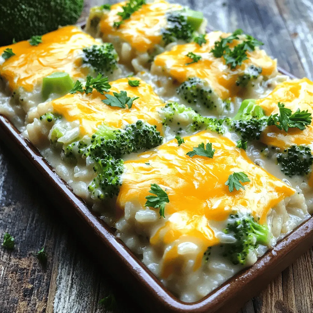 - 2 cups uncooked rice (white or brown) - 4 cups fresh broccoli florets - 1 cup shredded sharp cheddar cheese - 1 cup cream of mushroom soup (or homemade) - 1 cup vegetable broth - 1/2 cup onions, finely chopped - 2 cloves garlic, minced - 1 teaspoon garlic powder - 1 teaspoon onion powder - 1 teaspoon paprika - Salt and pepper to taste - 1/2 cup breadcrumbs (optional for topping) - 2 tablespoons olive oil Each ingredient plays a big role in the dish. The rice serves as the base, soaking up flavors. Broccoli adds color and nutrition, while cheese gives that creamy, rich taste. Cream of mushroom soup binds it all together and adds depth. Onions and garlic bring a fragrant kick, making each bite enjoyable. The spices like garlic powder, onion powder, and paprika enhance the flavors, while salt and pepper balance everything out. If you choose to add breadcrumbs, they create a crunchy topping that contrasts well with the creamy texture. To add more flavor or adjust for diets, consider these suggestions: - Spices: Try adding nutmeg for warmth or cayenne for a kick. - Herbs: Fresh parsley or thyme can brighten the dish. - Protein: Add cooked chicken or tofu for extra heartiness. For dietary needs, here are some easy swaps: - Gluten-free: Use gluten-free breadcrumbs or skip them entirely. - Dairy-free: Substitute cheese with a plant-based cheese or nutritional yeast. - Soup alternatives: Use a homemade cream sauce or a different canned soup for variety. These options let you customize the casserole to fit your taste and needs while keeping it delicious. For the complete recipe, check out the Full Recipe. To start, you need to prep your broccoli and rice. Here are some tips to make it easy: - Broccoli: Wash the florets under cold water. Cut them into bite-sized pieces for even cooking. - Rice: Rinse the uncooked rice until the water is clear. This removes extra starch. For best flavor, cook the rice in vegetable broth instead of water. For cooking techniques, I recommend using a skillet to sauté the onions and garlic. This method brings out their flavors and adds a nice base to your dish. Cook them until they are soft and fragrant, about 3-4 minutes. Now, let's combine our ingredients step by step: 1. Preheat the oven to 350°F (175°C). 2. Cook the rice: Follow the package instructions, but use vegetable broth for more flavor. 3. Sauté onions and garlic: In a large skillet, heat 2 tablespoons of olive oil over medium heat. Add the chopped onions and minced garlic. Cook them for 3-4 minutes until soft. 4. Add broccoli: Toss in the broccoli florets. Cook for another 4-5 minutes. They should look bright green and slightly tender. 5. Mix everything: In a big bowl, combine the cooked rice, sautéed broccoli, cream of mushroom soup, half of the cheddar cheese, garlic powder, onion powder, paprika, salt, and pepper. Stir well to coat all the ingredients evenly. 6. Transfer to baking dish: Pour the mixture into a greased 9x13-inch baking dish. 7. Top it off: Sprinkle the remaining cheddar cheese on top. If you like crunch, add breadcrumbs as well. 8. Bake the casserole: Cover the dish with aluminum foil and bake for 25 minutes. After that, remove the foil and bake for another 10-15 minutes. You want the cheese to be bubbly and slightly golden. 9. Cool and serve: Take it out of the oven and let it cool a bit. This makes it easier to cut and serve. This easy, cheesy broccoli and rice casserole is comfort food at its best! To make your casserole just right, adjust the cooking time as needed. If you like it creamier, bake it a bit less. For a crispier top, leave it in longer. This way, you can find your perfect balance of texture. Choosing rice is also key. I recommend using long-grain white rice for fluffiness. Brown rice works too, but it may take longer to cook. Always check the package for the right water ratio. Using vegetable broth instead of water adds nice flavor. Pair your casserole with simple side dishes. A fresh salad or garlic bread complements it well. For a heartier meal, add grilled chicken or a protein of your choice. For a lovely presentation, serve the casserole in squares. Garnish with fresh parsley or chives. This adds color and makes your dish pop. Enjoy it warm for the best experience! {{image_2}} You can easily change the flavor of your cheesy broccoli and rice casserole. Want to add some protein? Try cooked chicken or tofu. Just chop them into bite-sized pieces and mix them in. This adds heartiness and makes it a full meal. If you prefer vegetarian or vegan options, use plant-based cheese or omit cheese altogether. You can also swap cream of mushroom soup for a vegan version made with cashew cream or coconut milk. This keeps your dish creamy and rich. You have options for how your casserole turns out. For a creamy version, mix in more soup and less cheese. This gives it a smooth, rich taste. If you want a cheesy crisp version, add more cheese on top and sprinkle breadcrumbs. This creates a nice golden crust. You can also customize ingredients based on what's in season. In the spring, try asparagus or peas. In the fall, add butternut squash or sweet potatoes. These changes can keep your casserole fresh and exciting. For the full recipe, check out the recipe card above. To store your cheesy broccoli and rice casserole, let it cool first. After it cools, put it in an airtight container. You can keep it in the fridge for up to three days. If you want to save it longer, freeze it for up to three months. Just make sure to label it with the date. To reheat, you have a few options. You can use the oven, microwave, or stovetop. For the oven, preheat it to 350°F (175°C). Place the casserole in a dish and cover it with foil. Heat for about 20 minutes. If using a microwave, heat in short bursts to avoid hot spots. Stir it between intervals for even heating. To keep the casserole moist, you can add a splash of broth before reheating. This helps prevent drying out and keeps it creamy. Enjoy your comforting casserole warm! You can use several things instead of cream of mushroom soup. One option is to make a homemade version. Just mix 1 cup of milk, 2 tablespoons of butter, and 2 tablespoons of flour. Add some spices like garlic and onion powder for extra flavor. You can also use other canned soups, like cream of chicken or cream of celery. These options can add a new twist to your casserole. Yes, you can prepare this casserole ahead of time. Just follow the recipe until you are ready to bake it. After mixing the ingredients, cover the dish with foil and store it in the fridge. It can stay fresh for up to two days. When you're ready to bake, just add a few extra minutes to the cooking time. Look for a few signs to tell when your casserole is done. The cheese should be bubbly and slightly golden on top. You can also insert a fork in the center. If it comes out hot and clean, your casserole is ready to serve. Let it cool for a few minutes before you dig in. Yes, frozen broccoli works well in this recipe. It is quick and easy. Just make sure to thaw and drain any excess water. You should not need to cook it before adding it to your mix. This saves time and still gives you that nice cheesy flavor in your casserole. You learned how to make a delicious Cheesy Broccoli and Rice Casserole. We covered key ingredients, cooking steps, and helpful tips. You can adjust the recipe to match your tastes and diet. Whether you use fresh or frozen broccoli, the choice is yours. Try different proteins or styles for variety. Store and reheat leftovers for later enjoyment. This dish is easy to make and great for sharing. Enjoy the cozy flavors and make it your own!