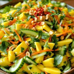 Fresh ingredients make this salad bright and tasty. Here’s what you need: - Ripe mangoes - Cucumber - Red bell pepper - Carrots - Fresh cilantro - Fresh mint leaves - Lime juice - Fish sauce (or soy sauce) - Agave syrup (or honey) - Salt and chili - Roasted peanuts - Additional herbs - Lime wedges The ripe mangoes give a sweet and juicy flavor. Use firm, yellow mangoes for the best taste. The cucumber adds crunch, while the red bell pepper brings sweetness. Shredded carrots add color and nutrients. Fresh cilantro and mint make the salad fragrant. For the dressing, lime juice gives a zesty kick. Fish sauce adds depth, but soy sauce works for a vegetarian dish. Agave syrup or honey balances the tartness. Adjust salt and chili to your liking. Roasted peanuts add a nice crunch. Extra herbs and lime wedges make great garnishes. You can find the full recipe in the article. Start by preparing your fresh produce. You will need to julienne the mangoes, cucumber, and red bell pepper. This means cutting them into thin strips. Next, shred the carrots using a grater or a food processor. Once you finish, place all the cut ingredients in a large mixing bowl. This step keeps everything ready for the next phases. Now it’s time to make the dressing. In a small bowl, whisk together the lime juice, fish sauce, agave syrup, and a pinch of salt. Mix until the ingredients blend well. This dressing adds a bright and zesty flavor to the salad. You can adjust the salt to suit your taste. Pour the dressing over the fresh produce in the mixing bowl. Toss everything gently to ensure the dressing coats each piece well. Next, add the chopped cilantro, mint leaves, and sliced red chili to the salad. Toss again lightly. This ensures the herbs and chili mix in without breaking apart. Finally, transfer the salad to a serving platter. Sprinkle the chopped roasted peanuts on top for a crunchy finish. For an extra touch, you can add lime wedges or more herbs as a garnish. Remember, you can find the full recipe for this delightful dish to reference as you cook. Enjoy this fresh and zesty Thai mango salad! Choosing ripe mangoes Pick mangoes that feel soft but not mushy. A ripe mango has a sweet smell. The skin should have a mix of green and yellow. This shows it has ripened well. Freshness of herbs Use fresh cilantro and mint. They add bright flavors. Choose herbs with vibrant colors and no wilting. Fresh herbs make the dish pop. Adjusting sweetness and saltiness Taste the dressing as you mix it. If it's too sweet, add more lime juice. If it’s too salty, add a touch of agave syrup. You want a good balance. Vegan alternatives For a vegan salad, swap fish sauce for soy sauce. This keeps the umami flavor. Use agave syrup instead of honey for sweetness. How to serve beautifully Serve your salad in a large, colorful bowl. This makes the vibrant colors stand out. Layer the ingredients so each one is visible. Garnishing tips Top the salad with roasted peanuts for crunch. Add extra herbs for color. Lime wedges also look great on the side. This makes your dish look inviting and fresh. For the full recipe, check out Tropical Thai Mango Tango 🥭. {{image_2}} You can easily add proteins to your Thai mango salad. Grilled chicken or shrimp will boost flavor and make it heartier. Just slice them thinly and toss them in. For a vegetarian option, use tofu. Press it to remove moisture, then grill or pan-sear it for a nice texture. Adding proteins makes the salad more filling. You can swap out some vegetables if you like. Bell peppers and zucchini also work well. They add a crunchy texture and fresh taste. For dressings, try peanut sauce instead of the lime dressing. It adds a rich flavor that pairs well with the mango. You can mix and match ingredients based on what you have at home. Thai mango salad has different styles. Southern Thai versions often include seafood and fresh herbs. Northern Thai styles may use more roasted nuts and spices. Adding specific herbs, like lemongrass or Thai basil, can give your salad a regional flair. Each twist brings new flavors and makes the dish unique. To keep your Thai Mango Salad fresh, use airtight containers. This will stop air from spoiling your ingredients. Store the salad in the fridge right after making it. You can also keep each ingredient in separate containers. This way, they last longer. Assembled salad lasts about 1 to 2 days in the fridge. It tastes best when fresh. If you store ingredients separately, they can last longer. For example, mangoes and cucumbers stay fresh for about 3 to 5 days. Herbs like cilantro and mint usually last about 1 week. You should not freeze the Thai Mango Salad. Freezing changes the texture of fresh ingredients. However, you can freeze individual parts. For example, mangoes can be frozen in chunks. Just remember to use them quickly for the best taste. Thai mango salad pairs well with grilled meats, seafood, or spring rolls. The fresh flavors balance rich dishes. You can enjoy it alongside fried rice or noodles. This salad adds a zesty touch to any meal. It also works well as a light, standalone dish. You can prepare this salad in advance. Just keep the dressing separate until serving. Chop the mangoes, cucumber, and bell peppers early. Shredding carrots also saves time. Store everything in airtight containers. This way, your salad stays fresh and crisp. The spice level can vary based on your taste. The red chili adds heat, but you can adjust it. If you like mild dishes, use less chili or omit it. For more spice, add extra chili slices. This salad can cater to anyone’s spice preference. This blog post covered making a fresh and tasty Thai Mango Salad. We explored the key ingredients like ripe mangoes, cucumbers, and vibrant herbs. I shared easy steps to prepare and combine everything with a zesty dressing. You learned tips for ingredient selection and creative storage ideas. Remember, you can customize this salad with proteins or different veggies. Enjoy experimenting with flavors to make it your own! Now, go ahead and bring this delightful dish to your table.