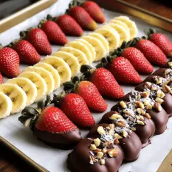For chocolate dipped fruit, you need fresh and tasty options. My top picks are: - 2 cups fresh strawberries, washed and dried - 2 bananas, cut into thick slices - 1 cup pineapple chunks These fruits are sweet and juicy. They pair well with chocolate. You can also try other fruits like apples or oranges. Choosing the right chocolate makes a big difference. I recommend: - 1 cup dark chocolate chips (or semi-sweet) Dark chocolate adds a rich flavor. Semi-sweet chocolate is a good choice too. If you want a twist, use white chocolate. You can make your dessert even more fun with extras. Here are my favorites: - 1 tablespoon coconut oil (optional, for smooth melting) - 1/4 cup chopped nuts (almonds or walnuts, optional) - 1/4 cup shredded coconut (optional, for garnish) Coconut oil helps the chocolate melt smoothly. Nuts add crunch, while shredded coconut gives a tropical feel. You can find more ideas in the Full Recipe. Start by washing your fruit. Use 2 cups of fresh strawberries, 2 bananas, and 1 cup of pineapple chunks. Make sure to dry them well. Water can ruin the chocolate. Cut the bananas into thick slices. This way, they hold more chocolate. Place all the fruit on a plate. Next, it’s time to melt the chocolate. Grab 1 cup of dark chocolate chips. You can also use semi-sweet chips if you like. Place them in a microwave-safe bowl. If you want, add 1 tablespoon of coconut oil. The oil helps the chocolate melt smooth. Microwave for 30 seconds at a time. Stir after each interval. Keep going until the chocolate is melted and smooth. Now comes the fun part! Dip each piece of fruit into the melted chocolate. Let any extra chocolate drip off. Place the dipped fruit on a baking sheet lined with parchment paper. If you want, sprinkle chopped nuts or shredded coconut on top. This adds flavor and crunch. Once all the fruit is dipped, chill the baking sheet in the fridge for 30 minutes. This helps the chocolate set. Now your tasty treat is ready to enjoy! For the full recipe, check out the link. For chocolate-dipped fruit, I prefer dark chocolate because of its rich flavor. Choose chocolate that is at least 60% cocoa. This gives a nice balance of sweetness and bitterness. You can also use semi-sweet chocolate if you like it sweeter. Always buy high-quality chocolate for the best taste. If you want a fun twist, white chocolate works too. Chocolate can seize when it gets too hot or when water touches it. To avoid this, always use a dry bowl and utensils. If you add coconut oil, it helps keep the chocolate smooth. Melt the chocolate gently, in short bursts in the microwave. Stir often to check the texture. If you see any lumps, don’t panic. Just keep stirring until it’s smooth. For the best results, make sure your fruit is dry. Water can ruin the chocolate coating. Dip the fruit quickly into the melted chocolate and let the excess drip off. It’s okay if it’s not perfect. You can always fix it with toppings. If you want a crunchy texture, sprinkle chopped nuts or shredded coconut right after dipping. This makes each bite even more delicious. For more details on making this treat, check the Full Recipe. {{image_2}} You can use many fruits for chocolate dipping. Fresh strawberries are a classic. Their sweet and juicy flavor pairs well with chocolate. Bananas add a creamy texture. Pineapple chunks bring a tropical twist. You can also try grapes, apples, or orange segments. Each fruit offers a unique taste. Mix and match your favorites for a colorful treat. While dark chocolate is popular, you can try other flavors. Milk chocolate is sweeter and creamy. White chocolate adds a rich, buttery taste. You can also use flavored chocolates, like mint or raspberry. For a fun twist, add a pinch of sea salt to enhance the flavor. Experimenting with different types can surprise your taste buds. Toppings make chocolate-dipped fruit even more fun. You can sprinkle chopped nuts for a crunchy texture. Shredded coconut adds a chewy, tropical feel. Try crushed cookies for a sweet crunch. You could also use colorful sprinkles for a festive look. Drizzling extra melted chocolate on top is a great finishing touch. Each topping adds a new layer of flavor and texture. To keep your chocolate dipped fruit fresh, use a sealed container. Place parchment paper between layers to prevent sticking. Store it in the fridge. This helps maintain the chocolate's texture and the fruit's flavor. Always eat the fruit within three days for the best taste. After that, the fruit may get soggy. Store in the coldest part of the fridge. This will help keep it crisp and delicious. Avoid leaving it at room temperature for too long. If you have leftovers, freezing is a great option. Place the chocolate dipped fruit on a baking sheet first. Freeze them for about an hour. After they are frozen, transfer them to a freezer bag. This way, you can enjoy them later. Just remember, the texture may change when thawed. For best results, eat them straight from the freezer. Chocolate-dipped fruit lasts about 2 to 3 days in the fridge. It is best to eat it fresh. After a few days, the fruit may get soggy. The chocolate may also lose its shine. To keep it fresh, store in an airtight container. Yes, you can use white chocolate! It gives a sweet taste that pairs well with fruit. Melt it just like dark chocolate. Use the same method to dip your fruit. White chocolate also adds a fun look to your treats. Chocolate-dipped fruit offers some health benefits. Fresh fruit is full of vitamins and fiber. Dark chocolate can be good for your heart. It also contains antioxidants. Enjoying this treat can satisfy sweet cravings while adding nutrition. You can find pre-made chocolate-dipped fruit at some grocery stores. Look in the bakery or frozen section. Many stores sell them in packs. You can also find them at specialty shops. For a more unique flavor, check local farmers' markets. This blog post guided you through crafting tasty chocolate-dipped fruit. We explored fresh fruit choices and various chocolate options. You learned to prepare, melt, and dip your fruit, ensuring great results. Tips helped you pick the best chocolate and avoid common mistakes. Variations showed fun ways to mix flavors and toppings. We discussed storage for keeping your treats fresh. Now, you can enjoy this fun treat anytime!