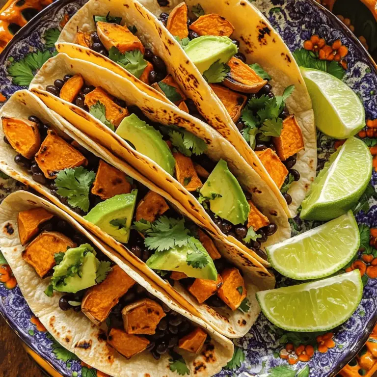 - 2 medium sweet potatoes, peeled and diced - 1 can (15 oz) black beans, rinsed and drained - 1 tablespoon olive oil - 1 teaspoon ground cumin - 1 teaspoon smoked paprika - 1/2 teaspoon chili powder - Salt and pepper to taste - 8 small corn tortillas - 1 avocado, sliced - 1/2 cup fresh cilantro, chopped - 1 lime, cut into wedges These ingredients bring together a blend of tastes and textures. The sweet potatoes add a creamy base, while black beans provide protein and fiber. Olive oil and spices make the dish pop with flavor. Corn tortillas hold everything together and add a nice crunch. - Diced red onion - Feta cheese - Hot sauce Adding fresh ingredients like red onion or feta cheese can brighten up the tacos. A drizzle of hot sauce adds spice if you like heat. Feel free to mix and match to create your perfect topping. - Calories: About 350 per serving - Protein: 12g - Carbohydrates: 60g - Fiber: 15g This meal packs a good amount of fiber and protein, helping you feel full longer. The sweet potatoes bring in vitamins A and C, while black beans add iron and magnesium. It’s a balanced meal that tastes great and fuels your body. For the complete recipe, check out [Full Recipe]. To make these tacos, start with the sweet potatoes. First, peel and dice them into small cubes. Aim for about half an inch for even cooking. Next, you’ll want to rinse the black beans. Open the can and drain the beans. Then, put them in a strainer and rinse under cold water. This step helps remove excess sodium and improves flavor. Preheat your oven to 425°F (220°C). This temperature helps caramelize the sweet potatoes nicely. Spread the diced sweet potatoes on a lined baking sheet. Roast them for about 25 to 30 minutes. Stir them halfway through for even cooking. While the sweet potatoes are in the oven, heat a small saucepan over medium heat. Add the rinsed black beans and warm them for about 5 minutes. Stir occasionally, and season them with a bit of salt and pepper. To prepare the tortillas, heat a separate pan over medium heat. Toast the corn tortillas for about 30 seconds on each side. This step makes them warm and pliable. Now, it’s time to layer your tacos. Start with a spoonful of roasted sweet potatoes on each tortilla. Next, add a generous spoonful of warm black beans. Top with sliced avocado, chopped cilantro, and any optional toppings you like. Serve your tacos with lime wedges on the side for a burst of flavor. For the full recipe, check out the link above. To make sweet potatoes tender and caramelized, cut them into small, even pieces. This helps them cook uniformly. Toss the sweet potatoes with olive oil and spices before roasting. Roast them at 425°F (220°C) for 25-30 minutes. Stir them halfway through to get that nice caramelization on all sides. For warming tortillas, use a dry skillet. Heat each tortilla for about 30 seconds on each side. This method makes them soft and pliable, perfect for holding all the tasty fillings. You can also wrap them in a clean kitchen towel to keep them warm. To boost flavor, try adding spices like cayenne pepper or garlic powder. These will add a nice kick to your tacos. You can also mix in lime juice with the black beans. This adds a zesty touch that pairs well with the sweet potatoes. For toppings, think outside the box! Diced red onion adds crunch, while feta cheese brings creaminess. Hot sauce can add heat, so keep it handy for those who love spice. Fresh cilantro enhances the dish with its bright flavor. Avoid overcooking sweet potatoes, as they can turn mushy. Check them at the 25-minute mark to ensure they still hold their shape. Undercooking can also be a problem. If they are too firm, they won’t blend well with the beans and toppings. When using tortillas, don’t skip the warming step. Cold or stiff tortillas can break easily. If you have leftovers, store them separately from the filling to keep everything fresh. {{image_2}} You can easily make these tacos vegan and gluten-free. Use corn tortillas, which are naturally gluten-free. For a vegan twist, skip any cheese and go heavy on the avocado. If you want to add protein, consider using lentils or quinoa instead of black beans. Both options work well and keep the dish plant-based. Feel free to mix up the flavors! You can add bell peppers, zucchini, or corn for extra crunch. For spice lovers, add jalapeños or chipotle peppers to kick up the heat. You can also change the spices. Try adding oregano or coriander for a fresh taste. Each change brings a new twist to your tacos. If you have leftovers, don't worry! You can use them in other dishes. Try making a sweet potato and black bean salad. Just toss the leftovers with some greens and a zesty dressing. You could also make a quesadilla using the same filling. Heat tortillas with cheese and the sweet potato mix for a quick meal. Check out the full recipe for more ideas! To keep your Sweet Potato Black Bean Tacos fresh, store leftovers in the fridge. Use an airtight container to keep them safe. Make sure the tacos are cool before sealing the container. This helps to avoid soggy tortillas. When you want to enjoy your leftovers, reheat them carefully. You can use the oven or a skillet. For the oven, preheat it to 350°F (175°C). Place the tacos on a baking sheet and heat for about 10 minutes. If using a skillet, warm each taco on medium heat for about 3 minutes on each side. This keeps the tortillas crispy. If you want to save some for later, consider freezing the components. You can freeze the roasted sweet potatoes and black beans in separate containers. Make sure to let them cool completely before freezing. To thaw, move them to the fridge overnight. Then, reheat as described above for a tasty meal. To make sweet potatoes tasty for tacos, roasting is best. Start by peeling and dicing the sweet potatoes into small cubes. This helps them cook evenly. Toss them with olive oil and spices like cumin and smoked paprika for flavor. Spread the cubes on a baking sheet. Roast in a hot oven at 425°F (220°C) for 25-30 minutes. Stir them halfway through to get a nice caramel color. This method makes sweet potatoes soft and sweet, perfect for tacos. Yes, you can prep these tacos in advance! Cook the sweet potatoes and black beans ahead of time. Once cooked, store them in separate containers in the fridge. You can also warm the tortillas ahead and keep them in a towel to stay soft. For the best taste, assemble the tacos just before you eat. This way, the tortillas stay crisp, and the toppings stay fresh. These tacos pair well with many sides. Here are some tasty ideas: - Mexican rice: Fluffy and flavorful, it balances the meal. - Fresh salad: A light salad adds crunch and freshness. - Guacamole or salsa: These dips add zest and creaminess. - Corn on the cob: Sweet corn complements the flavors nicely. - Chips and salsa: A fun snack that everyone loves. For the full recipe, you can check out the Sweet Potato Black Bean Tacos . In this post, we explored how to make Sweet Potato Black Bean Tacos. We covered the key ingredients and optional toppings, along with step-by-step instructions for preparation and cooking. I shared cooking tips for the best results and variations to suit different diets. Lastly, we discussed storage options and answered common questions. These tacos offer a tasty, healthy meal. Adjust flavors and toppings to fit your taste. Enjoy trying this recipe and have fun in the kitchen!