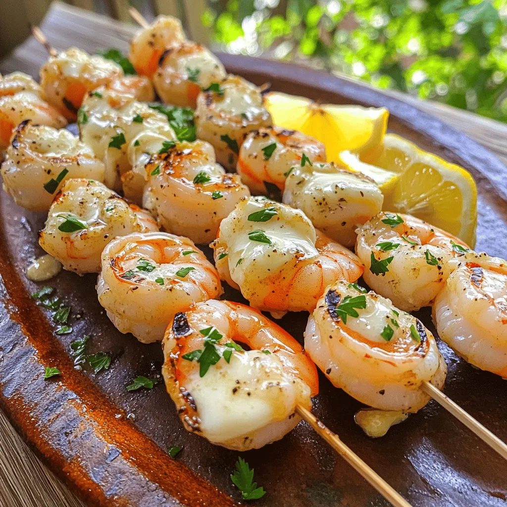 - 1 pound large shrimp, peeled and deveined - 4 tablespoons unsalted butter, melted - 4 cloves garlic, minced - 1 tablespoon fresh lemon juice - 1 teaspoon smoked paprika - 1 teaspoon dried oregano - Salt and pepper to taste - Fresh parsley, chopped (for garnish) - Skewers (metal or soaked bamboo) - Additional spices for flavor variations - Vegetable accompaniments for skewers Gathering the right ingredients makes this dish shine. For the shrimp, I prefer large ones. They cook quickly and stay juicy. The butter adds richness, while garlic brings a bold taste. Don’t skip the lemon juice! It brightens the shrimp and cuts through the fat. Smoked paprika gives a nice depth and warmth. Oregano adds an earthy note. Salt and pepper will enhance all the flavors. Finally, fresh parsley not only adds color but also freshness to each bite. If you want to get creative, consider extra spices. A pinch of cayenne or chili powder can add heat. You can also add vegetables like bell peppers or zucchini to your skewers. They grill beautifully and make the dish more colorful. For the best results, use high-quality shrimp and fresh herbs. This recipe is simple, yet it offers a burst of flavor. Check the Full Recipe to dive deeper into the cooking process. - Prepare the shrimp: Start with 1 pound of large shrimp. Make sure they are peeled and deveined. This step is key for a smooth cooking process. - Make the garlic butter sauce: In a bowl, mix 4 tablespoons of melted butter, 4 minced garlic cloves, 1 tablespoon of fresh lemon juice, 1 teaspoon of smoked paprika, 1 teaspoon of dried oregano, salt, and pepper. Stir well until all ingredients blend together. - Marinate the shrimp: Pour the garlic butter sauce over the shrimp. Toss the shrimp to coat them evenly. Cover the bowl and place it in the fridge for 15 to 30 minutes. This helps the shrimp absorb the flavors. - Skewer the shrimp: Preheat your grill or grill pan to medium-high heat. Thread the marinated shrimp onto skewers, placing them close together but not too tight. Make sure they fit well without overcrowding. - Grill the skewers: Put the skewers on the grill. Cook them for 2 to 3 minutes on each side. The shrimp should turn pink and opaque. Avoid overcooking them, as this can make them rubbery. - Garnish and serve suggestions: After grilling, take the skewers off the grill. Sprinkle fresh chopped parsley on top to add color and flavor. Serve the skewers on a platter with lemon wedges for a zesty touch. Pair them with a fresh green salad or grilled veggies for a complete meal. For the full recipe, check the details above! To avoid overcooking shrimp, keep a close watch while grilling. Cook them just until pink and opaque, about 2-3 minutes on each side. If they curl tightly, they are likely overdone. For best marinating, use a mix of melted butter, minced garlic, and spices. Let the shrimp soak in this mixture for 15-30 minutes. This step lets the shrimp absorb all those lovely flavors. When skewering, place shrimp close but not crowded. This space allows even cooking and prevents sticking. Aim for about 1/2 inch between each shrimp. Bamboo skewers need soaking in water for 30 minutes. This helps prevent burning on the grill. Metal skewers are great too and can be reused for many meals. Choose what works best for you! For the full recipe, check out the detailed steps above. Enjoy your cooking! {{image_2}} You can easily change the flavor of garlic butter shrimp skewers. Try adding different seasonings or herbs. For a spicy kick, mix in some red pepper flakes. If you love fresh herbs, add basil or cilantro for a bright taste. Want to switch up the protein? Shrimp is great, but chicken or tofu works too. Just cut them into bite-sized pieces. Marinate them the same way. They soak up the garlic butter sauce well and taste amazing on skewers. You can cook shrimp skewers in different ways. If you prefer oven-baked skewers, preheat your oven to 400°F (200°C). Place the skewers on a baking sheet lined with foil. Bake for about 8-10 minutes. This method gives you tender shrimp with a lovely garlic butter flavor. If you own an air fryer, it's easy to make garlic butter shrimp skewers there too. Set your air fryer to 380°F (193°C). Cook the skewers for about 6-8 minutes. You’ll get a nice crisp on the outside and juicy shrimp inside. This method is fast and still gives great taste! To keep your garlic butter shrimp skewers fresh, store them correctly. First, let them cool down to room temperature. Place the skewers in an airtight container. You can also wrap them tightly in plastic wrap or aluminum foil. Store them in the fridge for up to three days. If you want to keep them longer, freeze them. Use freezer-safe bags or containers. Be sure to remove as much air as possible before sealing. This helps prevent freezer burn and keeps the shrimp tasty. When you're ready to enjoy the leftovers, reheating is key. The best method is to use a skillet. Heat it over medium heat, then add a bit of oil or butter. Place the skewers in the pan. Cook for about 2-3 minutes on each side. This ensures the shrimp stays juicy and does not dry out. Alternatively, you can reheat in the oven. Set it to 350°F (175°C) and place the skewers on a baking sheet. Heat for about 10 minutes, or until warmed through. Avoid using the microwave, as it can make the shrimp rubbery. Enjoy your garlic butter shrimp skewers just like you did when they were fresh! How long should I marinate shrimp? I recommend marinating the shrimp for 15 to 30 minutes. This allows the shrimp to soak up the garlic butter flavor. If you marinate too long, they can become mushy. Can I use frozen shrimp for this recipe? Yes, you can use frozen shrimp. Just make sure to thaw them completely before cooking. Place them in cold water for quick thawing, then dry them well. What side dishes pair well with garlic butter shrimp skewers? Garlic butter shrimp skewers go well with fresh green salads, grilled veggies, or rice. You can also add some crusty bread to soak up the garlic butter sauce. How do I know when the shrimp are done cooking? Shrimp are done when they turn pink and opaque. This usually takes about 2 to 3 minutes per side on the grill. Be careful not to overcook them, or they will get tough. Is it possible to make this recipe ahead of time? You can prepare the shrimp and garlic butter sauce ahead of time. Just marinate the shrimp and store it in the fridge. Cook them when you are ready to serve. Check out the Full Recipe for more details. You learned how to make garlic butter shrimp skewers. I covered the ingredients, steps, and tips. You can customize with different spices or cooking methods. Remember, marinating and proper cooking keeps shrimp juicy. These skewers make a great meal or snack. Enjoy trying out the recipe. Your friends and family will love it too!