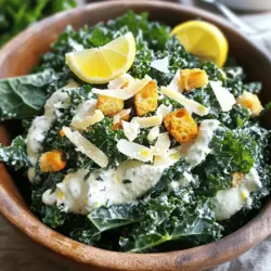 For this Kale Caesar Salad, start with fresh kale. Use one large bunch of kale, stemmed and chopped. Choose kale that is bright green and crisp. This adds a fresh crunch to your salad. The kale is the star of the dish. It holds up well against the dressing and toppings. Now, let’s talk about the dressing. You will need: - 1/4 cup plain Greek yogurt - 2 tablespoons lemon juice - 2 teaspoons Dijon mustard - 1 clove garlic, minced - 1 tablespoon olive oil - Salt and pepper to taste This dressing brings a creamy texture and tangy flavor. The Greek yogurt replaces heavy cream and adds protein. Lemon juice brightens the taste. Dijon mustard provides a nice kick. To make your salad even more special, consider some add-ins. You can add: - 1 cup croutons (store-bought or homemade) - 1/2 cup grated Parmesan cheese Croutons add a delightful crunch, while Parmesan gives a rich, salty flavor. Feel free to mix and match to suit your taste. You can also throw in some sliced cherry tomatoes or roasted chickpeas for extra color and nutrients. This Kale Caesar Salad is flexible and fun! For the complete recipe, check out the Full Recipe. Start by washing the kale well. This removes any dirt and grit. Next, remove the tough stems. You can take these off easily by pulling the leaves away. Tear the leaves into bite-sized pieces. Place the chopped kale in a large mixing bowl. Add a pinch of salt to the kale. Now, massage the leaves gently for about 2-3 minutes. This step makes the kale soft and tasty. In a different bowl, you will create the dressing. Start by adding plain Greek yogurt, lemon juice, Dijon mustard, minced garlic, and olive oil into the bowl. Whisk these ingredients together until they blend smoothly. This dressing will be creamy and flavorful. Once mixed, season the dressing with salt and pepper to taste. Adjust the seasoning to your liking. Pour the dressing over the prepared kale. Toss the kale well to coat every leaf with the dressing. Then, add the croutons and grated Parmesan cheese to the salad. Toss gently again to mix in these last ingredients. This adds crunch and richness to the salad. If you want, taste the salad and adjust the seasoning. Let the salad sit for about 5 minutes. This allows the flavors to blend nicely. Now, you have a fresh and healthy dish ready to enjoy! For the complete details, check the Full Recipe. To make kale taste better, you should massage it. This means you rub the leaves with your hands. Start by adding a pinch of salt to the chopped kale. Then, take a few leaves and squeeze them gently for about 2-3 minutes. This breaks down the tough fibers. It also makes the kale softer and more flavorful. You will notice a big difference in taste! Croutons add crunch to your salad. You can use store-bought croutons for ease. However, homemade croutons taste amazing! To make your own, use stale bread. Cut it into cubes and toss with olive oil and spices. Bake them until golden and crispy. They will elevate your salad's texture and flavor. The dressing can be adjusted to your liking. If you want it creamier, add more Greek yogurt. For a tangy taste, squeeze in extra lemon juice. Don't forget to season with salt and pepper. Taste as you go! This way, you create a dressing that fits your taste perfectly. You can find the full recipe for the salad to guide you through these steps. {{image_2}} You can make your Kale Caesar Salad more filling by adding protein. Grilled chicken or shrimp work great. You can also use chickpeas for a plant-based option. Simply roast chickpeas with olive oil and spices for crunch. Adding hard-boiled eggs gives you extra flavor and nutrition, too. While the classic dressing is tasty, you can switch it up. Try using tahini for a nutty taste. You could also mix avocado for a creamy texture. If you want a spicy kick, add sriracha or hot sauce to the dressing. This keeps your salad exciting and fresh every time you make it. Change your salad with seasonal ingredients for variety. In spring, add fresh peas or radishes for crunch. Summer brings ripe tomatoes, making your salad juicy. In fall, roasted butternut squash adds sweetness. Winter calls for slices of apples or pears, giving a crisp bite. These ingredients make your salad vibrant and full of flavor. For the full recipe, check out the details above. To keep your Kale Caesar Salad fresh, store any leftovers in an airtight container. Use a container that fits snugly to limit air exposure. This helps the salad stay crisp and tasty. If you have leftover dressing, store it separately. This keeps the croutons from getting soggy. The salad stays good for about 2-3 days in the fridge. To keep kale fresh, wrap it in a damp paper towel. Place it in a sealed bag in the fridge. This keeps the leaves hydrated but not too wet. Store croutons in a cool, dry place in an airtight container. This keeps them crunchy. Cheese should stay in its original packaging or in a sealed container to prevent drying out. You should not reheat a Kale Caesar Salad. The salad is best served cold. If you have warm elements, like grilled chicken, heat them separately. Add them to the salad just before serving. This keeps the salad fresh and vibrant. For more tips, check out the Full Recipe for ideas! Yes, you can use other greens like romaine or spinach. These greens have a mild taste. They will give you a different texture but still remain fresh. However, kale adds a nice crunch and health benefits. Kale Caesar Salad can last about 3 days in the fridge. Store it in an airtight container. The salad might lose some crunch after a day. It’s best eaten fresh. Yes, you can make this salad vegan. Replace Parmesan cheese with nutritional yeast. Use a dairy-free yogurt for the dressing. This keeps the salad tasty and creamy without the dairy. You still enjoy the flavors with these swaps. For the dressing, simply use a plant-based mayo or silken tofu for creaminess. In this post, we covered how to make a delicious Kale Caesar Salad. We looked at the fresh ingredients, the dressing, and optional add-ins. I shared step-by-step instructions for preparation, dressing, and combining the components. You learned tips for enhancing flavor and storage. Lastly, we explored variations to keep things exciting. With these steps, you can enjoy this healthy salad anytime. Feel free to mix and match ingredients based on your taste. Enjoy your salad!