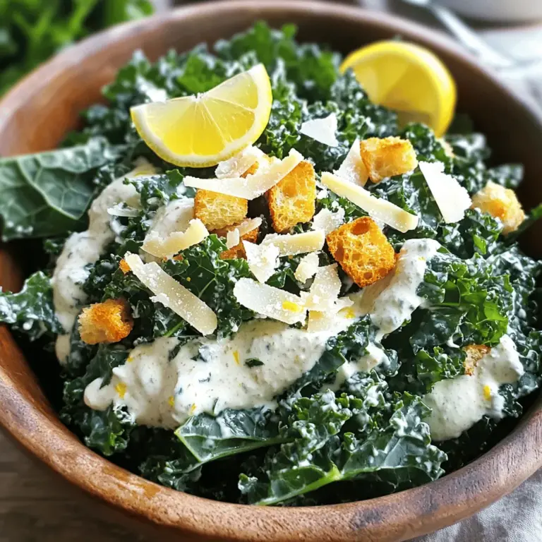 For this Kale Caesar Salad, start with fresh kale. Use one large bunch of kale, stemmed and chopped. Choose kale that is bright green and crisp. This adds a fresh crunch to your salad. The kale is the star of the dish. It holds up well against the dressing and toppings. Now, let’s talk about the dressing. You will need: - 1/4 cup plain Greek yogurt - 2 tablespoons lemon juice - 2 teaspoons Dijon mustard - 1 clove garlic, minced - 1 tablespoon olive oil - Salt and pepper to taste This dressing brings a creamy texture and tangy flavor. The Greek yogurt replaces heavy cream and adds protein. Lemon juice brightens the taste. Dijon mustard provides a nice kick. To make your salad even more special, consider some add-ins. You can add: - 1 cup croutons (store-bought or homemade) - 1/2 cup grated Parmesan cheese Croutons add a delightful crunch, while Parmesan gives a rich, salty flavor. Feel free to mix and match to suit your taste. You can also throw in some sliced cherry tomatoes or roasted chickpeas for extra color and nutrients. This Kale Caesar Salad is flexible and fun! For the complete recipe, check out the Full Recipe. Start by washing the kale well. This removes any dirt and grit. Next, remove the tough stems. You can take these off easily by pulling the leaves away. Tear the leaves into bite-sized pieces. Place the chopped kale in a large mixing bowl. Add a pinch of salt to the kale. Now, massage the leaves gently for about 2-3 minutes. This step makes the kale soft and tasty. In a different bowl, you will create the dressing. Start by adding plain Greek yogurt, lemon juice, Dijon mustard, minced garlic, and olive oil into the bowl. Whisk these ingredients together until they blend smoothly. This dressing will be creamy and flavorful. Once mixed, season the dressing with salt and pepper to taste. Adjust the seasoning to your liking. Pour the dressing over the prepared kale. Toss the kale well to coat every leaf with the dressing. Then, add the croutons and grated Parmesan cheese to the salad. Toss gently again to mix in these last ingredients. This adds crunch and richness to the salad. If you want, taste the salad and adjust the seasoning. Let the salad sit for about 5 minutes. This allows the flavors to blend nicely. Now, you have a fresh and healthy dish ready to enjoy! For the complete details, check the Full Recipe. To make kale taste better, you should massage it. This means you rub the leaves with your hands. Start by adding a pinch of salt to the chopped kale. Then, take a few leaves and squeeze them gently for about 2-3 minutes. This breaks down the tough fibers. It also makes the kale softer and more flavorful. You will notice a big difference in taste! Croutons add crunch to your salad. You can use store-bought croutons for ease. However, homemade croutons taste amazing! To make your own, use stale bread. Cut it into cubes and toss with olive oil and spices. Bake them until golden and crispy. They will elevate your salad's texture and flavor. The dressing can be adjusted to your liking. If you want it creamier, add more Greek yogurt. For a tangy taste, squeeze in extra lemon juice. Don't forget to season with salt and pepper. Taste as you go! This way, you create a dressing that fits your taste perfectly. You can find the full recipe for the salad to guide you through these steps. {{image_2}} You can make your Kale Caesar Salad more filling by adding protein. Grilled chicken or shrimp work great. You can also use chickpeas for a plant-based option. Simply roast chickpeas with olive oil and spices for crunch. Adding hard-boiled eggs gives you extra flavor and nutrition, too. While the classic dressing is tasty, you can switch it up. Try using tahini for a nutty taste. You could also mix avocado for a creamy texture. If you want a spicy kick, add sriracha or hot sauce to the dressing. This keeps your salad exciting and fresh every time you make it. Change your salad with seasonal ingredients for variety. In spring, add fresh peas or radishes for crunch. Summer brings ripe tomatoes, making your salad juicy. In fall, roasted butternut squash adds sweetness. Winter calls for slices of apples or pears, giving a crisp bite. These ingredients make your salad vibrant and full of flavor. For the full recipe, check out the details above. To keep your Kale Caesar Salad fresh, store any leftovers in an airtight container. Use a container that fits snugly to limit air exposure. This helps the salad stay crisp and tasty. If you have leftover dressing, store it separately. This keeps the croutons from getting soggy. The salad stays good for about 2-3 days in the fridge. To keep kale fresh, wrap it in a damp paper towel. Place it in a sealed bag in the fridge. This keeps the leaves hydrated but not too wet. Store croutons in a cool, dry place in an airtight container. This keeps them crunchy. Cheese should stay in its original packaging or in a sealed container to prevent drying out. You should not reheat a Kale Caesar Salad. The salad is best served cold. If you have warm elements, like grilled chicken, heat them separately. Add them to the salad just before serving. This keeps the salad fresh and vibrant. For more tips, check out the Full Recipe for ideas! Yes, you can use other greens like romaine or spinach. These greens have a mild taste. They will give you a different texture but still remain fresh. However, kale adds a nice crunch and health benefits. Kale Caesar Salad can last about 3 days in the fridge. Store it in an airtight container. The salad might lose some crunch after a day. It’s best eaten fresh. Yes, you can make this salad vegan. Replace Parmesan cheese with nutritional yeast. Use a dairy-free yogurt for the dressing. This keeps the salad tasty and creamy without the dairy. You still enjoy the flavors with these swaps. For the dressing, simply use a plant-based mayo or silken tofu for creaminess. In this post, we covered how to make a delicious Kale Caesar Salad. We looked at the fresh ingredients, the dressing, and optional add-ins. I shared step-by-step instructions for preparation, dressing, and combining the components. You learned tips for enhancing flavor and storage. Lastly, we explored variations to keep things exciting. With these steps, you can enjoy this healthy salad anytime. Feel free to mix and match ingredients based on your taste. Enjoy your salad!