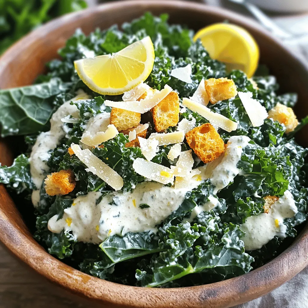 For this Kale Caesar Salad, start with fresh kale. Use one large bunch of kale, stemmed and chopped. Choose kale that is bright green and crisp. This adds a fresh crunch to your salad. The kale is the star of the dish. It holds up well against the dressing and toppings. Now, let’s talk about the dressing. You will need: - 1/4 cup plain Greek yogurt - 2 tablespoons lemon juice - 2 teaspoons Dijon mustard - 1 clove garlic, minced - 1 tablespoon olive oil - Salt and pepper to taste This dressing brings a creamy texture and tangy flavor. The Greek yogurt replaces heavy cream and adds protein. Lemon juice brightens the taste. Dijon mustard provides a nice kick. To make your salad even more special, consider some add-ins. You can add: - 1 cup croutons (store-bought or homemade) - 1/2 cup grated Parmesan cheese Croutons add a delightful crunch, while Parmesan gives a rich, salty flavor. Feel free to mix and match to suit your taste. You can also throw in some sliced cherry tomatoes or roasted chickpeas for extra color and nutrients. This Kale Caesar Salad is flexible and fun! For the complete recipe, check out the Full Recipe. Start by washing the kale well. This removes any dirt and grit. Next, remove the tough stems. You can take these off easily by pulling the leaves away. Tear the leaves into bite-sized pieces. Place the chopped kale in a large mixing bowl. Add a pinch of salt to the kale. Now, massage the leaves gently for about 2-3 minutes. This step makes the kale soft and tasty. In a different bowl, you will create the dressing. Start by adding plain Greek yogurt, lemon juice, Dijon mustard, minced garlic, and olive oil into the bowl. Whisk these ingredients together until they blend smoothly. This dressing will be creamy and flavorful. Once mixed, season the dressing with salt and pepper to taste. Adjust the seasoning to your liking. Pour the dressing over the prepared kale. Toss the kale well to coat every leaf with the dressing. Then, add the croutons and grated Parmesan cheese to the salad. Toss gently again to mix in these last ingredients. This adds crunch and richness to the salad. If you want, taste the salad and adjust the seasoning. Let the salad sit for about 5 minutes. This allows the flavors to blend nicely. Now, you have a fresh and healthy dish ready to enjoy! For the complete details, check the Full Recipe. To make kale taste better, you should massage it. This means you rub the leaves with your hands. Start by adding a pinch of salt to the chopped kale. Then, take a few leaves and squeeze them gently for about 2-3 minutes. This breaks down the tough fibers. It also makes the kale softer and more flavorful. You will notice a big difference in taste! Croutons add crunch to your salad. You can use store-bought croutons for ease. However, homemade croutons taste amazing! To make your own, use stale bread. Cut it into cubes and toss with olive oil and spices. Bake them until golden and crispy. They will elevate your salad's texture and flavor. The dressing can be adjusted to your liking. If you want it creamier, add more Greek yogurt. For a tangy taste, squeeze in extra lemon juice. Don't forget to season with salt and pepper. Taste as you go! This way, you create a dressing that fits your taste perfectly. You can find the full recipe for the salad to guide you through these steps. {{image_2}} You can make your Kale Caesar Salad more filling by adding protein. Grilled chicken or shrimp work great. You can also use chickpeas for a plant-based option. Simply roast chickpeas with olive oil and spices for crunch. Adding hard-boiled eggs gives you extra flavor and nutrition, too. While the classic dressing is tasty, you can switch it up. Try using tahini for a nutty taste. You could also mix avocado for a creamy texture. If you want a spicy kick, add sriracha or hot sauce to the dressing. This keeps your salad exciting and fresh every time you make it. Change your salad with seasonal ingredients for variety. In spring, add fresh peas or radishes for crunch. Summer brings ripe tomatoes, making your salad juicy. In fall, roasted butternut squash adds sweetness. Winter calls for slices of apples or pears, giving a crisp bite. These ingredients make your salad vibrant and full of flavor. For the full recipe, check out the details above. To keep your Kale Caesar Salad fresh, store any leftovers in an airtight container. Use a container that fits snugly to limit air exposure. This helps the salad stay crisp and tasty. If you have leftover dressing, store it separately. This keeps the croutons from getting soggy. The salad stays good for about 2-3 days in the fridge. To keep kale fresh, wrap it in a damp paper towel. Place it in a sealed bag in the fridge. This keeps the leaves hydrated but not too wet. Store croutons in a cool, dry place in an airtight container. This keeps them crunchy. Cheese should stay in its original packaging or in a sealed container to prevent drying out. You should not reheat a Kale Caesar Salad. The salad is best served cold. If you have warm elements, like grilled chicken, heat them separately. Add them to the salad just before serving. This keeps the salad fresh and vibrant. For more tips, check out the Full Recipe for ideas! Yes, you can use other greens like romaine or spinach. These greens have a mild taste. They will give you a different texture but still remain fresh. However, kale adds a nice crunch and health benefits. Kale Caesar Salad can last about 3 days in the fridge. Store it in an airtight container. The salad might lose some crunch after a day. It’s best eaten fresh. Yes, you can make this salad vegan. Replace Parmesan cheese with nutritional yeast. Use a dairy-free yogurt for the dressing. This keeps the salad tasty and creamy without the dairy. You still enjoy the flavors with these swaps. For the dressing, simply use a plant-based mayo or silken tofu for creaminess. In this post, we covered how to make a delicious Kale Caesar Salad. We looked at the fresh ingredients, the dressing, and optional add-ins. I shared step-by-step instructions for preparation, dressing, and combining the components. You learned tips for enhancing flavor and storage. Lastly, we explored variations to keep things exciting. With these steps, you can enjoy this healthy salad anytime. Feel free to mix and match ingredients based on your taste. Enjoy your salad!