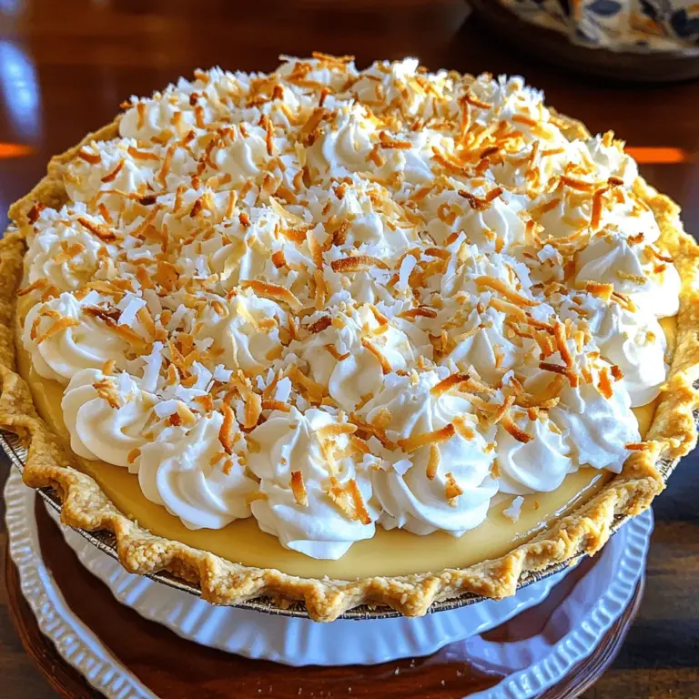 - 1 pre-made pie crust (9-inch) - 1 cup unsweetened coconut flakes (toasted) - 1 cup heavy whipping cream - 1 cup coconut milk - ½ cup granulated sugar - ¼ cup cornstarch - 3 large egg yolks - 1 teaspoon vanilla extract - Pinch of salt - Extra coconut flakes for garnish For those who need metric measurements: - 1 pre-made pie crust (9-inch) = 23 cm - 1 cup = 240 ml - ½ cup = 120 ml - ¼ cup = 60 ml - 3 large egg yolks = about 50 grams Common substitutes include: - Coconut milk can be swapped with almond milk or oat milk. - Granulated sugar can be replaced with brown sugar for a richer taste. Choosing fresh coconut over packaged is key. Fresh coconut has a sweeter taste and more texture. Use it if you can find it. High-quality whipping cream makes a big difference. It whips easier and tastes richer. This helps create a light and fluffy filling. Your coconut cream pie will shine with great ingredients! For the full recipe, check out the Tropical Bliss Coconut Cream Pie section above. Toasting the coconut Start by preheating your oven to 350°F (175°C). Spread the unsweetened coconut flakes on a baking sheet. Toast them for about 5 to 7 minutes. Stir occasionally until they turn golden brown. This step adds a rich flavor to your pie. Once done, take them out and let them cool. Preparing the pie crust Place your pre-made pie crust in a pie dish. Pre-bake it according to the package instructions. This helps the crust stay crisp. Allow the crust to cool completely before adding the filling. Mixing dry and wet ingredients In a medium saucepan, whisk together ½ cup of sugar, ¼ cup of cornstarch, and a pinch of salt. In another bowl, whisk together 3 egg yolks and 1 cup of coconut milk. Make sure they mix well. Slowly add the egg mixture into the dry ingredients. Stir until smooth. Cooking for the right consistency Place the saucepan over medium heat. Stir this mixture continuously as it heats. You want it to thicken and bubble, which takes about 5 to 7 minutes. Once thick, remove it from heat. Stir in 1 teaspoon of vanilla extract and the toasted coconut flakes, saving some for later. Combining filling with whipped cream In a separate bowl, beat 1 cup of heavy whipping cream until stiff peaks form. Gently fold this whipped cream into the coconut mixture. This creates a light and fluffy filling. Be careful not to deflate the whipped cream. Filling the crust and setting the pie Pour the coconut cream filling into your cooled pie crust. Spread it evenly with a spatula. Cover the pie with plastic wrap and refrigerate for at least 4 hours or until it sets. This helps the flavors meld together perfectly. Enjoy making your Tropical Bliss Coconut Cream Pie with these simple steps! For the full recipe, refer to the recipe above. To get the right thickness for your filling, cook it slowly. Stir it often. When the mixture bubbles, it is ready. This usually takes about 5 to 7 minutes. If you want a thicker filling, let it cook a bit longer. To avoid lumps in your filling, mix the dry ingredients well. Whisk them together before adding wet ingredients. When you add the egg yolks and coconut milk, do it slowly. This helps create a smooth mix. If lumps form, strain the mixture before cooking. For the best whipped cream, start with cold heavy cream. Use a chilled bowl and beaters. Whip on medium speed until stiff peaks form. This means the cream stands tall and holds its shape. Be careful not to overwhip, or it can turn grainy. To fold whipped cream correctly, use a spatula. Start with a small amount of whipped cream. Mix it into the coconut filling gently. Then, add the rest in two parts. This keeps the mixture light and fluffy. Pair your coconut cream pie with a scoop of vanilla ice cream. This adds a nice contrast to the creamy pie. You can also top it with chocolate shavings or fresh fruit. For drinks, iced tea or coconut water works well. A light white wine could also be a nice touch. It balances the sweet flavors of the pie. Explore the [Full Recipe] for a delicious experience! {{image_2}} You can make a vegan version of coconut cream pie. For this, use non-dairy milk instead of coconut milk. Almond or soy milk work well. For the cream, use coconut cream or a vegan whipped topping. Instead of eggs, you can use cornstarch or a flaxseed mixture. Mix one tablespoon of flaxseed with three tablespoons of water. Let it sit for a few minutes until it thickens. For the crust, use a store-bought vegan crust or make your own. Use crushed nuts and dates to create a simple crust. This gives a nice flavor and texture to the pie. If you need a gluten-free crust, many options exist. You can find gluten-free pie crusts at stores. You can also make one from almond flour or crushed gluten-free cookies. This gives the pie a tasty crunch. For the filling, keep the main ingredients the same. Just make sure your cornstarch is certified gluten-free. This will help keep the texture smooth and creamy. Feel free to mix in other flavors for fun. Adding chocolate makes a rich twist. Just melt some dark chocolate and stir it into the coconut filling. You can also add lemon zest for a fresh taste. Just a teaspoon will brighten the flavor. If you like nuts, try adding them on top or in the filling. Chopped pecans or sliced almonds work great. They add a nice crunch and extra flavor to your pie. For the full recipe, check out the Tropical Bliss Coconut Cream Pie. To keep your coconut cream pie fresh, store it in the fridge. Use a pie cover or plastic wrap to protect it. This helps keep it moist and tasty. Your pie will last about 3 to 4 days in the fridge. After that, it may lose its charm. Want to freeze your coconut cream pie? First, let it cool completely. Wrap it well in plastic wrap and then foil. This prevents freezer burn. You can freeze it for up to 2 months. When you're ready to enjoy it, thaw the pie in the fridge overnight. This helps keep the texture smooth and creamy. If you want to serve your pie after refrigeration, it's best cold. Some like it at room temperature, too. To restore texture after freezing, let it sit out for a bit. This helps it soften. If you notice any watery spots, gently pat them with a paper towel. Enjoy your coconut cream pie delightfully! The best way to serve coconut cream pie is cold. Chill it in the fridge for a few hours. This helps the filling set properly. I like to garnish it with extra toasted coconut flakes. You can also add a dollop of whipped cream on top. This adds a nice touch. Serve it with a fork and enjoy each bite! Yes, you can make coconut cream pie ahead of time. I recommend preparing it a day before your event. This allows the flavors to meld well. Make sure to refrigerate it for at least four hours. This helps the filling firm up nicely. If you need to keep it longer, it can last up to three days in the fridge. If your filling is runny, don’t worry! You can fix it. First, make sure you cooked it long enough. It should thicken and bubble on the stove. If it’s still runny, you can mix a bit more cornstarch with cold water. Then, heat it gently in a saucepan. Stir until it thickens. This will help achieve the perfect consistency for your filling. In this post, we covered the essentials for making a coconut cream pie. We discussed the best ingredients, how to prepare and assemble the pie, plus tips for perfecting your filling. Remember to choose quality ingredients for the best flavor. You can try variations like vegan or gluten-free options too. Enjoy your pie fresh, and if you need tips on storage or serving, just refer back to this guide. With practice, you can master this delicious dessert!