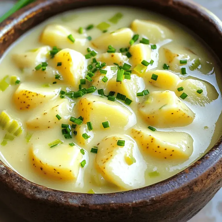 For a creamy potato leek soup, you need these key items: - 4 medium-sized Yukon Gold potatoes, peeled and diced - 3 leeks, cleaned and sliced (white and light green parts) - 1 medium onion, chopped - 3 cloves garlic, minced - 4 cups vegetable broth - 1 cup heavy cream (or a plant-based alternative) - 2 tablespoons olive oil - Salt and pepper to taste - Fresh chives or parsley for garnish These ingredients come together to create a rich and hearty dish. Yukon Gold potatoes give a buttery flavor. Leeks add a sweet, mild onion taste. The garlic brings a warm depth to the soup, making it even more satisfying. You can customize your soup with these optional ingredients: - A splash of white wine for acidity - A pinch of nutmeg for warmth - Chopped bacon for a smoky flavor - Cooked chicken for added protein Feel free to experiment! Each addition can change the flavor and texture of your soup. Each serving of creamy potato leek soup has: - Calories: 350 - Protein: 6g - Fat: 20g - Carbohydrates: 36g - Fiber: 4g - Sugars: 2g This soup is filling and comforting. It provides a good mix of carbs and healthy fats. The fiber content helps keep your digestion on track. With the creamy texture, it feels like a treat, but it also nourishes your body. For the full recipe, check out the details above! Start by peeling and dicing the Yukon Gold potatoes. Aim for small, even pieces. This helps them cook faster. Next, clean the leeks well. Cut off the dark green tops and slice the white and light green parts. Rinse the sliced leeks under water to remove any dirt. Now, chop the onion and mince the garlic. These steps set you up for a smooth cooking process. Heat two tablespoons of olive oil in a large pot over medium heat. Once hot, add the chopped onion, sliced leeks, and minced garlic. Sauté for about five to seven minutes. You want the veggies to soften and smell good. Next, stir in the diced potatoes. Cook for an extra three minutes. This gives the potatoes a head start. Now, pour in four cups of vegetable broth. Bring the mixture to a boil. Once boiling, lower the heat and let it simmer for about twenty minutes. The potatoes should be tender when you check. After simmering, carefully blend the soup until it is smooth and creamy. You can use an immersion blender right in the pot. If you prefer, transfer the soup in batches to a countertop blender. Once blended, return it to the pot. Stir in one cup of heavy cream or a plant-based cream alternative. Mix well and season with salt and pepper to taste. Let the soup simmer for an extra five minutes. This helps all the flavors come together. Finally, serve hot and garnish with fresh chives or parsley. For the complete recipe, check the Full Recipe. To make a great creamy potato leek soup, pick the right potatoes and leeks. For potatoes, I love Yukon Gold. They have a creamy texture and rich flavor. Look for firm potatoes with smooth skin. Avoid any with brown spots or soft spots. For leeks, choose ones that are firm and bright. The white and light green parts are best for this soup. Make sure to clean them well, as dirt hides between the layers. To boost the flavor of your soup, try adding some herbs. Thyme and bay leaves bring warmth and depth. You can also add a splash of lemon juice for brightness. If you like a little heat, add a pinch of red pepper flakes. For a richer taste, try sautéing your garlic until golden. This small step makes a big difference. You can also use chicken broth instead of vegetable broth for extra flavor. One mistake to avoid is not cutting your vegetables evenly. This can lead to uneven cooking. Make sure to dice your potatoes and chop your leeks the same size. Another mistake is not blending enough. You want the soup to be smooth and creamy. If you don’t blend it well, it may be chunky. Lastly, don’t skip the seasoning. Taste as you go and adjust salt and pepper for the best flavor. For the full recipe, check out the Creamy Potato Leek Soup section above. {{image_2}} You can easily make this soup vegan. Instead of heavy cream, use a plant-based cream. Coconut cream works well and adds a nice flavor. You can also use almond milk or cashew cream. Just choose what you love best. For the broth, ensure it is vegetable-based. This keeps the soup rich and creamy without dairy. Want to add some protein? You have great options! For a meaty flavor, try cooked bacon. Just chop it up and stir it in. You can also add shredded chicken for a hearty touch. If you prefer plant-based choices, try tofu. Just cube it and sauté it with the onions and leeks. Each option adds its own flavor and makes the soup even more filling. Herbs and spices can change the whole taste of your soup! Fresh thyme or rosemary adds a lovely aroma. A pinch of smoked paprika gives a warm depth. If you like it spicy, add a dash of cayenne pepper. For a fresh finish, sprinkle in some chopped chives or parsley before serving. Try different combinations to find what you love most. Explore your creativity with flavors! For the full recipe, check out the section above. To store leftovers, let the soup cool first. Pour it into a clean, airtight container. Label the container with the date. Place it in the fridge. You can keep it for up to five days. If you want to enjoy it later, freezing is an option. When reheating, use a pot on low heat. Stir often to avoid sticking. If the soup is too thick, add a splash of broth or water. Heat until warm, about 5 to 10 minutes. This will help keep the creamy texture smooth. To freeze, use freezer-safe containers. Leave some space at the top for expansion. The soup can stay fresh for up to three months. When ready to eat, thaw it overnight in the fridge. Reheat it gently on the stove for the best results. For the full recipe, check the article above. Enjoy your creamy potato leek soup! Yes, you can use other types of potatoes. Russets or red potatoes work well. Each type adds its own taste and texture. Yukon Gold potatoes give a creamy feel, but others can be just as good. Try them out based on what you have. This recipe is already gluten-free! The main ingredients are potatoes, leeks, and broth. Just check your broth to ensure it contains no gluten. If you use cream, most heavy creams are gluten-free too. Always read labels for safe cooking. You can serve this soup with crusty bread or a fresh salad. Grilled cheese sandwiches also pair nicely. For a hearty meal, add a protein like chicken or shrimp. This soup is warm and filling, so keep sides light. For the full recipe, check the [Full Recipe]. This blog post covered how to make potato leek soup. We discussed key ingredients, steps, and methods. From choosing the best potatoes to blending techniques, you learned a lot. We explored variations, nutritional facts, and storage tips. Remember to keep flavors bright and avoid common errors. Enjoy making this warm, hearty soup. Experiment with different options to find your favorite twist. With practice, you'll create the perfect bowl every time.